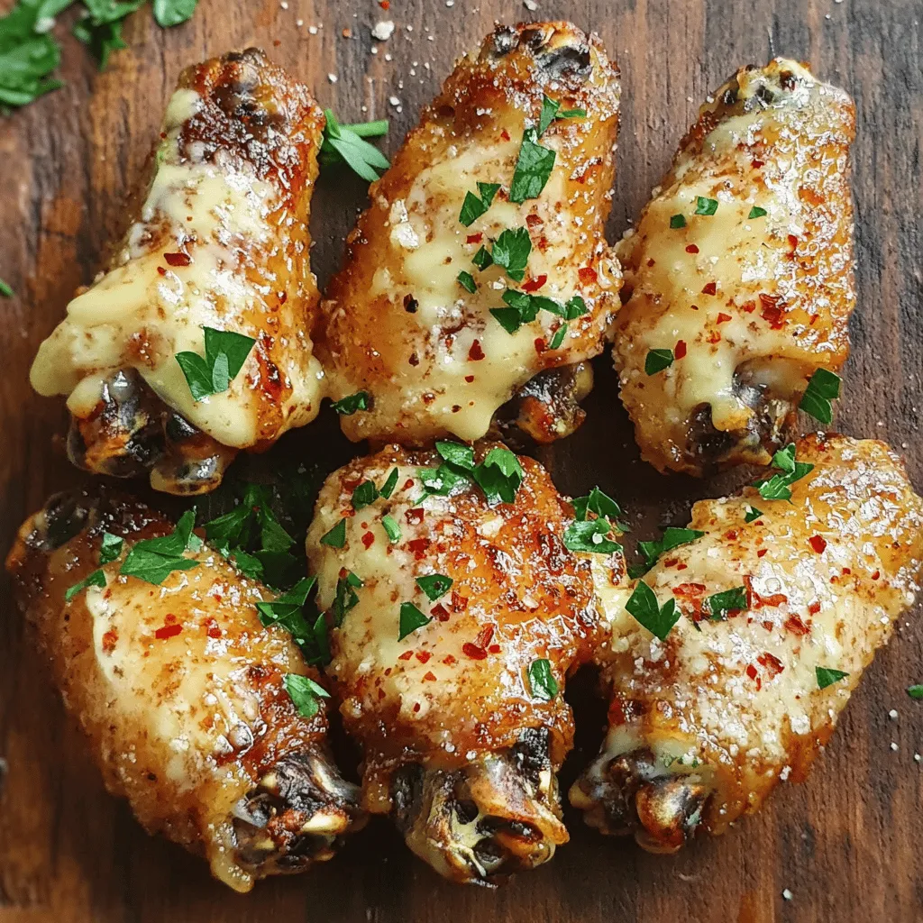 - 2 pounds chicken wings - 1 cup all-purpose flour - ½ cup unsalted butter, melted - 1 teaspoon garlic powder - 1 teaspoon onion powder - 1 cup freshly grated Parmesan cheese - 2 tablespoons fresh parsley, finely chopped - Red pepper flakes for extra heat When you make crispy garlic Parmesan wings, you start with fresh chicken wings. These wings will be the main star of your dish. You also need all-purpose flour to coat the wings. This flour gives them that crispy crunch we all love. Unsalted butter adds a rich flavor and helps the garlic stick to the wings. Next, we have our seasonings. Garlic powder and onion powder are key for that bold taste. Parmesan cheese brings a cheesy, savory touch that makes these wings irresistible. You can’t skip this ingredient! For some fun, think about adding fresh parsley. It adds a pop of color and freshness. If you want a kick, sprinkle some red pepper flakes on top. These optional add-ins let you customize your wings just how you like them. Ready for the full recipe? You can find it [here](insert-link). Let's get cooking! 1. First, preheat your oven to 425°F (220°C). This will help achieve that perfect crisp. 2. In a large bowl, mix the flour, baking powder, garlic powder, onion powder, salt, and black pepper. Whisk until it’s blended well. 3. Pat the chicken wings dry using paper towels. This step is key for crispiness. 4. Toss the wings in the flour mixture. Make sure every wing is coated. Shake off any extra flour. 1. Arrange the wings on a baking sheet lined with parchment paper. Keep them in a single layer. They should not touch each other. 2. Bake the wings for 40-45 minutes. Halfway through, flip them over for even cooking. Look for a golden brown color. 1. While the wings bake, melt the butter in a small saucepan over low heat. 2. Add the finely minced garlic to the melted butter. Sauté for 1-2 minutes. Stir often and watch it closely to avoid burning. Once the wings are done, toss them in the warm garlic butter. Mix them with freshly grated Parmesan cheese and chopped parsley. This is the moment when the magic happens! For the full recipe, check the earlier section. Enjoy every bite! To make your wings extra crispy, you must dry them well. Pat the chicken wings with paper towels before cooking. This removes moisture, which helps the skin get that perfect crunch. Next, space them out on the baking sheet. Avoid crowding the wings. If they touch, they will steam instead of crisp up. A single layer is key for that golden brown finish. Choosing high-quality Parmesan cheese makes a big impact on flavor. Freshly grated cheese is best. It melts well and adds rich taste. Avoid pre-grated cheese, as it often has anti-caking agents that can change the texture. You can also add spice variations for extra flavor. Consider red pepper flakes or a dash of cayenne. These add warmth and depth to the wings without overpowering the garlic and Parmesan. Serve your crispy garlic Parmesan wings with tasty sides. Celery sticks and carrot sticks are classic choices. They add crunch and freshness. Pair them with a creamy dip, like ranch or blue cheese, for extra flavor. For presentation, arrange the wings on a large platter. Sprinkle fresh parsley on top for color. You can also serve them with lemon wedges for a zesty finish. These simple touches make your dish look great and inviting. For a full recipe, check out the [Full Recipe]. {{image_4}} To make spicy garlic Parmesan wings, you can add hot sauce or chili powder to the mix. This gives a nice kick to the wings. You can use your favorite hot sauce or a sprinkle of chili powder to taste. I often use a few dashes of Frank's RedHot for some heat. Just mix it in with the garlic butter before tossing the wings. This way, each wing gets coated evenly with that spicy goodness. You can also infuse your wings with fresh herbs. Adding rosemary, thyme, or oregano can bring a new flavor. Simply chop the herbs finely and mix them with the Parmesan cheese. When you toss the wings in the cheesy mixture, the herbs will add a fresh taste. This variation is perfect for herb lovers. You could even try a blend of herbs for a unique twist! While baking makes wings crispy and is healthier, frying provides a different texture. If you choose to fry, heat oil in a large pot. Fry the wings in batches until they are golden brown. This method gives you a crunchier skin. However, I love baked wings for their ease and less mess. Either way, you get delicious wings. Choose the method that fits your style. For the full recipe, check out the complete details above! To store leftover wings, first let them cool. Place the wings in an airtight container. Make sure the container seals well to keep the wings fresh. Store them in the fridge for up to four days. If you want to keep them longer, freezing is a great option. When reheating wings, aim to keep them crispy. Preheat your oven to 350°F (175°C). Place the wings on a baking sheet. Heat them for about 10 to 15 minutes, turning halfway. This method helps restore their crunch. You can also use an air fryer. Set it to 350°F and heat for about 5 to 7 minutes. To freeze wings, first, let them cool completely. Arrange them in a single layer on a baking sheet. Place this in the freezer for about an hour. Once frozen, transfer the wings to a freezer-safe bag. Remove as much air as possible before sealing. You can freeze them for up to three months. To defrost, move them to the fridge overnight or use the microwave on defrost mode. For the full recipe, check out the complete article. Bake your wings for 40 to 45 minutes at 425°F (220°C). Flip them halfway to get even crispiness. Look for a golden brown color to know they are ready. Yes, you can use frozen chicken wings. Just thaw them completely before baking. Pat them dry to help them crisp up. These wings pair well with many sides. Here are some great options: - Celery sticks - Carrot sticks - Ranch dressing - Blue cheese dressing - Potato wedges - A fresh garden salad For more ideas, check out the Full Recipe for inspiration. You now have all you need to make crispy garlic parmesan wings. Start with simple ingredients like chicken, flour, and butter. Follow the step-by-step instructions for perfect wings. Use tips to get that crispiness right. You can also try fun variations for added flavor. Remember to store leftovers well and reheat them for the best taste. Enjoy these wings at your next meal or gathering. They are sure to impress!