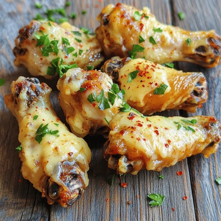 - 2 pounds chicken wings - 1 cup all-purpose flour - ½ cup unsalted butter, melted - 1 teaspoon garlic powder - 1 teaspoon onion powder - 1 cup freshly grated Parmesan cheese - 2 tablespoons fresh parsley, finely chopped - Red pepper flakes for extra heat When you make crispy garlic Parmesan wings, you start with fresh chicken wings. These wings will be the main star of your dish. You also need all-purpose flour to coat the wings. This flour gives them that crispy crunch we all love. Unsalted butter adds a rich flavor and helps the garlic stick to the wings. Next, we have our seasonings. Garlic powder and onion powder are key for that bold taste. Parmesan cheese brings a cheesy, savory touch that makes these wings irresistible. You can’t skip this ingredient! For some fun, think about adding fresh parsley. It adds a pop of color and freshness. If you want a kick, sprinkle some red pepper flakes on top. These optional add-ins let you customize your wings just how you like them. Ready for the full recipe? You can find it [here](insert-link). Let's get cooking! 1. First, preheat your oven to 425°F (220°C). This will help achieve that perfect crisp. 2. In a large bowl, mix the flour, baking powder, garlic powder, onion powder, salt, and black pepper. Whisk until it’s blended well. 3. Pat the chicken wings dry using paper towels. This step is key for crispiness. 4. Toss the wings in the flour mixture. Make sure every wing is coated. Shake off any extra flour. 1. Arrange the wings on a baking sheet lined with parchment paper. Keep them in a single layer. They should not touch each other. 2. Bake the wings for 40-45 minutes. Halfway through, flip them over for even cooking. Look for a golden brown color. 1. While the wings bake, melt the butter in a small saucepan over low heat. 2. Add the finely minced garlic to the melted butter. Sauté for 1-2 minutes. Stir often and watch it closely to avoid burning. Once the wings are done, toss them in the warm garlic butter. Mix them with freshly grated Parmesan cheese and chopped parsley. This is the moment when the magic happens! For the full recipe, check the earlier section. Enjoy every bite! To make your wings extra crispy, you must dry them well. Pat the chicken wings with paper towels before cooking. This removes moisture, which helps the skin get that perfect crunch. Next, space them out on the baking sheet. Avoid crowding the wings. If they touch, they will steam instead of crisp up. A single layer is key for that golden brown finish. Choosing high-quality Parmesan cheese makes a big impact on flavor. Freshly grated cheese is best. It melts well and adds rich taste. Avoid pre-grated cheese, as it often has anti-caking agents that can change the texture. You can also add spice variations for extra flavor. Consider red pepper flakes or a dash of cayenne. These add warmth and depth to the wings without overpowering the garlic and Parmesan. Serve your crispy garlic Parmesan wings with tasty sides. Celery sticks and carrot sticks are classic choices. They add crunch and freshness. Pair them with a creamy dip, like ranch or blue cheese, for extra flavor. For presentation, arrange the wings on a large platter. Sprinkle fresh parsley on top for color. You can also serve them with lemon wedges for a zesty finish. These simple touches make your dish look great and inviting. For a full recipe, check out the [Full Recipe]. {{image_4}} To make spicy garlic Parmesan wings, you can add hot sauce or chili powder to the mix. This gives a nice kick to the wings. You can use your favorite hot sauce or a sprinkle of chili powder to taste. I often use a few dashes of Frank's RedHot for some heat. Just mix it in with the garlic butter before tossing the wings. This way, each wing gets coated evenly with that spicy goodness. You can also infuse your wings with fresh herbs. Adding rosemary, thyme, or oregano can bring a new flavor. Simply chop the herbs finely and mix them with the Parmesan cheese. When you toss the wings in the cheesy mixture, the herbs will add a fresh taste. This variation is perfect for herb lovers. You could even try a blend of herbs for a unique twist! While baking makes wings crispy and is healthier, frying provides a different texture. If you choose to fry, heat oil in a large pot. Fry the wings in batches until they are golden brown. This method gives you a crunchier skin. However, I love baked wings for their ease and less mess. Either way, you get delicious wings. Choose the method that fits your style. For the full recipe, check out the complete details above! To store leftover wings, first let them cool. Place the wings in an airtight container. Make sure the container seals well to keep the wings fresh. Store them in the fridge for up to four days. If you want to keep them longer, freezing is a great option. When reheating wings, aim to keep them crispy. Preheat your oven to 350°F (175°C). Place the wings on a baking sheet. Heat them for about 10 to 15 minutes, turning halfway. This method helps restore their crunch. You can also use an air fryer. Set it to 350°F and heat for about 5 to 7 minutes. To freeze wings, first, let them cool completely. Arrange them in a single layer on a baking sheet. Place this in the freezer for about an hour. Once frozen, transfer the wings to a freezer-safe bag. Remove as much air as possible before sealing. You can freeze them for up to three months. To defrost, move them to the fridge overnight or use the microwave on defrost mode. For the full recipe, check out the complete article. Bake your wings for 40 to 45 minutes at 425°F (220°C). Flip them halfway to get even crispiness. Look for a golden brown color to know they are ready. Yes, you can use frozen chicken wings. Just thaw them completely before baking. Pat them dry to help them crisp up. These wings pair well with many sides. Here are some great options: - Celery sticks - Carrot sticks - Ranch dressing - Blue cheese dressing - Potato wedges - A fresh garden salad For more ideas, check out the Full Recipe for inspiration. You now have all you need to make crispy garlic parmesan wings. Start with simple ingredients like chicken, flour, and butter. Follow the step-by-step instructions for perfect wings. Use tips to get that crispiness right. You can also try fun variations for added flavor. Remember to store leftovers well and reheat them for the best taste. Enjoy these wings at your next meal or gathering. They are sure to impress!