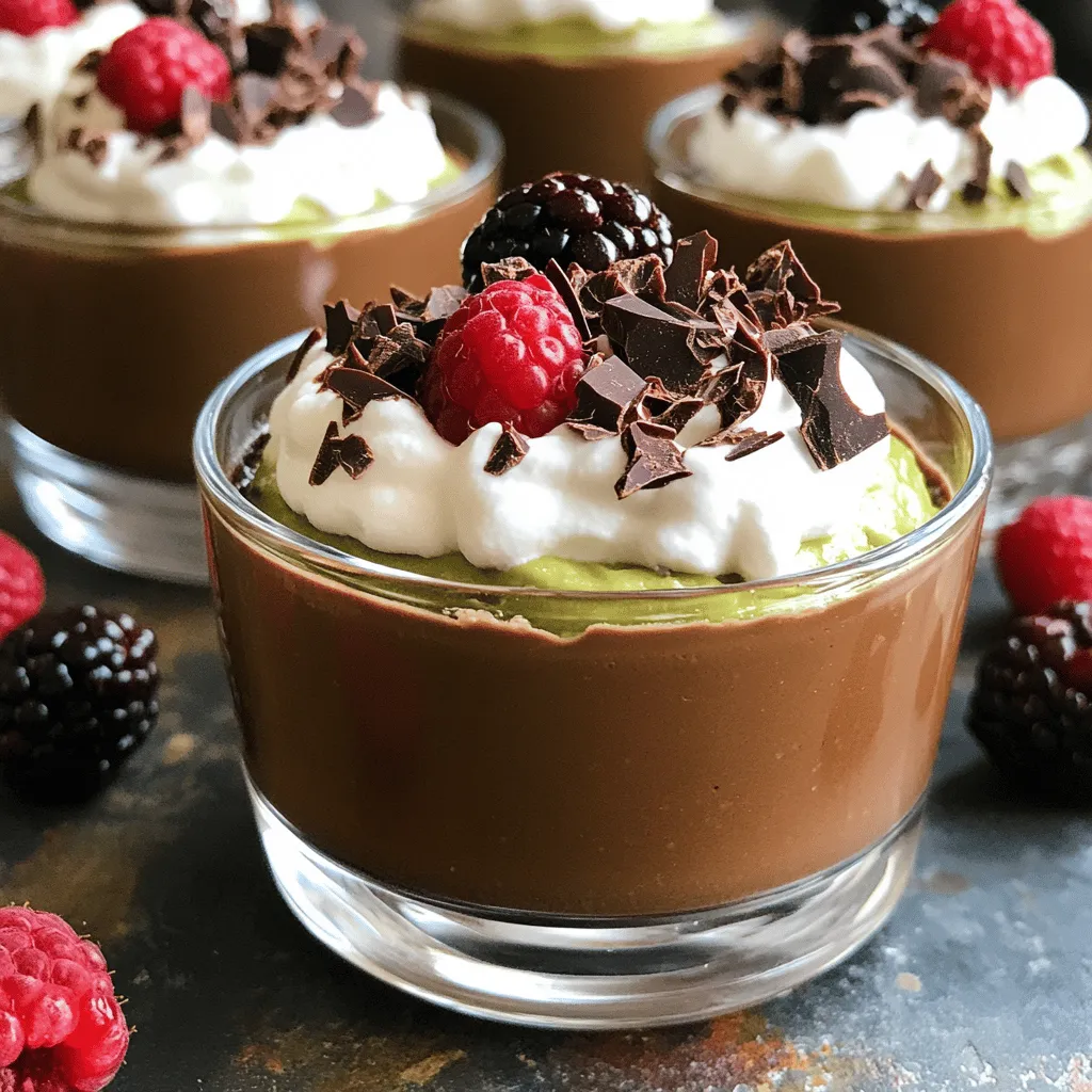 To make this rich chocolate avocado mousse, gather these simple ingredients: - 2 ripe avocados, pitted and peeled - 1/2 cup unsweetened cocoa powder - 1/2 cup pure maple syrup or honey (or to taste) - 1/4 cup almond milk (or your preferred non-dairy milk) - 1 teaspoon pure vanilla extract - A pinch of salt Toppings can add fun and flavor. Here are some great options: - Whipped coconut cream - Dark chocolate shavings - Fresh berries - Crushed nuts If you need to swap ingredients, here are some ideas: - Use silken tofu instead of avocados for a different texture. - Try a sugar substitute, like agave nectar, for a lower-calorie option. - For a nut-free version, use oat milk instead of almond milk. These swaps can help you customize the mousse to fit your needs. You can find the full recipe above and explore more options to make this dish your own! Start by picking ripe avocados. Their skin should be dark green and slightly soft. Cut the avocados in half, remove the pit, and scoop the flesh into your food processor. This process makes the mousse creamy and rich. Blend the avocados until they are smooth. You might need to stop and scrape the sides. This ensures every bit gets blended evenly. Once your avocados are smooth, it’s time to add the rest of the ingredients. Add 1/2 cup of unsweetened cocoa powder, 1/2 cup of pure maple syrup or honey, 1/4 cup of almond milk, 1 teaspoon of pure vanilla extract, and a pinch of salt to the processor. Blend again on high until the mix is creamy and smooth. Taste the mousse and adjust the sweetness if needed. Sometimes, a little more maple syrup or honey can make it perfect! Carefully transfer the mousse into individual bowls or dessert glasses. Cover each bowl with plastic wrap. Place them in the refrigerator for at least 30 minutes. This chilling time helps the mousse set and enhances the flavors. When you’re ready to serve, take the mousse out of the fridge. You can top it with whipped coconut cream, dark chocolate shavings, fresh berries, or crushed nuts. These toppings add texture and extra flavor, making your dessert even more delightful. For the full recipe, refer to the beginning of this article. To get that rich and creamy mousse, start with ripe avocados. Soft avocados blend smoother. You should blend your avocados until they are completely smooth. If you see lumps, keep blending. Adding almond milk helps achieve a lighter texture. If the mousse is too thick, just add a little more almond milk. Taste is key! After blending your ingredients, taste the mousse. If you want it sweeter, add more maple syrup or honey. You can mix in a little at a time. This way, you control the sweetness. Remember, the cocoa powder adds some bitterness, so balance is important. For a stunning presentation, use clear dessert cups. This shows off the rich color of your mousse. Top each serving with a dollop of whipped coconut cream. Dark chocolate shavings or fresh berries add a nice touch. You can even sprinkle some crushed nuts for extra crunch. Serve it chilled for the best taste. Check out the Full Recipe for more details! {{image_4}} If you're looking for a vegan treat, you’re in luck. The base of this mousse is already plant-based. Just use maple syrup instead of honey. This change keeps it sweet and vegan-friendly. You can enjoy a creamy dessert that feels rich without any dairy. Adding flavors can make the mousse even more exciting. If you love mint, add a few drops of peppermint extract. It gives a fresh twist. For coffee lovers, try adding a teaspoon of instant coffee. This will enhance the chocolate taste and add depth to your mousse. If you want to cut back on sugar, there are easy fixes. Use less maple syrup or honey. You can also try using a sugar substitute like stevia. This keeps the mousse sweet without the extra calories. Just remember to taste as you go to find your perfect balance. For the full recipe, check out the detailed instructions above. After enjoying your Chocolate Avocado Mousse, you may have some left. To keep it fresh, store it in an airtight container. I recommend covering the surface with plastic wrap. This step helps prevent browning. Place it in the fridge. It will stay delicious for about two days. If you want to save some mousse for later, you can freeze it. Use an airtight container or freezer-safe bags. Make sure to leave some space for expansion. When you're ready to enjoy it, thaw the mousse in the fridge overnight. This way, it maintains its creaminess. The mousse is best when eaten fresh. It stays good in the fridge for about two days. When frozen, it can last for up to a month. To enjoy the best flavor, try to eat it sooner. Always check for any changes in smell or texture before eating. If you do not have cocoa powder, you can use carob powder. Carob has a mild, sweet flavor. You can also try Dutch-processed cocoa. It is less bitter than regular cocoa. Dark chocolate can work too. Melt it and mix it into the mousse. Just remember, any change will alter the taste a bit. Yes, this mousse is healthy! It uses ripe avocados, which are full of good fats. These fats help your heart and keep you full. The cocoa powder offers antioxidants that help fight free radicals. If you use maple syrup or honey, it adds sweetness without refined sugar. Overall, this dessert gives you taste and nutrition. Chocolate Avocado Mousse stays fresh for about three days in the fridge. Make sure to cover it well. Use plastic wrap or an airtight container to keep it fresh. If you see any change in smell or color, throw it out to be safe. Enjoy the mousse while it's still creamy and yummy! This blog post covered how to make chocolate avocado mousse. We discussed the best ingredients, different toppings, and substitutes. I explained the step-by-step process and shared tips for the perfect texture. You also learned about fun variations and storage options. In summary, making this mousse is easy and fun. You can tailor it to your taste or diet. Enjoy creating your own delicious treats!