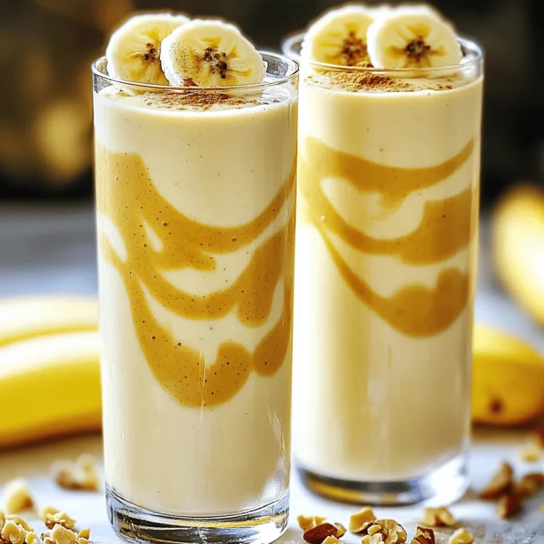 - 2 ripe bananas, frozen - 2 tablespoons natural peanut butter - 1 cup unsweetened almond milk (or preferred milk) - Optional sweeteners and additional ingredients The main ingredients in this smoothie are simple yet powerful. The ripe bananas bring natural sweetness and creaminess. When frozen, they give a thick texture. Peanut butter adds rich flavor and healthy fats. Almond milk keeps it light and smooth. You can also add honey or maple syrup for extra sweetness. A dash of vanilla or cinnamon can elevate the taste. - Health benefits of bananas: Bananas are full of potassium. This mineral helps your heart and muscles. They also have fiber, which aids digestion. Plus, they can boost your mood with their natural sugars. - Advantages of peanut butter: Peanut butter is a good source of protein. It keeps you full longer and provides healthy fats. It also contains vitamins and minerals like magnesium and vitamin E. - Nutritional value of almond milk: Almond milk is low in calories. It is often enriched with vitamins like D and E. This makes it a great choice for those watching their weight or lactose-intolerant. - Converting tablespoons to grams: One tablespoon of peanut butter weighs about 16 grams. This is useful for precise measurements. - Adjusting for serving sizes: If you want to make more smoothies, simply multiply the ingredients. For example, double the recipe for four servings. Start by peeling the frozen bananas. Break them into smaller chunks. This helps the blender mix them well. Gather your tools, like a blender and measuring cups. Make sure you have everything ready before you start. Put the banana chunks in the blender first. Then, add the natural peanut butter and almond milk. If you like it sweeter, add honey or maple syrup next. Pour in the vanilla extract, ground cinnamon, and chia seeds if you want extra nutrition. Blend all the ingredients on high speed until smooth. If it’s too thick, add a splash of almond milk to thin it out. Blend again until creamy. Pour your smoothie into tall glasses. For the best taste, serve it cold. You can garnish with a sprinkle of ground cinnamon or a drizzle of peanut butter on top. For a fun touch, add sliced bananas or crushed nuts as decoration. Enjoy your Peanut Butter Banana Smoothie! For a detailed list of ingredients and precise steps, check the Full Recipe. To get your smoothie just right, you may want to adjust the thickness. If it’s too thick, add a splash of milk. Almond milk works great, but feel free to use what you have. You can also toss in some ice cubes for a thicker drink. Blend until smooth and creamy. A powerful blender makes this easier. If you have a regular blender, blend for a bit longer to make it silky. Not everyone likes the same level of sweetness. I suggest starting with one tablespoon of honey or maple syrup. Taste it! If you want it sweeter, add more. You can also use natural sweeteners like agave syrup or dates if you prefer. Each adds a unique flavor to your smoothie. Want more nutrition? Chia seeds are a great choice. Just one tablespoon adds fiber and omega-3s. You can also try adding protein powder for a boost. This can help keep you full longer. Try different nut butters if you want to mix it up. They all bring their own flavor and health benefits. For the full recipe and more tips, check out the [Full Recipe]. {{image_4}} You can easily make this smoothie vegan. First, replace honey with agave syrup. Agave syrup adds sweetness without animal products. Next, choose any plant-based milk. Almond, oat, or soy milk all work well. Each option brings its own flavor and nutrients. If you follow a keto diet, there are great tweaks. Use sugar-free sweeteners like stevia or erythritol. These keep the sweetness without extra carbs. Opt for high-fat dairy options too. Full-fat coconut milk or heavy cream can replace almond milk. This adds creaminess and keeps carbs low. Want to mix up the taste? Try adding cocoa powder for a chocolate twist. It pairs well with bananas and peanut butter. You can also swap peanut butter for almond or cashew butter. Each nut butter offers a unique flavor and texture. It’s fun to experiment with different options! For the full recipe, you can check the above section. Enjoy trying out these variations! To keep your peanut butter banana smoothie fresh, store it in the fridge. Use an airtight container to prevent air from spoiling it. If you have more than one serving, you can pour it into smaller jars. This makes it easy to grab and go. If you want to save it for later, freezing is a great option. Pour the smoothie into ice cube trays. Once frozen, you can blend the cubes later for a quick treat. In the fridge, your smoothie will last about one to two days. After that, its taste and texture may change. Look for signs of spoilage. If the smoothie smells sour or changes color, it’s best to toss it out. Always trust your senses to know if it’s still good. Want to save time in the morning? You can prep your smoothie in advance. Measure out your ingredients the night before and store them in the fridge. You can also blend a big batch and pour it into jars. Just shake or stir before drinking. This way, you’ll always have a nutritious option ready. Portioning your smoothie makes it easy to grab on busy days. For easy access, use clear jars to see how much you have left! For the full recipe, check out the Creamy Dreamy Peanut Butter Banana Smoothie 🥜. To make your smoothie thicker, adjust the ratios of your ingredients. Use less almond milk. You can also add ice cubes. For a creamier texture, use more frozen bananas. Adding chia seeds can help thicken it, too. They absorb liquid and create a nice, smooth blend. So, feel free to experiment until you find your favorite thickness! Yes! You can use many milk types. Almond milk is great, but soy milk works well too. Coconut milk adds a rich flavor. If you prefer dairy, whole milk or yogurt can be nice choices. Each option changes the taste and texture a bit. So, try different kinds to see what you like best! This smoothie is quite nutritious! It has about 300 calories per serving. Bananas provide potassium and fiber, while peanut butter adds protein and healthy fats. Almond milk keeps it light and dairy-free. Chia seeds boost nutrition even more. Overall, this drink offers a good balance of carbs, protein, and fats. You can make this smoothie without a blender! Start by mashing the bananas with a fork. Then, mix in the peanut butter and other ingredients using a whisk. If you have a hand mixer, that works too. This method may take longer, but you can still enjoy a tasty drink! To boost protein, consider adding protein powder. Whey or plant-based powders work well. Greek yogurt is another great choice. It adds creaminess and extra protein. You can also use silken tofu for a smooth texture. These options will help you reach your protein goals while keeping the smoothie delicious! This article covered how to make a delicious peanut butter banana smoothie. You learned about the key ingredients, their health benefits, and how to prepare them. I shared tips for achieving the perfect texture and ways to customize your smoothie. You also found guidance on storage options and meal prep. In conclusion, enjoy your smoothie as a quick snack or breakfast. It's tasty and full of good nutrients. With a few tweaks, you can make it fit your diet needs. Grab your blender and start blending for a tasty treat!