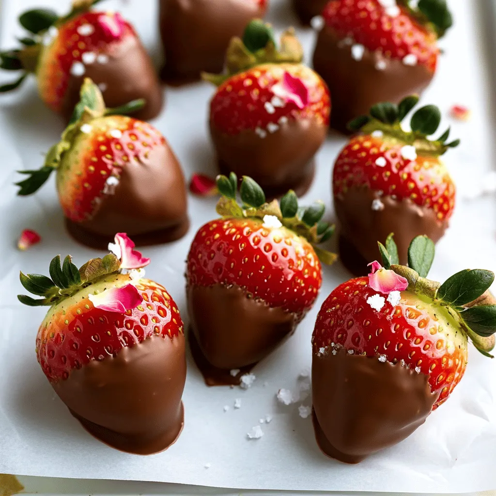 - Fresh Strawberries: You need about 1 pound of fresh strawberries, which is around 20-25 berries. When selecting strawberries, look for shiny, red ones. Avoid any with bruises or soft spots. Choose berries that are firm and have bright green leaves. - Dark Chocolate: For the best flavor, use dark chocolate with at least 70% cocoa. This richness balances well with the tartness of the strawberries. You can also try chocolate with higher cocoa percentages for a more intense taste. - Coconut Oil: Adding 2 tablespoons of coconut oil is optional, but it helps the chocolate become smoother. This makes it easier to dip the strawberries. Coconut oil also gives a lovely sheen to the chocolate. Plus, it can help the chocolate set quickly. Make sure to gather all these ingredients before you start. This will help keep your process smooth and fun! You can find the full recipe for detailed steps and tips. Start by rinsing the strawberries gently under cool water. This removes dirt and helps keep them fresh. After rinsing, use a paper towel to pat them dry carefully. It's really important that the strawberries are dry. If they have moisture, the chocolate won’t stick well. To melt the chocolate, I recommend using a microwave. Put the dark chocolate and coconut oil in a microwave-safe bowl. Heat it in the microwave for 30 seconds. After each interval, stir the chocolate. Keep doing this until it melts and becomes smooth. This usually takes about 1 to 2 minutes. Watch closely to avoid burning it. You can also use a double boiler if you prefer. Just fill a pot with water and place another bowl on top. Heat it slowly until the chocolate melts. Now, let’s dip the strawberries. Hold each strawberry by its green stem. Immerse it into the melted chocolate. Allow the extra chocolate to drip off. Gently swirl the strawberry as you lift it out for a nice finish. Place the dipped strawberries on a parchment-lined baking sheet. You can add a sprinkle of sea salt or crushed dry rose petals on top for extra flavor. This will make them look special too. Let the chocolate set by chilling the strawberries in the fridge for about 30 minutes. After that, they’ll be ready to enjoy! *Preventing chocolate from overheating:* Keep an eye on your chocolate while melting. If it gets too hot, it may seize up. Use a microwave on low power. Heat for short bursts, about 30 seconds at a time. Stir well after each burst. This way, your chocolate melts smoothly without burning. *Ensuring even coverage on strawberries:* Make sure your strawberries are completely dry. Any water will cause the chocolate to slide off. When dipping, swirl the strawberry gently in the chocolate. This helps coat it evenly. Let any extra chocolate drip off before placing it on the baking sheet. *Adding flavors like vanilla or espresso powder:* You can make your chocolate more exciting. Add a drop of vanilla extract or a sprinkle of espresso powder to the melted chocolate. Both options give a rich taste. You can also try adding a pinch of sea salt for a nice contrast. *Using different types of chocolate (milk, white):* Feel free to mix it up with chocolate types. Milk chocolate is sweeter and creamier. White chocolate is rich and buttery. Each type offers a unique flavor. Experiment to see which you like best! *Best practices for maintaining texture:* When you chill the strawberries, do not leave them too long. If they sit too long in the fridge, the chocolate can become too hard. Aim for about 30 minutes. This will allow the chocolate to set perfectly without losing its shine. *Arranging for presentation:* For a beautiful display, use a nice platter. You can place the strawberries in cupcake liners for added charm. Arrange them in a circular pattern or any fun shape. A bed of mint leaves can add a fresh touch. Enjoy your stunning and tasty creation! {{image_4}} For a sweet twist, try white chocolate dipped strawberries. The steps are similar. Here’s what you need: - 1 pound fresh strawberries - 8 ounces white chocolate - Sprinkles or crushed nuts (optional) 1. Melt the White Chocolate: Use the same method as dark chocolate. Heat white chocolate in a microwave-safe bowl in 30-second bursts. Stir often until it’s smooth. 2. Dip and Decorate: Dip each strawberry into the melted white chocolate. Add sprinkles or crushed nuts while the chocolate is wet for added flair. White chocolate adds a creamy flavor. You can also mix in some vanilla to boost the sweetness. Get creative with toppings! You can use: - Chopped nuts (e.g., almonds or pistachios) - Crushed cookies (like Oreos or graham crackers) - Drizzles of dark or white chocolate For seasonal flavors, think about adding peppermint during winter or zest from citrus fruits in spring. These ideas make each batch unique and fun. Enjoy the process! Each variation brings a new twist to your delightful chocolate dipped strawberries. Check out the Full Recipe for more tips and ideas. To keep your chocolate dipped strawberries fresh, refrigeration is key. Place them in a single layer on a plate or container. Cover them gently with plastic wrap or a lid. This helps prevent air exposure. The strawberries will stay fresh for about 1 to 2 days. If you need them to last longer, avoid washing them until you are ready to eat. To maximize flavor and texture, always store them in the fridge. The cool air helps the chocolate stay firm. Just remember, they taste best when fresh! If you want to save chocolate dipped strawberries for later, freezing is a great option. First, let them cool and set completely. Next, place them on a baking sheet lined with parchment paper. Make sure they are not touching. Freeze them for about 1 to 2 hours until they are solid. Once frozen, transfer them to an airtight container or freezer bag. Be sure to label the bag with the date. They will taste good for about 2 to 3 months. When you are ready to eat, move them to the fridge to defrost for a few hours. This way, they will keep their shape and flavor. Enjoy your delicious treat anytime! To keep chocolate from cracking, ensure it is melted properly. Use a microwave for short bursts, stirring often. You can add coconut oil to the chocolate. This helps make it smooth and less likely to crack. - Make sure your strawberries are dry. Any water can cause the chocolate to crack. - Work in a cool area. Heat can affect the chocolate's texture. - Once dipped, let them chill in the fridge. This helps the chocolate set evenly. Yes, you can use milk chocolate instead of dark. Milk chocolate is sweeter and creamier. This can change the taste of your strawberries. Some people love the sweet mix of milk chocolate with fresh strawberries. - If you love rich flavors, dark chocolate is the way to go. - For a sweeter bite, milk chocolate is a great choice. - You can also mix dark and milk chocolate for a fun blend. You can find pre-made chocolate dipped strawberries at local bakeries or grocery stores. Many shops offer fresh options, especially around holidays. - Check online for delivery from local bakeries. - Some gourmet stores have them ready to go. - You can also order from popular online shops. They often deliver them fresh to your door. For a full recipe, check out the delicious steps to make your own chocolate dipped strawberries at home! Making chocolate dipped strawberries is simple and fun. We covered key ingredients like fresh strawberries, dark chocolate, and coconut oil. I shared step-by-step instructions, from preparing strawberries to melting chocolate and dipping techniques. Tips helped avoid common mistakes and enhance flavor. We explored variations, including white chocolate and toppings. Storage advice ensures your treats stay delicious longer. With these insights, you can create tasty treats that impress and delight. Enjoy your sweet creations!