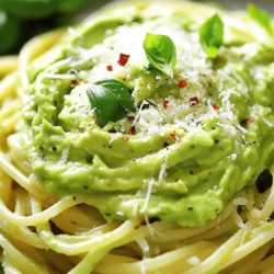 To make creamy avocado pasta, gather these simple and fresh ingredients: - 2 ripe avocados - 2 cloves of garlic, minced - 1 cup fresh basil leaves, packed - 1 tablespoon fresh lemon juice - 1/4 cup extra-virgin olive oil - Salt and freshly ground black pepper, to taste - 12 oz spaghetti or any pasta of your choice - 1/2 teaspoon red pepper flakes (optional, for heat) - Grated Parmesan cheese, for serving These ingredients work together to create a creamy and flavorful dish. The avocados provide richness, while the garlic and basil add a fresh kick. The lemon juice brightens the flavors, and olive oil helps bind everything together. Use your favorite pasta, and feel free to adjust the spice level with red pepper flakes as you like. Once you have everything ready, you can dive into making this delightful meal. For the complete recipe, refer to the Full Recipe details. - Bring a large pot of salted water to a boil. - Cook spaghetti according to package instructions until al dente. - Reserve 1/2 cup of pasta water before draining. - Combine avocados, garlic, basil, lemon juice, and olive oil in a food processor. - Blend until smooth and creamy. - Add reserved pasta water gradually until you reach the desired texture. - Blend well after each addition to ensure a silky sauce. - Incorporate salt, black pepper, and optional red pepper flakes for heat. - Blend until all ingredients are fully combined. - Toss the drained pasta with the creamy avocado sauce in a large bowl. - Taste and adjust seasoning if needed. - Serve with grated Parmesan cheese on top for added flavor. You can find the full recipe above for detailed steps and tips on this creamy avocado pasta. Enjoy this simple and flavorful delight! To find ripe avocados, look for a dark green color. Gently press the skin. If it feels firm but gives slightly, it’s ready. Avoid avocados with dark spots or mushy areas. To store, keep them at room temperature until ripe. Once ripe, place them in the fridge to slow down the process. To add more flavor, think about using fresh herbs like parsley or cilantro. A pinch of smoked paprika can also bring depth. If you want a creamier sauce, try adding a bit of Greek yogurt or cashew cream. These options can make the sauce even richer and more satisfying. For a hearty meal, pair the creamy avocado pasta with grilled chicken or shrimp. The protein balances the dish well. Serve with a side salad for freshness. Garlic bread is another great option to soak up the delicious sauce. Enjoy your meal with these tasty combinations! {{image_4}} You can easily make this dish vegan! Just swap the Parmesan cheese for a dairy-free alternative. Nutritional yeast works well, giving a cheesy flavor. You can also add toppings like toasted pine nuts or fresh cherry tomatoes for a bright finish. If you need a gluten-free dish, choose pasta made from brown rice or lentils. These options have great taste and texture. You can also use spiralized veggies like zucchini or carrots for a fresh twist. Just be sure that your other ingredients, like sauces, are gluten-free. To change up the taste, try adding sun-dried tomatoes or olives. These add depth and a hint of saltiness to your dish. For a spicy version, increase the red pepper flakes or add jalapeños. This will give your creamy avocado pasta a nice kick! To keep your creamy avocado pasta fresh, place it in an airtight container. Make sure it is cool before sealing. This will help the dish stay tasty for later. Store it in the fridge for up to 2 days. After that, the avocado may start to brown and lose flavor. When it's time to eat your leftovers, reheat gently. The best way is to use a skillet over low heat. Add a splash of water or olive oil to help the sauce stay creamy. Stir often to warm it evenly. Avoid using the microwave, as it can make the sauce grainy. You can freeze creamy avocado pasta, but it may change texture. To freeze, pack the pasta in a freezer-safe bag. Remove as much air as you can to prevent freezer burn. Thaw it in the fridge overnight before reheating. When ready, follow the reheating tips to restore its creamy goodness. You can use any pasta you like. I recommend spaghetti or fettuccine for this dish. They hold the creamy sauce well. Penne is another great option because it catches the sauce in its tubes. For gluten-free eaters, look for brown rice or quinoa pasta. These keep the meal tasty and satisfying. Yes, you can! Cook the pasta and make the sauce in advance. Store them separately in the fridge. This keeps the pasta from getting mushy. When you are ready to eat, combine them and warm them up. You can add a splash of olive oil or pasta water to help mix them well. Absolutely! Avocados are full of healthy fats. They offer good fiber and nutrients too. Garlic adds flavor and has health benefits. Fresh basil enhances the taste while also providing vitamins. This dish gives you energy without too many carbs. To add heat, toss in red pepper flakes while making the sauce. You can also add sliced jalapeños or a dash of hot sauce. Start with a little, and taste as you go. This way, you can get the heat just right without overwhelming the dish. This creamy avocado pasta is simple to make and full of flavor. You combine ripe avocados, garlic, and basil for a delicious sauce. Don't forget to save some pasta water to get the right texture. You can also tweak this recipe easily, making it vegan or gluten-free. Ultimately, this dish is quick, healthy, and tasty. Enjoy your cooking, and impress your family and friends with this delightful meal!
