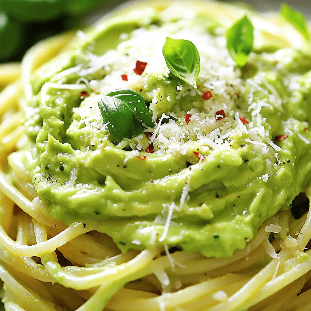 To make creamy avocado pasta, gather these simple and fresh ingredients: - 2 ripe avocados - 2 cloves of garlic, minced - 1 cup fresh basil leaves, packed - 1 tablespoon fresh lemon juice - 1/4 cup extra-virgin olive oil - Salt and freshly ground black pepper, to taste - 12 oz spaghetti or any pasta of your choice - 1/2 teaspoon red pepper flakes (optional, for heat) - Grated Parmesan cheese, for serving These ingredients work together to create a creamy and flavorful dish. The avocados provide richness, while the garlic and basil add a fresh kick. The lemon juice brightens the flavors, and olive oil helps bind everything together. Use your favorite pasta, and feel free to adjust the spice level with red pepper flakes as you like. Once you have everything ready, you can dive into making this delightful meal. For the complete recipe, refer to the Full Recipe details. - Bring a large pot of salted water to a boil. - Cook spaghetti according to package instructions until al dente. - Reserve 1/2 cup of pasta water before draining. - Combine avocados, garlic, basil, lemon juice, and olive oil in a food processor. - Blend until smooth and creamy. - Add reserved pasta water gradually until you reach the desired texture. - Blend well after each addition to ensure a silky sauce. - Incorporate salt, black pepper, and optional red pepper flakes for heat. - Blend until all ingredients are fully combined. - Toss the drained pasta with the creamy avocado sauce in a large bowl. - Taste and adjust seasoning if needed. - Serve with grated Parmesan cheese on top for added flavor. You can find the full recipe above for detailed steps and tips on this creamy avocado pasta. Enjoy this simple and flavorful delight! To find ripe avocados, look for a dark green color. Gently press the skin. If it feels firm but gives slightly, it’s ready. Avoid avocados with dark spots or mushy areas. To store, keep them at room temperature until ripe. Once ripe, place them in the fridge to slow down the process. To add more flavor, think about using fresh herbs like parsley or cilantro. A pinch of smoked paprika can also bring depth. If you want a creamier sauce, try adding a bit of Greek yogurt or cashew cream. These options can make the sauce even richer and more satisfying. For a hearty meal, pair the creamy avocado pasta with grilled chicken or shrimp. The protein balances the dish well. Serve with a side salad for freshness. Garlic bread is another great option to soak up the delicious sauce. Enjoy your meal with these tasty combinations! {{image_4}} You can easily make this dish vegan! Just swap the Parmesan cheese for a dairy-free alternative. Nutritional yeast works well, giving a cheesy flavor. You can also add toppings like toasted pine nuts or fresh cherry tomatoes for a bright finish. If you need a gluten-free dish, choose pasta made from brown rice or lentils. These options have great taste and texture. You can also use spiralized veggies like zucchini or carrots for a fresh twist. Just be sure that your other ingredients, like sauces, are gluten-free. To change up the taste, try adding sun-dried tomatoes or olives. These add depth and a hint of saltiness to your dish. For a spicy version, increase the red pepper flakes or add jalapeños. This will give your creamy avocado pasta a nice kick! To keep your creamy avocado pasta fresh, place it in an airtight container. Make sure it is cool before sealing. This will help the dish stay tasty for later. Store it in the fridge for up to 2 days. After that, the avocado may start to brown and lose flavor. When it's time to eat your leftovers, reheat gently. The best way is to use a skillet over low heat. Add a splash of water or olive oil to help the sauce stay creamy. Stir often to warm it evenly. Avoid using the microwave, as it can make the sauce grainy. You can freeze creamy avocado pasta, but it may change texture. To freeze, pack the pasta in a freezer-safe bag. Remove as much air as you can to prevent freezer burn. Thaw it in the fridge overnight before reheating. When ready, follow the reheating tips to restore its creamy goodness. You can use any pasta you like. I recommend spaghetti or fettuccine for this dish. They hold the creamy sauce well. Penne is another great option because it catches the sauce in its tubes. For gluten-free eaters, look for brown rice or quinoa pasta. These keep the meal tasty and satisfying. Yes, you can! Cook the pasta and make the sauce in advance. Store them separately in the fridge. This keeps the pasta from getting mushy. When you are ready to eat, combine them and warm them up. You can add a splash of olive oil or pasta water to help mix them well. Absolutely! Avocados are full of healthy fats. They offer good fiber and nutrients too. Garlic adds flavor and has health benefits. Fresh basil enhances the taste while also providing vitamins. This dish gives you energy without too many carbs. To add heat, toss in red pepper flakes while making the sauce. You can also add sliced jalapeños or a dash of hot sauce. Start with a little, and taste as you go. This way, you can get the heat just right without overwhelming the dish. This creamy avocado pasta is simple to make and full of flavor. You combine ripe avocados, garlic, and basil for a delicious sauce. Don't forget to save some pasta water to get the right texture. You can also tweak this recipe easily, making it vegan or gluten-free. Ultimately, this dish is quick, healthy, and tasty. Enjoy your cooking, and impress your family and friends with this delightful meal!