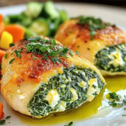 To make this delicious dish, gather these ingredients: - 4 boneless, skinless chicken breasts - 2 cups fresh spinach, finely chopped - 1 cup feta cheese, crumbled - 1/2 cup cream cheese, softened - 2 cloves garlic, minced - 1 teaspoon dried oregano - 1 tablespoon olive oil - Salt and freshly ground black pepper to taste - 1/2 cup breadcrumbs (optional, for topping) - Fresh parsley, chopped, for garnish Choosing the best ingredients makes a big difference in flavor. Here are my tips: - Chicken Breasts: Look for fresh, plump chicken breasts. Organic options are often tastier. - Spinach: Choose vibrant, dark green spinach. Avoid any yellow or wilted leaves. - Feta Cheese: Opt for crumbled feta made from sheep's milk. It has a richer taste. - Cream Cheese: Use full-fat cream cheese for a creamy texture. - Garlic: Fresh garlic cloves pack more flavor than pre-minced options. - Herbs: Use dried oregano for a hint of earthiness. Fresh herbs can also elevate the dish. This dish is not just tasty; it's also nutritious. Here’s a breakdown of the main components per serving: - Calories: Approximately 350 - Protein: About 40g - Fat: Roughly 20g - Carbohydrates: Around 6g - Fiber: 1g - Sodium: Depends on added salt and feta used Spinach adds vitamins A and K, while feta cheese provides calcium. This meal balances protein, healthy fats, and greens. For the full recipe, check out the detailed instructions on how to prepare this flavorful delight. Gather all your ingredients first. This makes cooking easier and fun. You need: - 4 boneless, skinless chicken breasts - 2 cups fresh spinach, finely chopped - 1 cup feta cheese, crumbled - 1/2 cup cream cheese, softened - 2 cloves garlic, minced - 1 teaspoon dried oregano - 1 tablespoon olive oil - Salt and black pepper to taste - 1/2 cup breadcrumbs (optional) - Fresh parsley, chopped, for garnish Wash the spinach and chop it finely. Mince the garlic too. Make sure the cream cheese is soft. This helps it blend well with other ingredients. In a medium skillet, heat the olive oil over medium heat. Add the minced garlic and sauté for about 1 minute. Watch it closely so it doesn’t burn. Next, stir in the chopped spinach. Cook for 2-3 minutes until the spinach wilts. Remove the skillet from heat and let it cool. In a mixing bowl, combine the wilted spinach, crumbled feta, cream cheese, and oregano. Mix until creamy. Season with salt and black pepper to your taste. Take each chicken breast and slice a pocket in the thickest part. Be careful not to cut it all the way through. Fill each breast generously with the spinach and feta mixture. Preheat your oven to 375°F (190°C). Arrange the stuffed chicken in a baking dish. If you like, sprinkle breadcrumbs on top for added crunch. Cover the dish with aluminum foil to keep the chicken moist. Bake for 25 minutes. After that, remove the foil and bake for another 15-20 minutes. You want the chicken to reach 165°F (75°C) inside. Once finished, take the dish out of the oven. Let it rest for 5 minutes before slicing. This helps the juices stay inside the chicken. Right before serving, sprinkle fresh parsley on top for a lovely color. Enjoy your flavorful delight! For the full recipe, check the earlier section. To stuff your chicken breasts just right, start by cutting a pocket. Cut into the thick side and do not cut all the way through. This method keeps the filling inside. Use a spoon to fill the pocket generously with the spinach and feta mixture. Make sure it is packed, but not overflowing. This way, the filling stays inside during cooking. For juicy chicken, avoid overcooking. Use a meat thermometer to check the temperature. The chicken should reach 165°F (75°C) for safety. Bake covered for part of the time. This keeps moisture in, making the chicken tender. Let the chicken rest for five minutes after baking. This helps the juices settle, ensuring every bite is juicy. When serving, slice the chicken breasts for a lovely display. Arrange them on a large platter to impress your guests. Drizzle with olive oil or lemon juice for extra flavor. Add a side of vibrant steamed vegetables for color. You can also sprinkle fresh parsley on top. This adds a pop of green and enhances the dish's look. Enjoy your flavorful delight! {{image_4}} You can change the cheese for fun. Cream cheese gives a rich taste. You might enjoy mozzarella for a gooey texture. Goat cheese adds a tangy kick. Use cheddar for a sharper, bolder flavor. Mix and match to find your favorite! You can add healthy grains like quinoa. Quinoa boosts protein and fiber. It makes the filling more filling. You can also use brown rice for a nutty taste. These grains add texture and nutrition. Adding herbs and spices can change the flavor. Try fresh basil or dill for bright notes. A pinch of paprika gives a slight warmth. You can also use lemon zest for a citrus burst. These small tweaks can make each dish unique and exciting. To keep your Spinach Feta Stuffed Chicken Breast fresh, store it in an airtight container. Make sure the chicken is cool before sealing it. Place the container in the fridge. This keeps leftovers safe for up to three days. When you’re ready to enjoy the leftovers, preheat your oven to 350°F (175°C). Place the chicken in an oven-safe dish. Cover it with foil to keep moisture in. Heat for about 15-20 minutes. This method helps the chicken stay juicy and tasty. If you want to save your stuffed chicken for later, freezing is a good option. Wrap each piece tightly in plastic wrap. Then, place them in a freezer bag. This keeps the chicken safe for up to three months. When you’re ready to eat, thaw it overnight in the fridge. Then, follow the reheating instructions to enjoy your flavorful delight again. Yes, you can prepare Spinach Feta Stuffed Chicken Breast ahead of time. You can make the filling and stuff the chicken breasts a day before. Store them in the fridge. When you are ready to cook, just bake them as per the recipe. You can serve many sides with Spinach Feta Stuffed Chicken Breast. Some great options include: - Steamed vegetables like broccoli or green beans - Rice or quinoa for a hearty meal - A fresh salad for a light touch - Mashed potatoes for comfort food To check if the chicken is fully cooked, use a meat thermometer. The internal temperature should reach 165°F (75°C). If you don’t have a thermometer, cut into the thickest part. The juices should run clear, and the meat should no longer be pink. Yes, you can use frozen spinach. Make sure to thaw it first and squeeze out excess water. This helps keep the filling from getting too watery. Frozen spinach can save time and still taste great. You can find the full recipe for Spinach Feta Stuffed Chicken Breast above. It includes all the ingredients and step-by-step instructions to make this delicious dish. Enjoy cooking! In this post, we explored how to make a delicious Spinach Feta Stuffed Chicken Breast. We covered the key ingredients and tips for choosing the best ones. You learned step-by-step cooking and baking instructions for perfect results. I shared helpful tricks to ensure your chicken stays juicy and flavorful. In addition, we discussed variations you can try and how to store your leftovers effectively. Enjoy creating this tasty dish and impressing your friends and family.