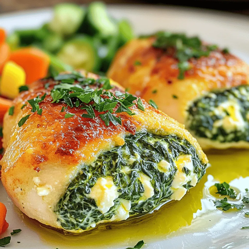 To make this delicious dish, gather these ingredients: - 4 boneless, skinless chicken breasts - 2 cups fresh spinach, finely chopped - 1 cup feta cheese, crumbled - 1/2 cup cream cheese, softened - 2 cloves garlic, minced - 1 teaspoon dried oregano - 1 tablespoon olive oil - Salt and freshly ground black pepper to taste - 1/2 cup breadcrumbs (optional, for topping) - Fresh parsley, chopped, for garnish Choosing the best ingredients makes a big difference in flavor. Here are my tips: - Chicken Breasts: Look for fresh, plump chicken breasts. Organic options are often tastier. - Spinach: Choose vibrant, dark green spinach. Avoid any yellow or wilted leaves. - Feta Cheese: Opt for crumbled feta made from sheep's milk. It has a richer taste. - Cream Cheese: Use full-fat cream cheese for a creamy texture. - Garlic: Fresh garlic cloves pack more flavor than pre-minced options. - Herbs: Use dried oregano for a hint of earthiness. Fresh herbs can also elevate the dish. This dish is not just tasty; it's also nutritious. Here’s a breakdown of the main components per serving: - Calories: Approximately 350 - Protein: About 40g - Fat: Roughly 20g - Carbohydrates: Around 6g - Fiber: 1g - Sodium: Depends on added salt and feta used Spinach adds vitamins A and K, while feta cheese provides calcium. This meal balances protein, healthy fats, and greens. For the full recipe, check out the detailed instructions on how to prepare this flavorful delight. Gather all your ingredients first. This makes cooking easier and fun. You need: - 4 boneless, skinless chicken breasts - 2 cups fresh spinach, finely chopped - 1 cup feta cheese, crumbled - 1/2 cup cream cheese, softened - 2 cloves garlic, minced - 1 teaspoon dried oregano - 1 tablespoon olive oil - Salt and black pepper to taste - 1/2 cup breadcrumbs (optional) - Fresh parsley, chopped, for garnish Wash the spinach and chop it finely. Mince the garlic too. Make sure the cream cheese is soft. This helps it blend well with other ingredients. In a medium skillet, heat the olive oil over medium heat. Add the minced garlic and sauté for about 1 minute. Watch it closely so it doesn’t burn. Next, stir in the chopped spinach. Cook for 2-3 minutes until the spinach wilts. Remove the skillet from heat and let it cool. In a mixing bowl, combine the wilted spinach, crumbled feta, cream cheese, and oregano. Mix until creamy. Season with salt and black pepper to your taste. Take each chicken breast and slice a pocket in the thickest part. Be careful not to cut it all the way through. Fill each breast generously with the spinach and feta mixture. Preheat your oven to 375°F (190°C). Arrange the stuffed chicken in a baking dish. If you like, sprinkle breadcrumbs on top for added crunch. Cover the dish with aluminum foil to keep the chicken moist. Bake for 25 minutes. After that, remove the foil and bake for another 15-20 minutes. You want the chicken to reach 165°F (75°C) inside. Once finished, take the dish out of the oven. Let it rest for 5 minutes before slicing. This helps the juices stay inside the chicken. Right before serving, sprinkle fresh parsley on top for a lovely color. Enjoy your flavorful delight! For the full recipe, check the earlier section. To stuff your chicken breasts just right, start by cutting a pocket. Cut into the thick side and do not cut all the way through. This method keeps the filling inside. Use a spoon to fill the pocket generously with the spinach and feta mixture. Make sure it is packed, but not overflowing. This way, the filling stays inside during cooking. For juicy chicken, avoid overcooking. Use a meat thermometer to check the temperature. The chicken should reach 165°F (75°C) for safety. Bake covered for part of the time. This keeps moisture in, making the chicken tender. Let the chicken rest for five minutes after baking. This helps the juices settle, ensuring every bite is juicy. When serving, slice the chicken breasts for a lovely display. Arrange them on a large platter to impress your guests. Drizzle with olive oil or lemon juice for extra flavor. Add a side of vibrant steamed vegetables for color. You can also sprinkle fresh parsley on top. This adds a pop of green and enhances the dish's look. Enjoy your flavorful delight! {{image_4}} You can change the cheese for fun. Cream cheese gives a rich taste. You might enjoy mozzarella for a gooey texture. Goat cheese adds a tangy kick. Use cheddar for a sharper, bolder flavor. Mix and match to find your favorite! You can add healthy grains like quinoa. Quinoa boosts protein and fiber. It makes the filling more filling. You can also use brown rice for a nutty taste. These grains add texture and nutrition. Adding herbs and spices can change the flavor. Try fresh basil or dill for bright notes. A pinch of paprika gives a slight warmth. You can also use lemon zest for a citrus burst. These small tweaks can make each dish unique and exciting. To keep your Spinach Feta Stuffed Chicken Breast fresh, store it in an airtight container. Make sure the chicken is cool before sealing it. Place the container in the fridge. This keeps leftovers safe for up to three days. When you’re ready to enjoy the leftovers, preheat your oven to 350°F (175°C). Place the chicken in an oven-safe dish. Cover it with foil to keep moisture in. Heat for about 15-20 minutes. This method helps the chicken stay juicy and tasty. If you want to save your stuffed chicken for later, freezing is a good option. Wrap each piece tightly in plastic wrap. Then, place them in a freezer bag. This keeps the chicken safe for up to three months. When you’re ready to eat, thaw it overnight in the fridge. Then, follow the reheating instructions to enjoy your flavorful delight again. Yes, you can prepare Spinach Feta Stuffed Chicken Breast ahead of time. You can make the filling and stuff the chicken breasts a day before. Store them in the fridge. When you are ready to cook, just bake them as per the recipe. You can serve many sides with Spinach Feta Stuffed Chicken Breast. Some great options include: - Steamed vegetables like broccoli or green beans - Rice or quinoa for a hearty meal - A fresh salad for a light touch - Mashed potatoes for comfort food To check if the chicken is fully cooked, use a meat thermometer. The internal temperature should reach 165°F (75°C). If you don’t have a thermometer, cut into the thickest part. The juices should run clear, and the meat should no longer be pink. Yes, you can use frozen spinach. Make sure to thaw it first and squeeze out excess water. This helps keep the filling from getting too watery. Frozen spinach can save time and still taste great. You can find the full recipe for Spinach Feta Stuffed Chicken Breast above. It includes all the ingredients and step-by-step instructions to make this delicious dish. Enjoy cooking! In this post, we explored how to make a delicious Spinach Feta Stuffed Chicken Breast. We covered the key ingredients and tips for choosing the best ones. You learned step-by-step cooking and baking instructions for perfect results. I shared helpful tricks to ensure your chicken stays juicy and flavorful. In addition, we discussed variations you can try and how to store your leftovers effectively. Enjoy creating this tasty dish and impressing your friends and family.