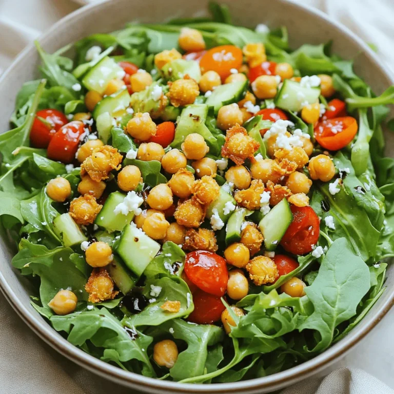 - 1 can (15 oz) chickpeas, rinsed and drained - 4 cups mixed greens (arugula, baby spinach, and romaine) - 1 cup cherry tomatoes, halved - ½ cucumber, diced into bite-sized pieces - ½ red bell pepper, diced - ¼ red onion, thinly sliced - ¼ cup feta cheese, crumbled (optional) Crispy chickpea salad shines with fresh ingredients. The chickpeas offer protein and crunch. Mixed greens give the salad a fresh base. You can use any greens you like. I love adding cherry tomatoes for sweetness. Cucumbers bring a cool, refreshing crunch. Red bell pepper adds color and flavor. A sprinkle of feta cheese is optional but tasty. It adds creaminess that pairs well with crispy chickpeas. - 2 tablespoons extra virgin olive oil - 1 teaspoon smoked paprika - 1 teaspoon garlic powder - Sea salt and freshly cracked black pepper, to taste - 2 tablespoons balsamic vinegar The right oils and spices elevate your salad. Extra virgin olive oil adds richness. Smoked paprika gives it a warm, smoky flavor. Garlic powder enhances the taste without being overpowering. A pinch of sea salt and freshly cracked pepper bring out all the flavors. Balsamic vinegar adds a sweet tang that ties everything together. These ingredients create a balance in taste that makes each bite special. For the full recipe, follow the steps to prepare this delightful dish! First, preheat your oven to 400°F (200°C). This step is key for crispy chickpeas. Next, take a can of chickpeas and rinse them well. Drain them completely to remove excess water. Spread the chickpeas on a baking sheet lined with parchment paper. This helps them cook evenly. Drizzle 2 tablespoons of olive oil over the chickpeas. Then, add 1 teaspoon of smoked paprika and 1 teaspoon of garlic powder. Season with sea salt and black pepper to taste. Use your hands to mix everything well. Make sure all the chickpeas are coated in the oil and spices. Place the baking sheet in the oven and bake for 25 to 30 minutes. Shake the baking sheet halfway through for even roasting. When they are golden brown, take them out and let them cool a bit. In a large salad bowl, combine 4 cups of mixed greens like arugula, baby spinach, and romaine. Add 1 cup of halved cherry tomatoes, ½ diced cucumber, ½ diced red bell pepper, and ¼ thinly sliced red onion. Toss these ingredients gently. This mix adds color and crunch to your salad. After your chickpeas cool, add them on top of the salad. The warm chickpeas will create a nice crunch. If you want, sprinkle ¼ cup of crumbled feta cheese on top for extra flavor. Finish your salad by drizzling 2 tablespoons of balsamic vinegar over it. Toss everything gently to combine well. This adds a tangy taste that balances the salad. Serve your salad right away for the best crunch. For a fresh look, use a large bowl or individual plates. Top with some extra crispy chickpeas. Garnish with fresh herbs like parsley or cilantro for a pop of color. Enjoy every bite of this crispy chickpea salad! For the full recipe, refer to the detailed instructions above. To make your chickpeas crisp, the oven temperature matters. Preheat your oven to 400°F (200°C). This hot air helps the chickpeas turn golden and crunchy. Timing is key too; bake them for 25 to 30 minutes. Halfway through, shake the baking sheet. This ensures even roasting and prevents sogginess. Spread the chickpeas in a single layer on the baking sheet for best results. Spices can take your chickpeas from good to great. I love using smoked paprika and garlic powder. They add a nice depth of flavor. Consider trying cumin or chili powder for a kick. For the salad, balance textures. The crunch of the chickpeas pairs well with soft greens and juicy tomatoes. You can also sprinkle nuts or seeds for extra crunch. Serving your salad well makes a big difference. Use a large, shallow bowl for a beautiful display. Scatter the crispy chickpeas on top to highlight their texture. For a pop of color, add fresh herbs like parsley or cilantro. A drizzle of balsamic vinegar not only adds taste but also enhances the look. Your salad will be a feast for the eyes and the palate. For the full recipe, check out the Crispy Chickpea Salad section. {{image_4}} You can change up the greens in your salad. Instead of mixed greens, try kale or romaine. You can also use spinach for a softer touch. Seasonal veggies add great flavor. In spring, use asparagus or snap peas. In fall, add roasted squash or Brussels sprouts. These changes keep your salad fresh and exciting. Want to boost your protein? Add grilled chicken or shrimp. Tofu is another great choice if you want a vegan option. You can also swap chickpeas for black beans or lentils. Each option gives you a unique taste and texture. Creating homemade dressings is easy and fun. Mix olive oil with lemon juice for a zesty twist. You can also add mustard or honey for sweetness. Balsamic vinegar is a classic choice, but try flavored ones too. Raspberry or fig balsamic adds a fruity note. These options let you customize your salad to fit your mood. For the full recipe, see the main guide above. To keep your leftover salad fresh, refrigerate it right away. Place the salad in an airtight container. This helps to keep moisture out and flavors in. If you have crispy chickpeas, store them separately. This way, they stay crunchy longer. To reheat crispy chickpeas, use the oven. Preheat it to 350°F (175°C). Spread the chickpeas on a baking sheet. Heat for about 10 minutes or until warm. This keeps them crispy and tasty. Canned chickpeas can last up to three years if unopened. Once opened, use them within three days. Fresh veggies like cucumbers and bell peppers last about a week in the fridge. Always check for signs of spoilage before use. To make your chickpeas extra crispy, follow these steps: - Start with dry chickpeas. If using canned, rinse and drain them well. - Pat them dry with a towel. Removing moisture helps them crisp up. - Use enough oil to coat them evenly. This helps with browning. - Spread them out on the baking sheet. Crowding will steam them. - Bake them at 400°F (200°C) for about 25 to 30 minutes. Shake halfway through for even cooking. You can prep the salad in advance, but keep some parts separate. - Store the crispy chickpeas in an airtight container. They stay crunchy this way. - Mix the greens and veggies together in another container. - Dress the salad right before serving. This keeps everything fresh and crisp. Many dressings pair well with this crispy chickpea salad. Some tasty options include: - Lemon vinaigrette for a bright flavor. - Tahini dressing for a nutty taste. - Yogurt-based dressings for creaminess. - A simple olive oil and vinegar mix works great too. Yes, this salad is perfect for meal prep! - Prepare the ingredients in bulk. Store them in separate containers. - Assemble the salad just before eating. This keeps it fresh. - Enjoy it for lunches or quick dinners throughout the week. Yes, you can use dried chickpeas! - Soak them overnight in water. This helps them cook evenly. - Cook them in boiling water until tender before roasting. - Follow the same steps for seasoning and baking as with canned. This will ensure you get that perfect crispy texture. Check the [Full Recipe] for more details on making this delicious salad! The key to a tasty crispy chickpea salad lies in the right mix of ingredients. Here’s what you will need: - 1 can (15 oz) chickpeas, rinsed and drained - 2 tablespoons extra virgin olive oil - 1 teaspoon smoked paprika - 1 teaspoon garlic powder - Sea salt and freshly cracked black pepper, to taste - 4 cups mixed greens (arugula, baby spinach, and romaine) - 1 cup cherry tomatoes, halved - ½ cucumber, diced into bite-sized pieces - ½ red bell pepper, diced - ¼ red onion, thinly sliced - ¼ cup feta cheese, crumbled (optional) - 2 tablespoons balsamic vinegar I love the way these ingredients work together. The chickpeas add protein and crunch. The mixed greens give fresh flavor and texture. Cherry tomatoes and cucumber add sweetness and a refreshing bite. When you sprinkle feta cheese, it adds a creamy touch that pairs well with the crispiness of the chickpeas. Let’s talk about the olive oil and spices. They make the chickpeas flavorful and help them get crispy in the oven. Smoked paprika and garlic powder give a warm, savory kick. Don’t forget the sea salt and black pepper; they enhance all the flavors in the salad. For a full guide, check out the Full Recipe. This blog post covered making a crispy chickpea salad from start to finish. You learned the key ingredients, such as chickpeas, greens, and seasonings. I shared step-by-step instructions and tips to achieve crispy chickpeas. We explored different variations and how to store leftovers properly. In conclusion, this salad is easy, tasty, and healthy. Enjoy making it your own with your favorite ingredients. Share it with friends to try together. Happy cooking!