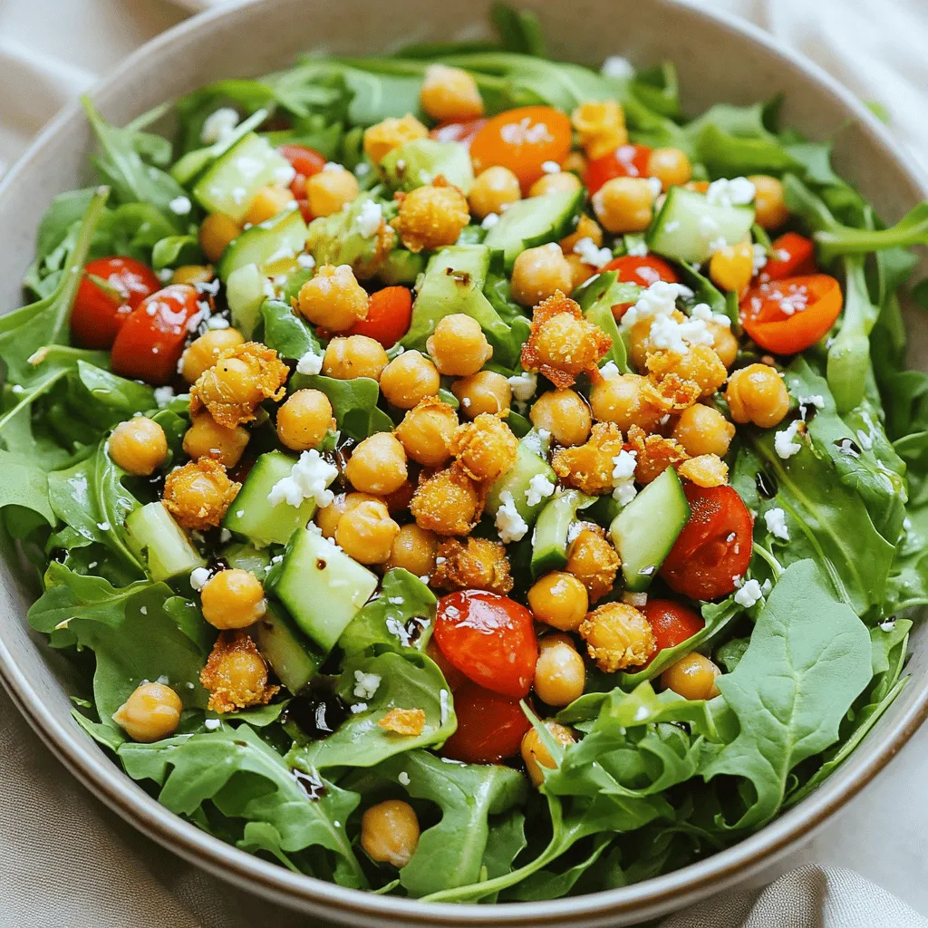- 1 can (15 oz) chickpeas, rinsed and drained - 4 cups mixed greens (arugula, baby spinach, and romaine) - 1 cup cherry tomatoes, halved - ½ cucumber, diced into bite-sized pieces - ½ red bell pepper, diced - ¼ red onion, thinly sliced - ¼ cup feta cheese, crumbled (optional) Crispy chickpea salad shines with fresh ingredients. The chickpeas offer protein and crunch. Mixed greens give the salad a fresh base. You can use any greens you like. I love adding cherry tomatoes for sweetness. Cucumbers bring a cool, refreshing crunch. Red bell pepper adds color and flavor. A sprinkle of feta cheese is optional but tasty. It adds creaminess that pairs well with crispy chickpeas. - 2 tablespoons extra virgin olive oil - 1 teaspoon smoked paprika - 1 teaspoon garlic powder - Sea salt and freshly cracked black pepper, to taste - 2 tablespoons balsamic vinegar The right oils and spices elevate your salad. Extra virgin olive oil adds richness. Smoked paprika gives it a warm, smoky flavor. Garlic powder enhances the taste without being overpowering. A pinch of sea salt and freshly cracked pepper bring out all the flavors. Balsamic vinegar adds a sweet tang that ties everything together. These ingredients create a balance in taste that makes each bite special. For the full recipe, follow the steps to prepare this delightful dish! First, preheat your oven to 400°F (200°C). This step is key for crispy chickpeas. Next, take a can of chickpeas and rinse them well. Drain them completely to remove excess water. Spread the chickpeas on a baking sheet lined with parchment paper. This helps them cook evenly. Drizzle 2 tablespoons of olive oil over the chickpeas. Then, add 1 teaspoon of smoked paprika and 1 teaspoon of garlic powder. Season with sea salt and black pepper to taste. Use your hands to mix everything well. Make sure all the chickpeas are coated in the oil and spices. Place the baking sheet in the oven and bake for 25 to 30 minutes. Shake the baking sheet halfway through for even roasting. When they are golden brown, take them out and let them cool a bit. In a large salad bowl, combine 4 cups of mixed greens like arugula, baby spinach, and romaine. Add 1 cup of halved cherry tomatoes, ½ diced cucumber, ½ diced red bell pepper, and ¼ thinly sliced red onion. Toss these ingredients gently. This mix adds color and crunch to your salad. After your chickpeas cool, add them on top of the salad. The warm chickpeas will create a nice crunch. If you want, sprinkle ¼ cup of crumbled feta cheese on top for extra flavor. Finish your salad by drizzling 2 tablespoons of balsamic vinegar over it. Toss everything gently to combine well. This adds a tangy taste that balances the salad. Serve your salad right away for the best crunch. For a fresh look, use a large bowl or individual plates. Top with some extra crispy chickpeas. Garnish with fresh herbs like parsley or cilantro for a pop of color. Enjoy every bite of this crispy chickpea salad! For the full recipe, refer to the detailed instructions above. To make your chickpeas crisp, the oven temperature matters. Preheat your oven to 400°F (200°C). This hot air helps the chickpeas turn golden and crunchy. Timing is key too; bake them for 25 to 30 minutes. Halfway through, shake the baking sheet. This ensures even roasting and prevents sogginess. Spread the chickpeas in a single layer on the baking sheet for best results. Spices can take your chickpeas from good to great. I love using smoked paprika and garlic powder. They add a nice depth of flavor. Consider trying cumin or chili powder for a kick. For the salad, balance textures. The crunch of the chickpeas pairs well with soft greens and juicy tomatoes. You can also sprinkle nuts or seeds for extra crunch. Serving your salad well makes a big difference. Use a large, shallow bowl for a beautiful display. Scatter the crispy chickpeas on top to highlight their texture. For a pop of color, add fresh herbs like parsley or cilantro. A drizzle of balsamic vinegar not only adds taste but also enhances the look. Your salad will be a feast for the eyes and the palate. For the full recipe, check out the Crispy Chickpea Salad section. {{image_4}} You can change up the greens in your salad. Instead of mixed greens, try kale or romaine. You can also use spinach for a softer touch. Seasonal veggies add great flavor. In spring, use asparagus or snap peas. In fall, add roasted squash or Brussels sprouts. These changes keep your salad fresh and exciting. Want to boost your protein? Add grilled chicken or shrimp. Tofu is another great choice if you want a vegan option. You can also swap chickpeas for black beans or lentils. Each option gives you a unique taste and texture. Creating homemade dressings is easy and fun. Mix olive oil with lemon juice for a zesty twist. You can also add mustard or honey for sweetness. Balsamic vinegar is a classic choice, but try flavored ones too. Raspberry or fig balsamic adds a fruity note. These options let you customize your salad to fit your mood. For the full recipe, see the main guide above. To keep your leftover salad fresh, refrigerate it right away. Place the salad in an airtight container. This helps to keep moisture out and flavors in. If you have crispy chickpeas, store them separately. This way, they stay crunchy longer. To reheat crispy chickpeas, use the oven. Preheat it to 350°F (175°C). Spread the chickpeas on a baking sheet. Heat for about 10 minutes or until warm. This keeps them crispy and tasty. Canned chickpeas can last up to three years if unopened. Once opened, use them within three days. Fresh veggies like cucumbers and bell peppers last about a week in the fridge. Always check for signs of spoilage before use. To make your chickpeas extra crispy, follow these steps: - Start with dry chickpeas. If using canned, rinse and drain them well. - Pat them dry with a towel. Removing moisture helps them crisp up. - Use enough oil to coat them evenly. This helps with browning. - Spread them out on the baking sheet. Crowding will steam them. - Bake them at 400°F (200°C) for about 25 to 30 minutes. Shake halfway through for even cooking. You can prep the salad in advance, but keep some parts separate. - Store the crispy chickpeas in an airtight container. They stay crunchy this way. - Mix the greens and veggies together in another container. - Dress the salad right before serving. This keeps everything fresh and crisp. Many dressings pair well with this crispy chickpea salad. Some tasty options include: - Lemon vinaigrette for a bright flavor. - Tahini dressing for a nutty taste. - Yogurt-based dressings for creaminess. - A simple olive oil and vinegar mix works great too. Yes, this salad is perfect for meal prep! - Prepare the ingredients in bulk. Store them in separate containers. - Assemble the salad just before eating. This keeps it fresh. - Enjoy it for lunches or quick dinners throughout the week. Yes, you can use dried chickpeas! - Soak them overnight in water. This helps them cook evenly. - Cook them in boiling water until tender before roasting. - Follow the same steps for seasoning and baking as with canned. This will ensure you get that perfect crispy texture. Check the [Full Recipe] for more details on making this delicious salad! The key to a tasty crispy chickpea salad lies in the right mix of ingredients. Here’s what you will need: - 1 can (15 oz) chickpeas, rinsed and drained - 2 tablespoons extra virgin olive oil - 1 teaspoon smoked paprika - 1 teaspoon garlic powder - Sea salt and freshly cracked black pepper, to taste - 4 cups mixed greens (arugula, baby spinach, and romaine) - 1 cup cherry tomatoes, halved - ½ cucumber, diced into bite-sized pieces - ½ red bell pepper, diced - ¼ red onion, thinly sliced - ¼ cup feta cheese, crumbled (optional) - 2 tablespoons balsamic vinegar I love the way these ingredients work together. The chickpeas add protein and crunch. The mixed greens give fresh flavor and texture. Cherry tomatoes and cucumber add sweetness and a refreshing bite. When you sprinkle feta cheese, it adds a creamy touch that pairs well with the crispiness of the chickpeas. Let’s talk about the olive oil and spices. They make the chickpeas flavorful and help them get crispy in the oven. Smoked paprika and garlic powder give a warm, savory kick. Don’t forget the sea salt and black pepper; they enhance all the flavors in the salad. For a full guide, check out the Full Recipe. This blog post covered making a crispy chickpea salad from start to finish. You learned the key ingredients, such as chickpeas, greens, and seasonings. I shared step-by-step instructions and tips to achieve crispy chickpeas. We explored different variations and how to store leftovers properly. In conclusion, this salad is easy, tasty, and healthy. Enjoy making it your own with your favorite ingredients. Share it with friends to try together. Happy cooking!