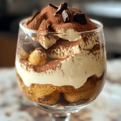 - 1 cup strong brewed coffee (cooled to room temperature) - 2 tablespoons unsweetened cocoa powder (plus additional for dusting) - 8 ounces mascarpone cheese (softened) - 1 cup heavy whipping cream - 1/2 cup powdered sugar - 1 teaspoon pure vanilla extract - 24 ladyfinger cookies - Dark chocolate shavings (for an elegant garnish)