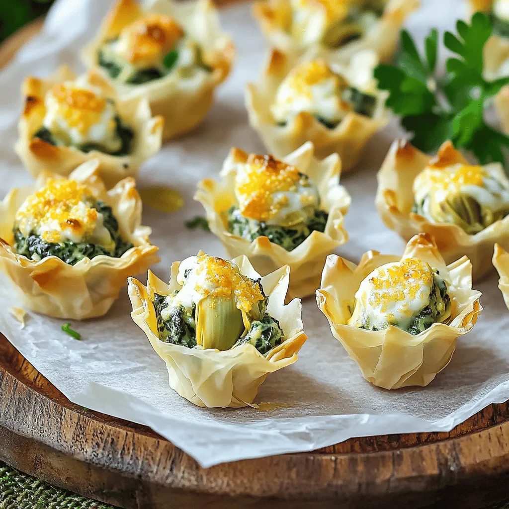 For Spinach Artichoke Dip Bites, you will need: - 1 cup fresh spinach, chopped - 1 cup artichoke hearts, drained and finely chopped - 1 cup cream cheese, softened to room temperature - ½ cup sour cream - ½ cup grated Parmesan cheese - 1 cup shredded mozzarella cheese - 2 cloves garlic, minced - 1 teaspoon lemon juice - Salt and freshly ground black pepper to taste - 1 package of mini phyllo pastry shells (15 count) - Olive oil for drizzling You can swap ingredients for different flavors. Use Greek yogurt instead of sour cream. It adds creaminess and tang. For a lighter option, try low-fat cream cheese. Canned artichokes work in place of fresh ones. If you want a vegan dip, use cashew cream or tofu. I trust a few brands for quality. For cream cheese, Philadelphia is a classic choice. For Parmesan, consider Grana Padano; it has great flavor. I like using Kraft for shredded mozzarella as it melts well. For phyllo pastry, look for Athens brand; it’s reliable and easy to find. You can check the Full Recipe for more details on making these tasty bites. 1. Preheat your oven to 375°F (190°C). This step is key for a crisp finish. 2. In a large mixing bowl, mix together cream cheese, sour cream, and Parmesan cheese. Use a spatula or mixer to blend until smooth and creamy. 3. Next, fold in chopped spinach, artichoke hearts, minced garlic, and lemon juice. Add half of the shredded mozzarella cheese. Season with salt and pepper, mixing well. 4. Place mini phyllo pastry shells on a baking sheet. Space them evenly to help with baking. 5. Use a spoon or small scoop to fill each phyllo shell with the spinach and artichoke mixture. Make sure they are heaping but not overflowing. 6. Sprinkle remaining mozzarella cheese over each filled shell. This adds extra cheesy goodness. 7. Drizzle olive oil lightly over the filled shells. This helps them bake to a golden crisp. 8. Place the baking sheet in the oven. Bake for 15-20 minutes. Watch for the cheese to melt and the pastry to turn golden brown. 9. When done, take the bites out of the oven. Let them cool for a few minutes before serving. This helps them set slightly. - Use fresh spinach for the best taste. It adds a vibrant color and flavor. - Don’t skip the olive oil drizzle. It enhances the flavor and helps with browning. - Serve these bites on a rustic wooden platter for a beautiful display. Garnish with a sprig of parsley or some chopped spinach. For the full recipe, you can check out the Spinach & Artichoke Dip Bites recipe. You can prepare these bites ahead of time. Mix the filling and store it in the fridge. Fill the phyllo shells right before baking. This keeps them crisp and fresh. You can also bake them in advance. Just reheat them in the oven for a few minutes. This makes party prep easy and smooth. Serve the Spinach Artichoke Dip Bites warm for the best taste. Place them on a large platter. Add a small bowl of extra dip in the center. This makes it fun for guests to enjoy. You can also sprinkle some extra cheese on top before serving. It adds a nice touch and makes them look great. These bites pair well with many dips and drinks. A creamy ranch dip adds a nice twist. You can also offer a zesty marinara sauce for a different flavor. For drinks, try a crisp white wine or a refreshing sparkling water. This combination complements the cheese and spinach flavors. For the full recipe, check out the Spinach & Artichoke Dip Bites section. {{image_4}} You can keep these bites vegetarian by sticking to the basic recipe. The blend of spinach and artichokes gives a rich flavor. If you want more texture, try adding chopped bell peppers or mushrooms. These veggies add crunch without taking away from the main flavors. To make these bites gluten-free, switch the phyllo shells with gluten-free pastry cups. Many brands offer great gluten-free options. You can also make your own shells using almond flour or coconut flour. Just ensure your other ingredients, like cheese, are gluten-free too. Spice up your bites by adding crushed red pepper flakes or cayenne pepper. This gives a nice kick to the creamy mix. For a different taste, try adding fresh herbs. Chopped basil or dill work well and brighten the flavor. If you love heat, diced jalapeños or green chiles can add a zesty twist. You can find the Full Recipe for these tasty bites in the main article. After your party, store any leftover Spinach Artichoke Dip Bites in an airtight container. Keep them in the fridge for up to three days. If you want to keep them longer, freezing is a good option. To freeze, place the baked bites in a single layer on a baking sheet. Once frozen, transfer them to a freezer-safe bag. They can stay in the freezer for up to three months. Label the bag with the date for easy tracking. To reheat, preheat your oven to 350°F (175°C). Place the bites on a baking sheet. Bake for about 10-15 minutes or until warm and crispy. Avoid using the microwave, as it can make them soggy. Enjoy your delicious bites again! If you want a cream cheese swap, try using Greek yogurt. It adds a nice tang. You can also use ricotta cheese for a lighter texture. Another option is cottage cheese; just blend it until smooth. Each of these choices will change the taste slightly but will still be creamy. Yes, you can prepare these bites ahead of time. Make the filling and store it in the fridge for up to two days. You can fill the phyllo shells before baking or keep them separate. If you bake them first, let them cool and store in an airtight container. These bites last about three to four days in the fridge. Store them in an airtight container to keep them fresh. Reheat in the oven for best results. This way, they stay crispy and delicious! For the full recipe, check out the details above. This blog post covered key points for making delicious Spinach Artichoke Dip Bites. We explored the best ingredients and helpful substitutions. I shared step-by-step instructions for preparation and baking, plus tips for perfecting your dish. We also discussed storage info and answers to common questions. With this guide, you can create tasty bites that impress. Enjoy experimenting with flavors and variations to make them your own.
