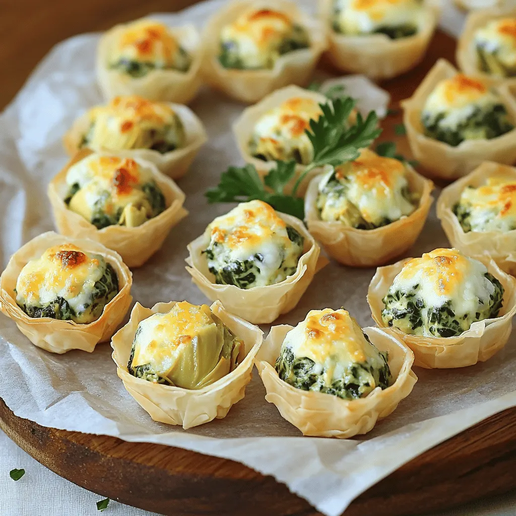 For Spinach Artichoke Dip Bites, you will need: - 1 cup fresh spinach, chopped - 1 cup artichoke hearts, drained and finely chopped - 1 cup cream cheese, softened to room temperature - ½ cup sour cream - ½ cup grated Parmesan cheese - 1 cup shredded mozzarella cheese - 2 cloves garlic, minced - 1 teaspoon lemon juice - Salt and freshly ground black pepper to taste - 1 package of mini phyllo pastry shells (15 count) - Olive oil for drizzling You can swap ingredients for different flavors. Use Greek yogurt instead of sour cream. It adds creaminess and tang. For a lighter option, try low-fat cream cheese. Canned artichokes work in place of fresh ones. If you want a vegan dip, use cashew cream or tofu. I trust a few brands for quality. For cream cheese, Philadelphia is a classic choice. For Parmesan, consider Grana Padano; it has great flavor. I like using Kraft for shredded mozzarella as it melts well. For phyllo pastry, look for Athens brand; it’s reliable and easy to find. You can check the Full Recipe for more details on making these tasty bites. 1. Preheat your oven to 375°F (190°C). This step is key for a crisp finish. 2. In a large mixing bowl, mix together cream cheese, sour cream, and Parmesan cheese. Use a spatula or mixer to blend until smooth and creamy. 3. Next, fold in chopped spinach, artichoke hearts, minced garlic, and lemon juice. Add half of the shredded mozzarella cheese. Season with salt and pepper, mixing well. 4. Place mini phyllo pastry shells on a baking sheet. Space them evenly to help with baking. 5. Use a spoon or small scoop to fill each phyllo shell with the spinach and artichoke mixture. Make sure they are heaping but not overflowing. 6. Sprinkle remaining mozzarella cheese over each filled shell. This adds extra cheesy goodness. 7. Drizzle olive oil lightly over the filled shells. This helps them bake to a golden crisp. 8. Place the baking sheet in the oven. Bake for 15-20 minutes. Watch for the cheese to melt and the pastry to turn golden brown. 9. When done, take the bites out of the oven. Let them cool for a few minutes before serving. This helps them set slightly. - Use fresh spinach for the best taste. It adds a vibrant color and flavor. - Don’t skip the olive oil drizzle. It enhances the flavor and helps with browning. - Serve these bites on a rustic wooden platter for a beautiful display. Garnish with a sprig of parsley or some chopped spinach. For the full recipe, you can check out the Spinach & Artichoke Dip Bites recipe. You can prepare these bites ahead of time. Mix the filling and store it in the fridge. Fill the phyllo shells right before baking. This keeps them crisp and fresh. You can also bake them in advance. Just reheat them in the oven for a few minutes. This makes party prep easy and smooth. Serve the Spinach Artichoke Dip Bites warm for the best taste. Place them on a large platter. Add a small bowl of extra dip in the center. This makes it fun for guests to enjoy. You can also sprinkle some extra cheese on top before serving. It adds a nice touch and makes them look great. These bites pair well with many dips and drinks. A creamy ranch dip adds a nice twist. You can also offer a zesty marinara sauce for a different flavor. For drinks, try a crisp white wine or a refreshing sparkling water. This combination complements the cheese and spinach flavors. For the full recipe, check out the Spinach & Artichoke Dip Bites section. {{image_4}} You can keep these bites vegetarian by sticking to the basic recipe. The blend of spinach and artichokes gives a rich flavor. If you want more texture, try adding chopped bell peppers or mushrooms. These veggies add crunch without taking away from the main flavors. To make these bites gluten-free, switch the phyllo shells with gluten-free pastry cups. Many brands offer great gluten-free options. You can also make your own shells using almond flour or coconut flour. Just ensure your other ingredients, like cheese, are gluten-free too. Spice up your bites by adding crushed red pepper flakes or cayenne pepper. This gives a nice kick to the creamy mix. For a different taste, try adding fresh herbs. Chopped basil or dill work well and brighten the flavor. If you love heat, diced jalapeños or green chiles can add a zesty twist. You can find the Full Recipe for these tasty bites in the main article. After your party, store any leftover Spinach Artichoke Dip Bites in an airtight container. Keep them in the fridge for up to three days. If you want to keep them longer, freezing is a good option. To freeze, place the baked bites in a single layer on a baking sheet. Once frozen, transfer them to a freezer-safe bag. They can stay in the freezer for up to three months. Label the bag with the date for easy tracking. To reheat, preheat your oven to 350°F (175°C). Place the bites on a baking sheet. Bake for about 10-15 minutes or until warm and crispy. Avoid using the microwave, as it can make them soggy. Enjoy your delicious bites again! If you want a cream cheese swap, try using Greek yogurt. It adds a nice tang. You can also use ricotta cheese for a lighter texture. Another option is cottage cheese; just blend it until smooth. Each of these choices will change the taste slightly but will still be creamy. Yes, you can prepare these bites ahead of time. Make the filling and store it in the fridge for up to two days. You can fill the phyllo shells before baking or keep them separate. If you bake them first, let them cool and store in an airtight container. These bites last about three to four days in the fridge. Store them in an airtight container to keep them fresh. Reheat in the oven for best results. This way, they stay crispy and delicious! For the full recipe, check out the details above. This blog post covered key points for making delicious Spinach Artichoke Dip Bites. We explored the best ingredients and helpful substitutions. I shared step-by-step instructions for preparation and baking, plus tips for perfecting your dish. We also discussed storage info and answers to common questions. With this guide, you can create tasty bites that impress. Enjoy experimenting with flavors and variations to make them your own.