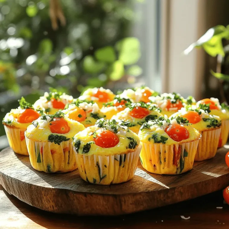 - 6 large eggs - 1/2 cup milk (dairy or plant-based) - 1 cup fresh spinach, chopped - 1/2 cup bell pepper, diced - 1/2 cup cherry tomatoes, halved - 1/4 cup red onion, finely chopped - 1/2 cup shredded cheese (cheddar or feta recommended) - Additional Seasoning: Salt and pepper to taste - Cooking Oil: 1 teaspoon olive oil Egg muffins with veggies are easy and quick to make. You can use fresh or frozen veggies. I love using spinach, bell peppers, and cherry tomatoes. They add nice color and flavor. You can mix and match based on what you have at home. Cheese makes these muffins creamy. I suggest cheddar or feta, but you can use what you like. Don't forget to add salt and pepper for taste. A little olive oil helps prevent sticking. You can find the full recipe above. Enjoy making these tasty muffins! First, preheat your oven to 350°F (175°C). This step ensures even cooking. Next, grease a muffin tin with olive oil. You can also use silicone liners. They help with easy removal later. In a large bowl, whisk together 6 large eggs and 1/2 cup of milk. Make sure the mixture is smooth. Season with salt and pepper to taste. Then, add 1 cup of chopped spinach, 1/2 cup of diced bell pepper, 1/2 cup of halved cherry tomatoes, and 1/4 cup of finely chopped red onion. Mix in 1/2 cup of shredded cheese. Stir until all ingredients blend well. Carefully pour the egg mixture into the muffin tin. Fill each cup about three-quarters full. This allows room for rising. Place the muffin tin in the oven and bake for 18 to 20 minutes. They are ready when puffed up and a toothpick comes out clean. For more details, check the Full Recipe. To make your egg muffins fluffy, start by whisking the eggs well. Whisk until frothy; this adds air and lightness. If you have a hand mixer, use it for even better results. Cooking time can vary by oven. If your muffins brown too quickly, lower the temperature slightly. On the other hand, if they take longer, check your oven’s accuracy. Every oven runs a bit differently. Serving your muffins on a bright platter can make a big difference. Use fresh herbs as a garnish. This adds a pop of color and a burst of flavor. You can also pair them with avocado or salsa for extra flair. Make your egg muffins visually appealing. A mix of colors from the veggies looks great. Arrange them neatly on a plate to impress your guests. Adding veggies to your muffins boosts their nutrition. Spinach, bell peppers, and tomatoes all provide vitamins. They help keep your meals healthy and tasty. If you want to swap milk for a plant-based option, try almond or oat milk. These alternatives can add unique flavors and keep your muffins light. They also make the recipe suitable for those with dietary restrictions. For more details on how to make these delicious treats, check out the Full Recipe. {{image_4}} You can change the veggies based on what you have. Try zucchini or broccoli instead of spinach. If you want a different cheese, use goat cheese or even nutritional yeast for a vegan option. This way, you can keep the recipe fresh and tasty. Add herbs like thyme or rosemary for extra flavor. You can also mix in cooked bacon or sausage for a heartier meal. Spice lovers can toss in red pepper flakes or smoked paprika to give the muffins a kick. To make this recipe gluten-free, just ensure any added ingredients are gluten-free. You can also make a low-carb version by skipping the cheese or using fewer veggies. Try adding avocado for a creamy texture without carbs. Each variation keeps the dish healthy and fun. Check out the Full Recipe for more ideas! To keep your egg muffins fresh, let them cool down completely. Place them in an airtight container. This will help maintain their taste and texture. You can store them in the fridge for up to one week. Make sure to check for any signs of spoilage before eating. If you want to save some for later, freezing is a great option. To freeze egg muffins, first, let them cool completely. Then, wrap each muffin in plastic wrap. Place the wrapped muffins in a freezer bag or container. When you're ready to eat, you can reheat them straight from the freezer. To reheat, just pop them in the microwave for about 1-2 minutes or until heated through. This makes it easy to enjoy a quick meal anytime! For the full recipe, check out the previous sections. Yes, you can make egg muffins ahead. I often prepare a batch on Sundays. This saves time on busy mornings. To meal prep, bake the muffins and let them cool. Once cool, place them in an airtight container. Store them in the fridge for up to a week. You can reheat them in the microwave or oven. This way, you have a healthy breakfast ready to go! If you want an egg-free option, try these substitutes: - Flaxseed meal: Mix 1 tablespoon of flaxseed meal with 3 tablespoons of water. Let it sit for 5 minutes. - Chia seeds: Similar to flaxseed, mix 1 tablespoon of chia seeds with 3 tablespoons of water. - Silken tofu: Blend 1/4 cup of silken tofu until smooth. This works well in savory muffins. These options will create a similar texture, but flavors may vary. Egg muffins can last about one week in the fridge. To keep them fresh, store them in an airtight container. If you notice any moisture, place a paper towel inside to absorb it. Always check for signs of spoilage before eating. If they look or smell odd, it’s best to toss them. Enjoy them warm for breakfast or a snack! For the complete recipe, check out the Full Recipe section. This blog post covered tasty egg muffins. You learned about the main ingredients, mixing, baking, and tips to perfect them. I shared ideas to make these muffins visually appealing and healthy. Variations let you customize based on what you like. Remember to store leftovers properly for later enjoyment. Experimenting with these recipes can lead to great meals. You can create quick dishes that fit your taste. Enjoy cooking and make these muffins your own!