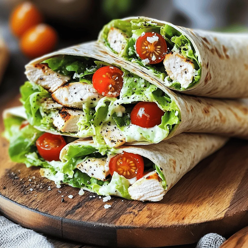 - 2 large boneless, skinless chicken breasts - 4 large whole wheat tortillas - 2 cups Romaine lettuce, chopped into bite-sized pieces - ½ cup Caesar dressing (store-bought or homemade) - ½ cup grated Parmesan cheese - 1 tablespoon olive oil - 1 teaspoon garlic powder - 1 teaspoon Italian seasoning - Salt and freshly ground black pepper to taste To make these wraps, you need fresh, tasty ingredients. The chicken is the star here. I like to use boneless, skinless breasts. They cook evenly and keep the wraps light. Whole wheat tortillas add fiber and flavor. When you choose your lettuce, Romaine gives a nice crunch. For the dressing, you can use store-bought Caesar or make your own. I often lean toward homemade for a fresher taste. Parmesan cheese adds that salty, creamy touch. Now let's talk about the seasoning. Olive oil helps the chicken grill beautifully. Garlic powder and Italian seasoning bring out great flavors. Don’t forget salt and pepper. They help enhance all the other tastes. With these ingredients, you create a meal packed with flavor. Check out the Full Recipe for complete cooking instructions. - Marinating the Chicken First, I coat the chicken breasts with olive oil. I sprinkle each breast with salt, black pepper, garlic powder, and Italian seasoning. This step takes about 15 minutes. It helps to bring out the flavors in the chicken. - Preheating the Grill While the chicken marinates, I preheat my grill to medium-high heat. This is important for getting nice grill marks and cooking the chicken evenly. - Cooking Time and Temperature Once the grill is ready, I place the marinated chicken on it. I cook the chicken for 6-7 minutes on each side. I check the internal temperature to ensure it reaches 165°F (75°C). This guarantees the chicken is cooked through and safe to eat. - Resting the Chicken After grilling, I remove the chicken from the grill and let it rest for 5 minutes. Resting keeps the juices in the chicken, making it tender and juicy when I slice it. - Mixing the Filling Ingredients In a large bowl, I combine chopped Romaine lettuce, Caesar dressing, grated Parmesan cheese, and halved cherry tomatoes. I toss everything gently. This creates a tasty filling for the wraps. - Wrapping Technique I take a whole wheat tortilla and lay it flat. I add a portion of the lettuce mixture and some sliced grilled chicken in the center. I fold the sides inward, then roll from the bottom up. This keeps everything secure as I wrap it up. With these steps, you can easily make Grilled Chicken Caesar Wraps that are packed with flavor. For the full recipe, check out the recipe section above. Tips for Marinating To make the chicken tasty, start with a good marinade. Use olive oil, salt, pepper, garlic powder, and Italian seasoning. Let the chicken sit in this mix for about 15 minutes. This makes the chicken juicy and full of flavor. Achieving Optimal Grill Marks For great grill marks, heat your grill to medium-high. Place the chicken on the grill and don’t move it for 6-7 minutes. Then, flip it and do the same on the other side. This gives you those nice lines and seals in the juices. Presentation Ideas When serving, lay the wraps on a rustic platter. Cut each wrap in half at a diagonal. This makes them look nice and easy to grab. Add a few halved cherry tomatoes on the side for color. A small bowl of Caesar dressing makes a great dip. Pairing with Sides You can pair these wraps with a fresh salad or crispy sweet potato fries. A side of fruit salad also works well. These sides balance the meal and add more flavors. Ideal Storage Conditions Store any leftover wraps in an airtight container. Place them in the fridge to keep them fresh. They last well for up to three days. Reheating Techniques To reheat, unwrap the chicken. Heat it in a pan over medium heat for about five minutes. This keeps the wrap crispy. You can also use a microwave but be careful; it can make the wrap soggy. For the full recipe, check out the complete instructions above. {{image_4}} Substituting Chicken You can easily swap chicken for turkey. Turkey breast works great and tastes just as good. If you want a richer flavor, try grilled shrimp. It adds a nice twist to the wrap. Plant-Based Options For a plant-based meal, consider using grilled tofu or tempeh. Both absorb flavors well and provide a hearty texture. You can also use chickpeas for a protein-packed option. They add a nice crunch when you roast them first. Using Homemade Dressing Making your own Caesar dressing can boost the flavor. Mix garlic, anchovy paste, lemon juice, and olive oil for a fresh taste. Add some Dijon mustard for a little kick. This homemade dressing elevates your wrap. Adding Extra Vegetables Feel free to add more veggies. Spinach, bell peppers, or red onions work well. They add color and crunch. Try adding avocado for creaminess. It makes your wrap more filling and tasty. Spicy Variants For spice lovers, add hot sauce or diced jalapeños. This gives the wrap a nice heat. You can also use chipotle seasoning to add a smoky flavor. Herbed Variants For a fresh taste, add herbs like cilantro or basil. These herbs brighten up the wrap. You can even use pesto instead of Caesar dressing for a fun change. It’s a delicious twist that you’ll love. This recipe allows for endless creativity. Explore these variations to find your perfect wrap! For the full recipe, check out Grilled Chicken Caesar Wraps. - Refrigeration Tips: After you make your Grilled Chicken Caesar Wraps, let them cool down first. Wrap each one in plastic wrap or foil. Put them in an airtight container. This keeps them fresh and tasty in the fridge. They can stay good for about three to four days. Always store them in the main part of the fridge, not on the door. - Freezing Recommendations: If you want to keep your wraps longer, freeze them. Wrap each wrap tightly in plastic wrap and then in aluminum foil. Place them in a freezer-safe bag. They can last up to three months in the freezer. When you're ready to eat, thaw them overnight in the fridge. Then, reheat them in the oven or microwave. - How Long They Last in the Fridge: Grilled Chicken Caesar Wraps stay fresh in the fridge for up to four days. Check for any signs of spoilage after three days. If they look or smell off, it’s best to toss them. - Signs of Spoilage: Look for changes in color or texture. If the wraps feel slimy or have an odd odor, they are no longer safe to eat. Always trust your senses. When in doubt, it’s better to be safe and discard them. To make Grilled Chicken Caesar Wraps, follow these steps: 1. Prepare the Chicken: Start by preheating the grill. Coat the chicken breasts with olive oil, salt, pepper, garlic powder, and Italian seasoning. Let it marinate for 15 minutes. 2. Grill the Chicken: Place the chicken on the grill. Cook for 6-7 minutes on each side until fully cooked. The internal temperature should be 165°F (75°C). Let it rest for 5 minutes. 3. Slice the Chicken: Cut the rested chicken into thin strips. 4. Mix the Filling: In a bowl, combine chopped Romaine lettuce, Caesar dressing, grated Parmesan cheese, and halved cherry tomatoes. Toss until well coated. 5. Assemble the Wraps: Lay a whole wheat tortilla flat. Add the lettuce mixture and sliced chicken in the center. 6. Wrap it Up: Fold the sides of the tortilla inward. Roll it up from the bottom to secure the filling. 7. Serve: Cut each wrap in half and sprinkle with cracked black pepper. For the full recipe, check out the [Full Recipe]. Yes, you can prepare Grilled Chicken Caesar Wraps ahead of time. Here are some tips: - Make the Chicken: Grill the chicken and slice it. Store it in an airtight container in the fridge. - Prep the Filling: Mix the Romaine lettuce, dressing, cheese, and tomatoes. Keep it separate to avoid sogginess. - Assemble When Ready: When you are ready to eat, assemble the wraps fresh. This keeps them tasty and crunchy. Here are some great side dishes and drinks to pair with your wraps: - Side Dishes: - Fresh fruit salad - Crispy potato wedges - A light vegetable soup - Caesar salad with extra croutons - Drinks: - Iced tea with lemon - Sparkling water with mint - A light white wine, like Pinot Grigio To keep your wraps fresh, follow these storage and serving tips: - Wrap Separately: Store the chicken and filling in separate containers until ready to eat. - Use Fresh Tortillas: Soft, fresh tortillas hold up better than older ones. - Add Dressing Last: Spread the Caesar dressing just before serving to avoid sogginess. - Serve Quickly: Assemble and serve the wraps shortly after making them for the best texture. Grilled Chicken Caesar Wraps are a tasty and easy meal you can make at home. We covered the main ingredients, including chicken, whole wheat tortillas, and Caesar dressing. You learned step-by-step instructions for preparing, grilling, and assembling the wraps. Tips for perfecting your chicken and serving options enhance the meal. Feel free to try different proteins, dressings, and storage methods. Enjoy making this dish your own and share it with family and friends.