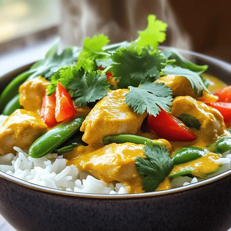 For coconut curry chicken, you need fresh and flavorful items. Here’s a list of what you’ll use: - 1 lb (450g) boneless, skinless chicken thighs, cut into bite-sized pieces - 1 tablespoon coconut oil - 1 medium onion, finely chopped - 3 cloves garlic, minced - 1 tablespoon fresh ginger, grated - 2 tablespoons red curry paste - 1 can (13.5 oz) coconut milk - 1 cup chicken broth - 1 tablespoon fish sauce (or soy sauce for a vegetarian option) - 1 tablespoon brown sugar - 1 red bell pepper, sliced into thin strips - 1 cup snap peas or green beans, trimmed - 2 cups fresh baby spinach - Fresh cilantro, roughly chopped, for garnish - Cooked rice (jasmine or basmati), for serving These ingredients combine to create a rich, creamy, and aromatic dish. The chicken thighs provide a tender bite. Coconut milk brings creaminess, while the red curry paste adds heat and depth. You might want to scale the recipe. Here are some quick conversions: - 1 lb = 450g - 1 tablespoon = 15ml - 1 cup = 240ml If you need to adjust, remember that these conversions keep your dish balanced. Use these measurements to ensure your flavors and textures stay just right. You can easily swap ingredients based on what you have. Here are some common alternatives: - Chicken thighs can be replaced with chicken breast for a leaner option. - Use vegetable broth instead of chicken broth for a vegetarian dish. - If you don’t have red curry paste, try green curry paste for a different flavor. - For a nut-free option, skip the coconut milk and use almond or oat milk instead. These substitutions allow you to customize the recipe. Adjust according to your taste or dietary needs. Enjoy the process of making this dish your own! You can find the full recipe [here]. 1. Gather all your ingredients. This makes cooking smooth and fun. 2. Cut the chicken into bite-sized pieces. This helps it cook evenly. 3. Finely chop the onion. A sharp knife makes this easier. 4. Mince the garlic and grate the ginger. Fresh flavors are key here. 5. Slice the red bell pepper into thin strips. Keep them uniform for even cooking. 6. Trim the snap peas or green beans. This adds a nice crunch to your dish. 1. Heat coconut oil in a large skillet over medium heat. Wait until it melts. 2. Add the chopped onion. Sauté for about 5 minutes until soft. 3. Stir in garlic and ginger. Cook for 1 minute until fragrant. 4. Add chicken pieces. Spread them out and cook for 5-7 minutes. Flip occasionally until browned. 5. Mix in red curry paste. Ensure all chicken pieces are coated. Sauté for an extra 2 minutes. 6. Slowly pour in coconut milk and chicken broth. Add fish sauce and brown sugar. Stir well. 7. Increase heat to bring it to a gentle simmer. Once bubbling, add bell pepper and snap peas. 8. Simmer for 10 minutes. This helps the veggies stay tender-crisp and the chicken cook through. 9. Just before serving, fold in baby spinach. Stir gently until it wilts, about 1 minute. 10. Taste the curry. Adjust seasoning with more fish sauce or brown sugar if needed. 11. Serve the curry over cooked rice. Ensure everyone gets enough delicious sauce. 12. Garnish with freshly chopped cilantro for a bright finish. - Use deep bowls for serving. This highlights the dish's vibrant colors. - Consider adding extra cilantro on top. It gives a fresh aroma. - Enjoy the dish warm. It brings out all the flavors. For the complete recipe details, check the Full Recipe. To make the best coconut curry chicken, follow these simple tips: - Choose quality chicken: Fresh, boneless, skinless thighs work best. They stay juicy. - Use fresh spices: Fresh ginger and garlic give strong flavors. - Don't rush the sauté: Cook onions until soft. This builds a great base. - Bloom the spices: Stir red curry paste for a few minutes. This enhances its taste. - Adjust the heat: Simmer gently. High heat can make the sauce too thin. - Taste as you go: Add more fish sauce or sugar if needed. This personalizes the flavor. Storing your coconut curry chicken is easy. Here are some tips: - Cool before storing: Let it cool down to room temperature first. - Use airtight containers: This keeps the flavors fresh and prevents spills. - Refrigerate promptly: Consume leftovers within three days for best taste. - Freezing: You can freeze it! It lasts up to three months. Just thaw before reheating. - Reheat gently: Use low heat on the stove or microwave. Stir often for even warmth. Having the right tools makes cooking easier. Here’s what you need: - Sharp knife: For chopping chicken and veggies with ease. - Cutting board: A clean surface to prep your ingredients. - Large skillet or pot: Essential for cooking everything together. - Wooden spoon: Perfect for stirring without scratching your pan. - Measuring cups and spoons: Accurate measurements help with flavors. - Ladle: Use this to serve your delicious curry. For a complete guide, check out the Full Recipe. {{image_4}} You can easily make coconut curry chicken vegetarian or vegan. Simply swap out the chicken for cubed tofu or chickpeas. Tofu soaks up great flavors. Use soy sauce instead of fish sauce. For a vegan twist, pick vegetable broth. This keeps the dish rich and creamy while still being plant-based. You have many protein options besides chicken. Try shrimp for a lighter meal. Fish, like salmon, works well too. For a heartier dish, use beef or lamb. Just adjust cooking times as needed. Each protein offers a unique taste that pairs wonderfully with the coconut curry. Want more heat? Add fresh chili peppers or more red curry paste. You can also include a pinch of cayenne for an extra kick. If you prefer mild flavors, reduce the curry paste. Taste as you go. This way, you can create a dish that fits your spice level perfectly. For the complete recipe, check out the Full Recipe. To make your meal complete, pair the coconut curry chicken with tasty sides. Here are some great options: - Jasmine or basmati rice: The soft grains soak up the curry sauce well. - Naan or flatbread: Great for scooping up the curry and adds a nice texture. - Steamed vegetables: Broccoli, carrots, or cauliflower add color and nutrition. - Cucumber salad: A cool salad can balance the heat from the curry. Make your dish look as good as it tastes. Here are some presentation tips: - Use deep bowls: This highlights the vibrant colors of the curry. - Layer the rice: Put rice at the bottom and curry on top for a nice effect. - Add color: Serve with colorful vegetables to make the dish pop. - Keep it clean: Wipe the edges of the bowl for a polished look. Garnishing adds flavor and makes your dish inviting. Consider these options: - Fresh cilantro: It adds a bright taste and looks great. - Lime wedges: A squeeze of lime gives a fresh zing. - Chili flakes: For those who like it spicier, sprinkle some on top. - Toasted coconut: This adds crunch and a sweet note. For the full recipe, check out the Tropical Coconut Curry Chicken details. Coconut curry chicken lasts about 3 to 4 days in the fridge. Make sure to store it in an airtight container. This keeps it fresh and tasty for your next meal. Yes, you can freeze coconut curry chicken. Allow it to cool first, then place it in a freezer-safe container. It will stay good for up to 3 months. When ready to eat, thaw it in the fridge overnight and reheat. Red curry paste uses red chilies, giving it a bolder flavor. Green curry paste uses green chilies, which makes it fresher and spicier. Both have unique ingredients. You can choose based on your taste preference. To make your coconut curry chicken spicier, add more red curry paste. You can also include fresh chilies or chili flakes. Adjusting the amount is key to achieving the heat you want. I love serving coconut curry chicken with jasmine rice or basmati rice. You can also pair it with naan bread or a fresh salad. These sides enhance the meal and make it even more enjoyable. For the full recipe, check out Tropical Coconut Curry Chicken. This blog post covered the key ingredients, step-by-step cooking, and helpful tips for making coconut curry chicken. We looked at ingredient alternatives, cooking methods, and serving ideas. You now have the tools to create a tasty dish for any occasion. Remember, the choice of spices and sides can make your curry even better. Embrace your creativity and enjoy cooking!