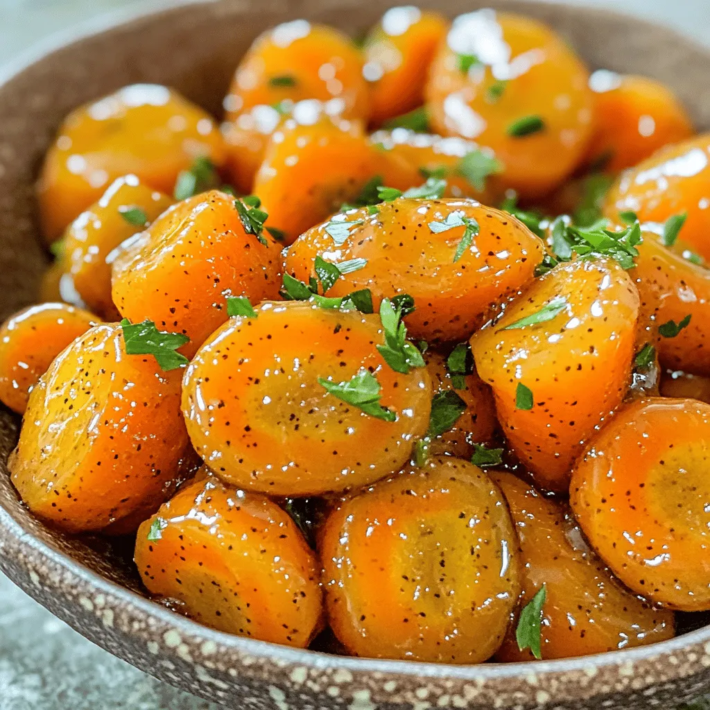 To make honey mustard glazed carrots, gather these ingredients: - 1 pound baby carrots (or 4 regular carrots, peeled and sliced) - 3 tablespoons honey - 2 tablespoons Dijon mustard - 2 tablespoons unsalted butter - 1 tablespoon olive oil - 1 teaspoon garlic powder - Salt and pepper to taste - Fresh parsley, chopped (for garnish) These ingredients work together to create a sweet and tangy glaze that brings out the carrots' natural flavor. You can swap some ingredients based on what you have at home. If you don’t have Dijon mustard, yellow mustard works too. Maple syrup can replace honey for a vegan option. Unsalted butter can be replaced with margarine or a plant-based spread. For garlic powder, fresh minced garlic is a great alternative. Feel free to adjust the seasonings to suit your taste! Fresh carrots offer a crunch and vibrant color that frozen carrots may lack. However, frozen carrots are convenient and save prep time. If using frozen, make sure they are thawed and drained before cooking. Both options work well, but fresh carrots will give a better texture and taste in this recipe. Using fresh carrots can elevate your dish and impress your guests. For the complete recipe, check out the [Full Recipe] link. Start by washing your carrots well. If you have baby carrots, you can use them whole. For regular carrots, peel them first. Then slice them into pieces that are about 2 inches long. This helps them cook evenly. Next, bring a medium pot of water to a boil. Once it boils, add your prepared carrots. Let them cook for about 5 to 7 minutes. You want them to be tender but still a little crunchy. After that, drain the carrots and let them cool for a moment. In a large skillet, melt some unsalted butter with olive oil over medium heat. Stir it a bit until the butter is all melted. Then, pour in the honey and Dijon mustard. Mix these well to create a smooth glaze. Next, sprinkle in garlic powder and season with salt and pepper. Stir this mixture for about 2 minutes until it gets thick and syrupy. Now, add your drained carrots to the skillet. Toss them gently in the honey mustard glaze until they are well coated. Cook them for another 3 to 4 minutes, stirring often. This warms the carrots through and gives them a nice shine. Once done, take your skillet off the heat. Transfer the glazed carrots to a serving dish. For a touch of color, sprinkle fresh parsley on top. Serve these warm with any meal you like. Check out the Full Recipe for all the details! To cook carrots evenly, cut them into similar sizes. If you use baby carrots, they are often the right size. For regular carrots, slice them into pieces about 2 inches long. This helps them cook at the same rate. Boil the carrots for 5-7 minutes until they are tender yet crisp. This way, you avoid mushy carrots. You can tweak the sweetness of your glaze. If you like it sweeter, add more honey. If you want it tangier, increase the Dijon mustard. Taste the glaze as you mix it. This lets you find the perfect balance for your palate. You can also adjust salt and pepper to enhance the flavor, making it just right for your meal. Serve your honey mustard glazed carrots warm. They pair well with roasted chicken or grilled fish. For a pop of color, arrange them in a shallow bowl. Drizzle any leftover glaze on top for added shine and flavor. Fresh parsley adds a nice touch as a garnish, making your dish look vibrant. For more ideas, check out the Full Recipe for different serving styles. {{image_4}} You can make honey mustard glazed carrots even tastier by adding spices and herbs. Try adding a pinch of cayenne pepper for some heat. You can also use fresh thyme or rosemary for a nice earthy flavor. Just sprinkle these in when you mix the glaze. This small change can bring a whole new taste to your dish. If you want to change the sweetness, use maple syrup or agave instead of honey. Both options add a unique flavor. Maple syrup gives a rich taste, while agave is milder. You can use the same amount as honey in the recipe. This way, you can suit your taste or dietary needs without losing the glaze's essence. To make this dish vegetarian or vegan, swap the butter for vegan butter or coconut oil. Both options work great in the glaze. Just make sure the Dijon mustard you choose is vegan, as some brands may contain honey. You can still enjoy honey mustard glazed carrots with these simple swaps, making them friendly for all diets. For the full recipe, check out the Honey Mustard Glazed Carrots recipe! To store your glazed carrots, let them cool first. Place them in an airtight container. Keep them in the fridge for up to 3 days. This helps maintain their flavor and texture. If you skip the cooling, they may sweat and become mushy. When you’re ready to enjoy your carrots again, reheat them gently. You can use the microwave for quick heating. Place them in a bowl and cover with a damp paper towel. Heat in short bursts of 30 seconds. Stir between each burst to heat evenly. You can also reheat on the stove. Just add a splash of water to the skillet and heat over low. This keeps them moist and tasty. You can freeze glazed carrots for later use. First, let them cool completely. Spread them in a single layer on a baking sheet. Freeze until solid, then transfer them to a freezer-safe bag. Remove as much air as possible. They can last up to 3 months in the freezer. When ready to eat, thaw in the fridge overnight. Reheat them as mentioned before for the best taste. Enjoy your delicious honey mustard glazed carrots any time! To make honey mustard glazed carrots gluten-free, you simply need to check your ingredients. The main ingredients—honey, mustard, butter, and carrots—are naturally gluten-free. Just be sure to use gluten-free Dijon mustard. This small change keeps your dish safe for those with gluten sensitivities. Yes, you can use other vegetables! The glaze works well with many veggies. Try using green beans, parsnips, or even broccoli. Just remember to cut them into similar sizes for even cooking. Each vegetable adds its own unique flavor to the dish. Honey mustard glazed carrots pair well with many main dishes. You can serve them alongside grilled chicken, roasted pork, or salmon. They also go great with quinoa or rice. This dish adds a sweet and tangy touch to your meal. For a full recipe, check out the details above. This blog post detailed how to make honey mustard glazed carrots. We covered the key ingredients, substitutions, and the difference between fresh and frozen carrots. I shared step-by-step instructions for preparation and cooking, plus making the glaze. We also explored tips for even cooking, flavor adjustments, and serving ideas. You learned about variations, storage best practices, and answered common questions. Enjoy these tasty carrots at every meal. With simple steps, you can impress anyone at your table. Happy cooking!