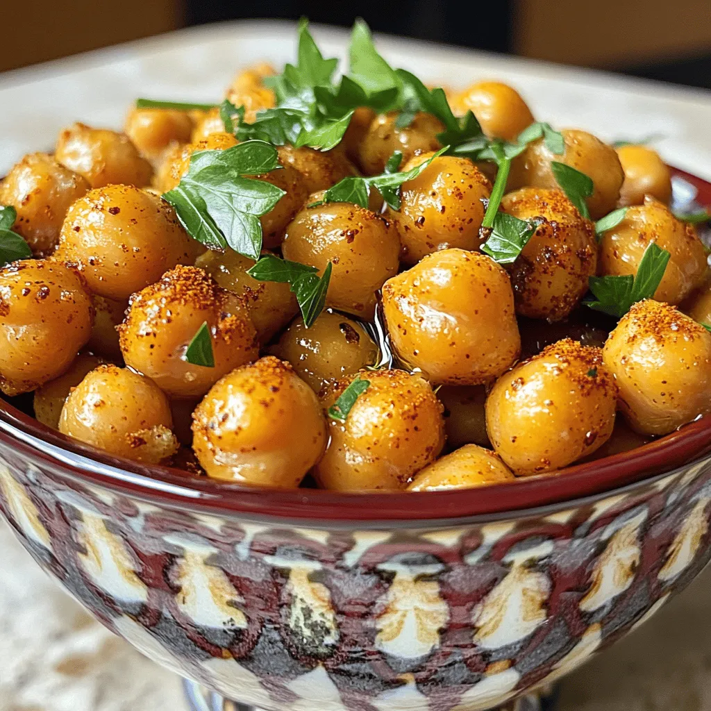 - 1 can (15 oz) chickpeas, rinsed and drained - 2 tablespoons extra virgin olive oil - 1 teaspoon smoked paprika - 1 teaspoon garlic powder - ½ teaspoon cayenne pepper (optional for added spice) - ½ teaspoon ground cumin - Sea salt to taste - Freshly ground black pepper to taste I love using canned chickpeas for this recipe. They save time and are ready to go! Just rinse and drain them well. This keeps them clean and helps them crisp up nicely. Next, we have the olive oil. It adds richness and helps the spices stick to the chickpeas. Choose extra virgin for the best flavor. Now, let’s talk seasoning. I often use smoked paprika for a warm, smoky taste. Garlic powder gives a savory punch. If you like heat, cayenne pepper adds a nice kick. Ground cumin brings a warm, earthy note. You can mix and match these spices to find your favorite blend. Don’t forget the sea salt and black pepper! They enhance all the flavors. - Fresh herbs for garnish - Additional spices for flavor variations After baking, I love to add fresh herbs like parsley or cilantro. They look pretty and taste great. You can also try other spices. Experiment with your favorites! First, preheat your oven to 400°F (200°C). This is the best temperature for crispy roasted chickpeas. Next, line a baking sheet with parchment paper. This makes cleanup easy and helps prevent sticking. Now, take a can of chickpeas and rinse them under cold water. Drain them well, and then transfer them to a clean kitchen towel. Pat them dry gently. Removing moisture is key for that crispy texture. In a large mixing bowl, add the dried chickpeas. Pour in two tablespoons of extra virgin olive oil. Then, add one teaspoon of smoked paprika, one teaspoon of garlic powder, and a half teaspoon of ground cumin. If you like heat, sprinkle in a half teaspoon of cayenne pepper. Finally, season with sea salt and black pepper to taste. Use a spatula or wooden spoon to mix everything well. Make sure each chickpea gets coated evenly in the spice mix. Now, spread the chickpeas in a single layer on the prepared baking sheet. Give them space; crowding them may lead to soggy spots. Place the baking sheet in the preheated oven. Roast the chickpeas for about 25 to 30 minutes. Halfway through, shake the pan gently to help them brown evenly. Keep an eye on them during the last few minutes to avoid burning. When they're golden brown and crispy, take them out of the oven. Let them cool for a few minutes before you enjoy your flavorful snack. For the full recipe, check the complete instructions above. To get crispy roasted chickpeas, drying them is key. After rinsing, use a clean towel to pat them dry. The less moisture, the better the crunch. Next, spread the chickpeas in a single layer on the baking sheet. If they are crowded, they will steam instead of roast. This space allows hot air to flow around them, giving you that perfect texture. Don’t hesitate to play with spices. You can mix smoked paprika with garlic powder for a classic flavor. If you want something bold, try adding chili powder and cumin. Here are some fun combinations: - For a spicy kick: smoked paprika and cayenne pepper. - For a savory taste: garlic powder and Italian herbs. - For a sweet treat: cinnamon and a sprinkle of sugar. For a stunning presentation, serve crispy roasted chickpeas in a stylish bowl. You can also sprinkle fresh herbs on top. Parsley or cilantro adds a nice touch. These tasty bites are great on their own. You can also toss them onto salads or mix with yogurt for a dip. Try pairing with hummus or guacamole for extra flavor. For the full recipe, check out the details in the recipe section. {{image_4}} You can make crispy roasted chickpeas sweet or savory. For a sweet treat, mix cinnamon and sugar. This combo gives a warm and cozy taste. For something savory, try Italian herbs or chili powder. These spices add a kick and make each bite exciting. Crispy roasted chickpeas fit many diets. They are naturally gluten-free, so no worries there! If you're vegan, this recipe is perfect too. You can enjoy these snacks without any animal products. The right spices can change your chickpeas' flavor. Try curry powder for a taste of India. For a Mexican twist, use taco seasoning. These blends bring cultural influences to your kitchen. Feel free to mix and match. Finding your favorite combination is part of the fun! You can check the Full Recipe for more ideas. After you enjoy your crispy roasted chickpeas, store any leftovers in an airtight container. This helps keep them fresh and tasty. I recommend using glass or plastic containers with tight-fitting lids. If you have a lot left, you can also use resealable bags. Just be sure to squeeze out as much air as you can before sealing. If your chickpeas lose their crunch, don’t worry! You can easily bring back their crispiness. Preheat your oven to 400°F (200°C). Spread the chickpeas in a single layer on a baking sheet. Bake them for about 5 to 10 minutes. Keep an eye on them to avoid burning. This method works great to restore that satisfying crunch. Crispy roasted chickpeas can last up to one week when stored properly. Check for signs of spoilage before eating. If they smell off or feel soggy, it’s best to toss them. Remember, freshness is key for that delightful snack experience. Enjoy your crispy roasted chickpeas, and try the full recipe for a fun cooking adventure! To cook chickpeas for snacks, start with high-quality chickpeas. Choose canned ones that are firm and fresh. Rinse them in cold water to remove any canning liquid. Pat them dry with a towel. This step is key for crispiness. The drier they are, the better they roast. Toss the chickpeas in olive oil and your favorite spices. Spread them in a single layer on a baking sheet. This helps them cook evenly. Roast at 400°F (200°C) for 25-30 minutes. Shake the pan halfway through for even cooking. Yes, you can use dried chickpeas. First, soak them overnight in water. This softens them and cuts cooking time. After soaking, drain and rinse the chickpeas. Boil them in fresh water for about one hour. You want them tender but not mushy. Once cooked, follow the same steps as for canned chickpeas. Dry them well and season before roasting. Chickpeas are packed with nutrition. They are a great source of protein and fiber. One cup of cooked chickpeas has about 15 grams of protein. This makes them a filling snack. They also provide important vitamins and minerals like iron and magnesium. Eating chickpeas can help lower cholesterol. They support heart health and help with digestion. Adding them to your diet can be a tasty way to boost health. Crispy roasted chickpeas are a simple, healthy snack you can make at home. We reviewed ingredients, preparation steps, tips for crispiness, and storage methods. You can customize flavors and enjoy them in many ways. Experiment with different spices to find your favorite taste. Whether you enjoy savory or sweet, chickpeas are versatile and nutritious. Keep practicing, and you’ll master the perfect roasted chickpeas in no time!