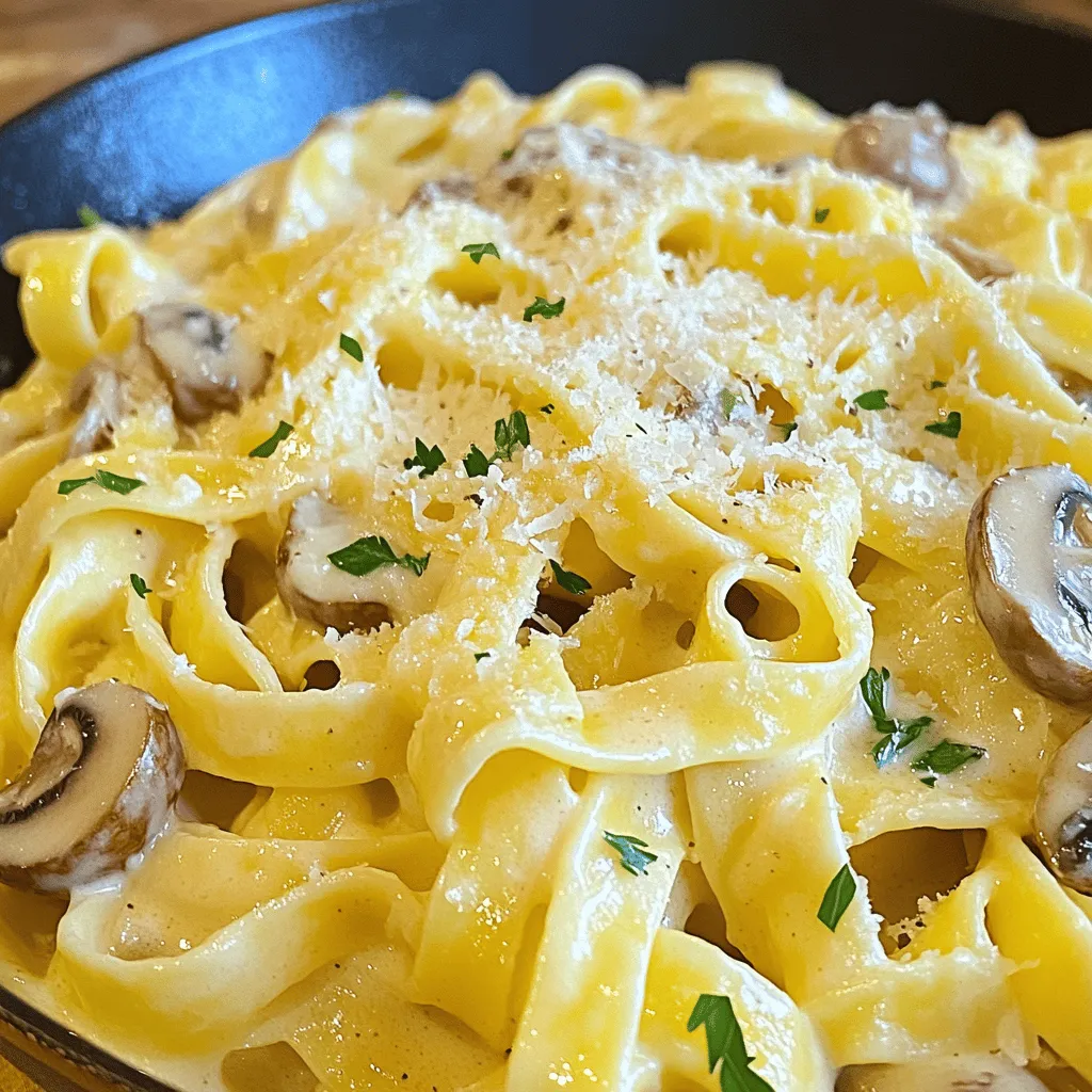 - Pasta (250g of fettuccine or linguine) - Mushrooms (300g button, cremini, or a mix) - Garlic (4 cloves minced) - Heavy cream (1 cup) - Vegetable broth (1/2 cup) - Parmesan cheese (1/2 cup grated) - Olive oil (2 tablespoons) - Unsalted butter (1 tablespoon) - Salt and pepper (to taste) - Thyme (1 teaspoon dried or 1 tablespoon fresh) - Fresh parsley (for garnish) Gather these ingredients before you start cooking. The right items make a big difference. Fresh mushrooms bring flavor. You can choose button, cremini, or a mix. Each type adds its own taste. Garlic is a must for this dish. It gives a rich aroma and depth. Heavy cream creates the sauce's creamy texture. Do not skip it! Vegetable broth adds more flavor to the sauce. Parmesan cheese is key. It gives a salty kick and smoothness. Olive oil and butter help sauté the mushrooms. Salt and pepper are essential for seasoning. Thyme adds a nice herbal note. You can use dried or fresh, based on what you have. Finally, fresh parsley brightens the dish and makes it look good. Check out the Full Recipe for more details. Preparing these ingredients ahead of time makes cooking easier and more fun. Enjoy the process! 1. Boiling Water and Salt Preparation: Start by filling a large pot with water. Add a generous pinch of salt to it. This helps flavor the pasta as it cooks. Bring the water to a rolling boil. 2. Al Dente Cooking Tips: Add the pasta to the boiling water. Cook it according to the package instructions, usually around 8-10 minutes. For the best texture, aim for al dente, which means it should be firm but not hard. 3. Reserving Pasta Water: Before draining the pasta, save about 1 cup of the starchy pasta water. This water is gold for your sauce. It helps to adjust the sauce's texture later. 1. Melting Olive Oil and Butter: In a large skillet, set over medium heat, combine olive oil and unsalted butter. Wait for them to melt and mix well. 2. Properly Sautéing Techniques: Add the sliced mushrooms to the skillet. Spread them out evenly. This ensures they cook well. Sauté for 5-7 minutes, stirring occasionally, until they look golden brown. 3. Achieving Golden-Brown Mushrooms: You want the mushrooms to release moisture and create a rich flavor base. The goal is golden-brown, not soggy. 1. Timing for Garlic Addition: Once the mushrooms are ready, add minced garlic to the pan. Stir it in and let it cook for 1-2 minutes. 2. Avoiding Burnt Garlic: Keep an eye on the garlic. If it burns, it can make the dish taste bitter. 3. Enhancing Depth of Flavor: Garlic adds a wonderful aroma and taste. It really enhances the mushroom flavor in the dish. 1. Vegetable Broth Reduction Steps: Pour in the vegetable broth. Turn up the heat a bit to bring it to a gentle simmer. Allow it to reduce for about 2-3 minutes. 2. Incorporating Heavy Cream and Cheese: Lower the heat back down. Stir in the heavy cream and grated Parmesan cheese. Mix until the cheese melts and blends in. 3. Achieving Silky Sauce Consistency: You want a creamy and silky sauce. If it seems too thick, don’t worry! We will fix that later. 1. Mixing Methods for Even Distribution: Once the sauce is ready, add the drained pasta to the skillet. Toss it gently to coat the pasta with the sauce. 2. Adjusting Consistency with Pasta Water: If the sauce is too thick, add the reserved pasta water gradually. Start with one tablespoon at a time. 3. Ensuring Flavor Balance: Taste the dish. Make sure the flavors are balanced, and the sauce coats the pasta beautifully. 1. Personalizing Seasoning Preferences: Taste your pasta one last time. Add salt and freshly ground black pepper to your liking. 2. Presentation Tips for Visual Appeal: Serve the pasta in warm bowls. Top it with extra grated Parmesan and a sprinkle of fresh parsley. This makes it look great! - Overcooking pasta: Cook pasta just until it’s al dente. This means it should still be firm when you bite it. If it’s too soft, the texture will not be right. - Burning garlic: Garlic cooks quickly. Add it to the pan only after the mushrooms are brown. If it burns, it will taste bitter. - Skipping flavor layering: Each step adds depth. Sauté the mushrooms first, then add garlic, and finally, the cream. This builds a rich taste. - Alternative mushroom varieties: If you want to change the flavor, try shiitake or portobello mushrooms. They bring a unique taste to the dish. - Dairy-free options for heavy cream: Use coconut cream or cashew cream if you need a dairy-free option. These alternatives still offer a creamy texture. - Different cheeses for flavor variations: Parmesan is great, but you can also use pecorino or goat cheese. Each cheese gives a new flavor to the pasta. - Prepping ingredients in advance: Chop your garlic and slice the mushrooms before you start cooking. This saves time and helps keep you organized. - Time-saving kitchen tools: Use a food processor to chop garlic quickly. It cuts down on prep time and makes cooking more fun. - Efficient multitasking in cooking: While the pasta cooks, start sautéing the mushrooms. This way, you can finish the dish faster and enjoy it sooner. {{image_4}} You can easily add protein to your creamy garlic mushroom pasta. Here are a few tasty options: - Grilled chicken: This adds a nice, savory flavor. Cook the chicken first, then slice it and toss it with the pasta. - Shrimp or salmon: Both of these seafood options cook quickly. Just sauté them with the mushrooms for a delightful twist. - Vegetarian options: Tofu is a great choice for a plant-based option. Press it to remove excess water, then cube and sauté it until golden. Want to make your dish even more exciting? Try these flavor boosters: - Sun-dried tomatoes: These add a tangy sweetness. Chop them and mix them in when you add the cream. - Spinach or kale: Both greens boost nutrition and color. Stir them in just before serving for a fresh touch. - Chili flakes: If you like heat, sprinkle some in. This adds a nice kick to the creamy sauce. You can easily adapt this recipe to fit different diets: - Gluten-free pasta: Use gluten-free options like rice or chickpea pasta. They work just as well. - Vegan options: Swap heavy cream for coconut cream or a nut-based milk. Use nutritional yeast instead of cheese for flavor. - Low-carb choices: Zucchini noodles or spaghetti squash can replace traditional pasta for a lighter dish. For my full recipe, check out the complete guide to making creamy garlic mushroom pasta. To keep your creamy garlic mushroom pasta fresh, cool it down quickly. Place it in a shallow container. This helps the heat escape fast. Use an airtight container to prevent any odor absorption. Store it in the fridge for up to 3 days. Always label your container with the date for easy tracking. You can freeze creamy pasta if you want a longer shelf life. First, let it cool completely. Then, portion it into freezer-safe bags or containers. Remove as much air as possible before sealing. This helps prevent freezer burn. To enjoy it later, thaw overnight in the fridge. Reheat it on the stovetop or microwave, adding a splash of cream or broth to keep it creamy. For microwave reheating, place the pasta in a bowl. Add a bit of water or cream to keep it moist. Heat for 1-2 minutes, stirring halfway. For stovetop reheating, use a non-stick skillet. Add a teaspoon of olive oil or butter, then warm it over low heat. Stir gently to combine and maintain creaminess. Enjoy your delicious meal again! To make creamy garlic mushroom pasta vegetarian, use no meat products. You can easily enhance flavors by adding more herbs, like basil or oregano. A splash of lemon juice gives it brightness. Try using vegetable broth instead of chicken broth, and choose a cheese that fits your diet. Yes, you can make creamy garlic mushroom pasta in advance. For meal prep, cook the pasta and sauce separately. Store them in airtight containers in the fridge. They will keep well for up to three days. When ready to serve, reheat them together on the stove. Creamy garlic mushroom pasta pairs well with many side dishes. A simple green salad with a light vinaigrette works great. Garlic bread or crusty rolls are excellent choices too. For drinks, consider a chilled white wine or sparkling water with lemon. Creamy garlic mushroom pasta can be healthy, but it depends on your choices. Consider using whole-grain pasta for added fiber. You can also reduce the cream and cheese to cut calories. Adding spinach or broccoli boosts nutrients without changing the taste much. You can find pre-made creamy garlic mushroom pasta at some restaurants. Look for Italian or pasta-focused places. Many grocery stores also sell frozen or refrigerated versions. Check the deli section for fresh options. This dish combines simple ingredients to create rich, memorable flavors. You learned how to cook pasta, sauté mushrooms, and make a creamy sauce. Remember to avoid common mistakes like burning garlic and overcooking pasta. Experiment with variations by adding proteins or using different veggies. Store leftovers properly to keep everything fresh. Enjoy sharing this creamy garlic mushroom pasta with friends and family. It's a dish you can make and love again!