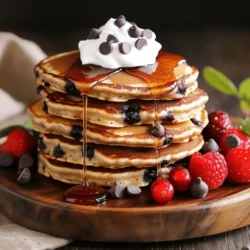 - 1 cup all-purpose flour - 2 tablespoons granulated sugar - 1 tablespoon baking powder - 1/2 teaspoon baking soda - 1/4 teaspoon fine salt - 1 cup buttermilk (or milk with lemon juice) - 1 large egg - 2 tablespoons unsalted butter - 1 teaspoon pure vanilla extract - 1/2 cup semi-sweet chocolate chips - Optional toppings: whipped cream, fresh berries When I make chocolate chip pancakes, I love to use fresh ingredients. The all-purpose flour gives the pancakes a nice texture. The granulated sugar adds a hint of sweetness, which is so lovely with the chocolate chips. Baking powder and baking soda help the pancakes rise and become fluffy. Buttermilk makes the pancakes tender and moist. If you don't have buttermilk, you can mix regular milk with lemon juice. The egg binds everything together, while melted butter adds richness. The pure vanilla extract brings warmth and flavor. Finally, the semi-sweet chocolate chips melt into gooey goodness. Feel free to add toppings like whipped cream and fresh berries. They make the pancakes even more delightful. For a full recipe, check out the details I shared above. - Sift together: - 1 cup all-purpose flour - 2 tablespoons granulated sugar - 1 tablespoon baking powder - 1/2 teaspoon baking soda - 1/4 teaspoon fine salt - Mix well to ensure even distribution. This helps every bite taste great. - In a separate bowl, combine: - 1 cup buttermilk (or milk with 1 tablespoon lemon juice) - 1 large egg - 2 tablespoons melted unsalted butter - 1 teaspoon pure vanilla extract - Whisk until smooth. A good mix makes for fluffy pancakes. - Create a well in the center of the dry mix. - Pour in the wet mix. - Gently fold in: - 1/2 cup semi-sweet chocolate chips - Mix until just combined. A few lumps are okay. Overmixing can lead to flat pancakes. - Preheat your griddle over medium heat. - Lightly grease it with cooking spray or butter if needed. - For each pancake, pour about 1/4 cup of batter onto the griddle. - Cook for 2-3 minutes. Look for bubbles on top and edges that set. - Flip gently with a spatula. Cook for another 1-2 minutes. - The pancakes should be golden brown. - Keep cooked pancakes warm on a plate while you finish the batter. For the full recipe, check the earlier section. To make the best chocolate chip pancakes, avoid overmixing the batter. When you mix, stop as soon as you see no dry flour. A few lumps are fine. This keeps the pancakes fluffy and light. For fluffy pancakes, use room-temperature ingredients. Cold eggs or milk can make the batter thick. Also, let the batter sit for a few minutes before cooking. This helps it rise better while cooking. When serving your pancakes, think about toppings. Pure maple syrup is a classic choice. You can also add a dollop of whipped cream. Fresh berries like strawberries or blueberries add color and taste. For a fun twist, stack pancakes high and drizzle chocolate sauce on top. You could even sprinkle some extra chocolate chips for a treat. Make your pancakes look fancy and inviting! For making these pancakes, you need some basic tools. A large mixing bowl is great for the batter. A whisk helps mix wet ingredients well. Use a non-stick griddle or frying pan for cooking. You will also need a spatula to flip the pancakes. A measuring cup helps with pouring the right amount of batter. With these tools, you’ll be ready to create delicious pancakes! For the complete recipe, check out the [Full Recipe]. {{image_4}} You can easily make gluten-free chocolate chip pancakes. For this, substitute the all-purpose flour with gluten-free flour. You can use almond flour, coconut flour, or a gluten-free baking mix. Each option gives a unique flavor and texture. When you substitute the flour, you might need to adjust the liquid. Gluten-free flours often absorb more liquid. Start with the same amount of buttermilk. Then, add more as needed until the batter is thick but pourable. To make vegan chocolate chip pancakes, replace the egg and dairy. Use flaxseed meal or applesauce in place of the egg. For the buttermilk, swap in almond milk or soy milk with a splash of lemon juice. This keeps the pancakes moist and fluffy. Be mindful of texture when using these substitutes. Mix the batter gently to avoid toughness. Let the batter rest for a few minutes to help it thicken. Want to change up the flavor? Consider adding spices like cinnamon or nutmeg. A dash can elevate the taste. You can also mix in fruits, such as mashed bananas or blueberries. Nuts like walnuts or pecans add a nice crunch. Incorporate these additions during the mixing stage. Fold them in gently so the pancakes stay fluffy. Enjoy experimenting with flavors to find your favorite twist on classic chocolate chip pancakes! For a complete recipe, check the Full Recipe section above. To keep your leftover chocolate chip pancakes fresh, follow these steps: - Cool Them Down: Allow the pancakes to cool to room temperature first. - Use Airtight Containers: Place them in a container that seals tightly. This prevents air from making them dry. - Refrigerate: Store them in the fridge. They will stay fresh for up to 3 days. If you want to keep them longer, consider freezing them. Pancakes can last in the freezer for 2 months when wrapped well. Reheating pancakes properly helps keep their fluffy texture. Here are some methods: - Microwave: Place pancakes on a plate and cover with a damp paper towel. Heat for about 20-30 seconds. This keeps them moist. - Toaster: You can pop them in the toaster for a quick reheat. This method adds a nice crispness. - Skillet: Heat a skillet over low heat and warm pancakes for a minute on each side. This method works well for larger batches. By using these tips, you can enjoy your chocolate chip pancakes even after the first serving! Yes, you can use regular milk. To mimic buttermilk, add 1 tablespoon of lemon juice to 1 cup of milk. Let it sit for about 5 minutes. This mixture will work well in the recipe. Look for bubbles on the surface. When you see bubbles, the pancakes are ready to flip. The edges should also look set and dry. After flipping, cook until both sides are golden brown. Absolutely! You can mix the batter and store it in the fridge. Just cover it well. Use it within 24 hours for the best results. Stir gently before cooking; it may thicken a bit. For the full recipe, refer to the earlier section. This blog post covered how to make delicious chocolate chip pancakes. We looked at the ingredients, step-by-step instructions, and useful tips. I shared variations like gluten-free and vegan options. You can store leftovers and reheat them easily. Making pancakes can be fun and tasty. Try out these tips, and enjoy fluffy pancakes any day. Your breakfast will be more enjoyable with them on the table!