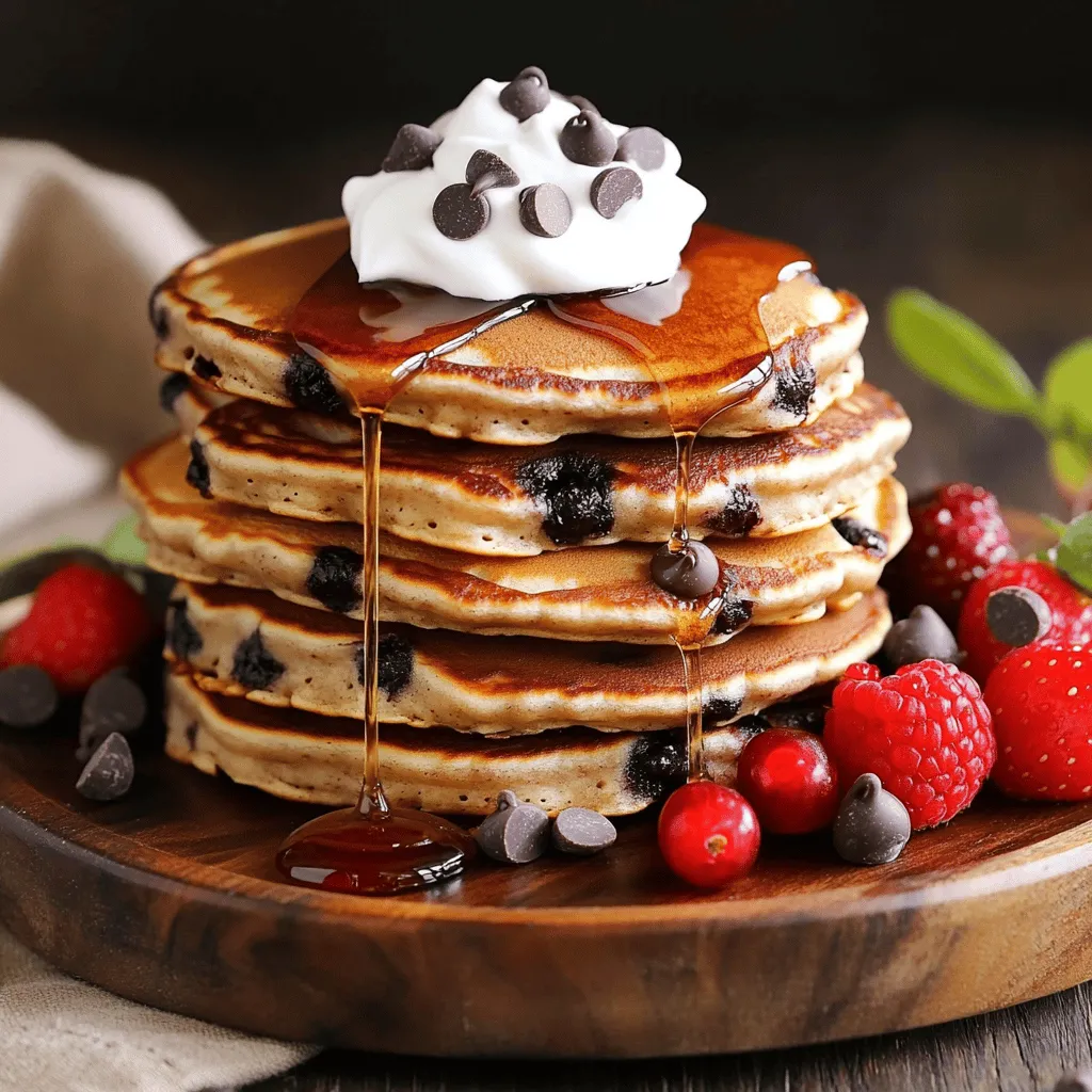 - 1 cup all-purpose flour - 2 tablespoons granulated sugar - 1 tablespoon baking powder - 1/2 teaspoon baking soda - 1/4 teaspoon fine salt - 1 cup buttermilk (or milk with lemon juice) - 1 large egg - 2 tablespoons unsalted butter - 1 teaspoon pure vanilla extract - 1/2 cup semi-sweet chocolate chips - Optional toppings: whipped cream, fresh berries When I make chocolate chip pancakes, I love to use fresh ingredients. The all-purpose flour gives the pancakes a nice texture. The granulated sugar adds a hint of sweetness, which is so lovely with the chocolate chips. Baking powder and baking soda help the pancakes rise and become fluffy. Buttermilk makes the pancakes tender and moist. If you don't have buttermilk, you can mix regular milk with lemon juice. The egg binds everything together, while melted butter adds richness. The pure vanilla extract brings warmth and flavor. Finally, the semi-sweet chocolate chips melt into gooey goodness. Feel free to add toppings like whipped cream and fresh berries. They make the pancakes even more delightful. For a full recipe, check out the details I shared above. - Sift together: - 1 cup all-purpose flour - 2 tablespoons granulated sugar - 1 tablespoon baking powder - 1/2 teaspoon baking soda - 1/4 teaspoon fine salt - Mix well to ensure even distribution. This helps every bite taste great. - In a separate bowl, combine: - 1 cup buttermilk (or milk with 1 tablespoon lemon juice) - 1 large egg - 2 tablespoons melted unsalted butter - 1 teaspoon pure vanilla extract - Whisk until smooth. A good mix makes for fluffy pancakes. - Create a well in the center of the dry mix. - Pour in the wet mix. - Gently fold in: - 1/2 cup semi-sweet chocolate chips - Mix until just combined. A few lumps are okay. Overmixing can lead to flat pancakes. - Preheat your griddle over medium heat. - Lightly grease it with cooking spray or butter if needed. - For each pancake, pour about 1/4 cup of batter onto the griddle. - Cook for 2-3 minutes. Look for bubbles on top and edges that set. - Flip gently with a spatula. Cook for another 1-2 minutes. - The pancakes should be golden brown. - Keep cooked pancakes warm on a plate while you finish the batter. For the full recipe, check the earlier section. To make the best chocolate chip pancakes, avoid overmixing the batter. When you mix, stop as soon as you see no dry flour. A few lumps are fine. This keeps the pancakes fluffy and light. For fluffy pancakes, use room-temperature ingredients. Cold eggs or milk can make the batter thick. Also, let the batter sit for a few minutes before cooking. This helps it rise better while cooking. When serving your pancakes, think about toppings. Pure maple syrup is a classic choice. You can also add a dollop of whipped cream. Fresh berries like strawberries or blueberries add color and taste. For a fun twist, stack pancakes high and drizzle chocolate sauce on top. You could even sprinkle some extra chocolate chips for a treat. Make your pancakes look fancy and inviting! For making these pancakes, you need some basic tools. A large mixing bowl is great for the batter. A whisk helps mix wet ingredients well. Use a non-stick griddle or frying pan for cooking. You will also need a spatula to flip the pancakes. A measuring cup helps with pouring the right amount of batter. With these tools, you’ll be ready to create delicious pancakes! For the complete recipe, check out the [Full Recipe]. {{image_4}} You can easily make gluten-free chocolate chip pancakes. For this, substitute the all-purpose flour with gluten-free flour. You can use almond flour, coconut flour, or a gluten-free baking mix. Each option gives a unique flavor and texture. When you substitute the flour, you might need to adjust the liquid. Gluten-free flours often absorb more liquid. Start with the same amount of buttermilk. Then, add more as needed until the batter is thick but pourable. To make vegan chocolate chip pancakes, replace the egg and dairy. Use flaxseed meal or applesauce in place of the egg. For the buttermilk, swap in almond milk or soy milk with a splash of lemon juice. This keeps the pancakes moist and fluffy. Be mindful of texture when using these substitutes. Mix the batter gently to avoid toughness. Let the batter rest for a few minutes to help it thicken. Want to change up the flavor? Consider adding spices like cinnamon or nutmeg. A dash can elevate the taste. You can also mix in fruits, such as mashed bananas or blueberries. Nuts like walnuts or pecans add a nice crunch. Incorporate these additions during the mixing stage. Fold them in gently so the pancakes stay fluffy. Enjoy experimenting with flavors to find your favorite twist on classic chocolate chip pancakes! For a complete recipe, check the Full Recipe section above. To keep your leftover chocolate chip pancakes fresh, follow these steps: - Cool Them Down: Allow the pancakes to cool to room temperature first. - Use Airtight Containers: Place them in a container that seals tightly. This prevents air from making them dry. - Refrigerate: Store them in the fridge. They will stay fresh for up to 3 days. If you want to keep them longer, consider freezing them. Pancakes can last in the freezer for 2 months when wrapped well. Reheating pancakes properly helps keep their fluffy texture. Here are some methods: - Microwave: Place pancakes on a plate and cover with a damp paper towel. Heat for about 20-30 seconds. This keeps them moist. - Toaster: You can pop them in the toaster for a quick reheat. This method adds a nice crispness. - Skillet: Heat a skillet over low heat and warm pancakes for a minute on each side. This method works well for larger batches. By using these tips, you can enjoy your chocolate chip pancakes even after the first serving! Yes, you can use regular milk. To mimic buttermilk, add 1 tablespoon of lemon juice to 1 cup of milk. Let it sit for about 5 minutes. This mixture will work well in the recipe. Look for bubbles on the surface. When you see bubbles, the pancakes are ready to flip. The edges should also look set and dry. After flipping, cook until both sides are golden brown. Absolutely! You can mix the batter and store it in the fridge. Just cover it well. Use it within 24 hours for the best results. Stir gently before cooking; it may thicken a bit. For the full recipe, refer to the earlier section. This blog post covered how to make delicious chocolate chip pancakes. We looked at the ingredients, step-by-step instructions, and useful tips. I shared variations like gluten-free and vegan options. You can store leftovers and reheat them easily. Making pancakes can be fun and tasty. Try out these tips, and enjoy fluffy pancakes any day. Your breakfast will be more enjoyable with them on the table!