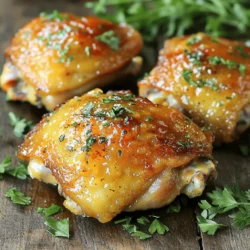 To make this dish, you need a few key ingredients: - 4 bone-in, skin-on chicken thighs - 1/4 cup honey - 1/4 cup Dijon mustard - 2 tablespoons extra-virgin olive oil - 2 cloves garlic, minced These chicken thighs will give you a juicy and tender base for the glaze. The honey adds sweetness, while the Dijon mustard brings a nice tang. You should also gather these seasonings for a deeper flavor: - 1 teaspoon dried thyme - 1 teaspoon smoked paprika - Salt and freshly cracked black pepper to taste Dried thyme gives an herbaceous note, while smoked paprika adds a touch of warmth. Adjust the salt and pepper to suit your taste. For a touch of color and freshness, consider these garnishes: - Fresh parsley, chopped Chopped parsley is optional but makes your dish look more appealing. It adds a nice pop of green to your plate. For the full recipe, check the details above. Start by gathering your ingredients. You will need four bone-in, skin-on chicken thighs, honey, Dijon mustard, olive oil, garlic, thyme, smoked paprika, salt, and pepper. Preheat your oven to 400°F (200°C). This step is key for even cooking. Next, mix the honey, Dijon mustard, olive oil, minced garlic, thyme, smoked paprika, salt, and pepper in a bowl. Whisk them until smooth. This glaze gives your chicken a sweet and tangy flavor that you will love. Now, dry the chicken thighs with paper towels. This will help you get that crispy skin. Place them skin-side up in a greased baking dish. Make sure they fit well and have some space between them. Pour the honey mustard glaze over the chicken thighs. Ensure each piece is well coated. This will enhance the flavor and moisture while cooking. Put the baking dish in the preheated oven. Bake for 35-40 minutes. The chicken is ready when it reaches an internal temperature of 165°F (75°C). You want it juicy and tender. If you love crispy skin, switch the oven to broil for the last 2-3 minutes. Watch closely to prevent burning. This step gives you that perfect crunch on top. After cooking, take the dish out of the oven. Let the chicken rest for 5 minutes. This helps the juices stay in the meat. You can also sprinkle chopped parsley on top for a fresh look. To get the best crispy skin, always dry your chicken thighs well. This is the most important step. If the skin is wet, it will steam instead of crisp. Using a hot oven is crucial. Make sure your oven is fully preheated before cooking. Broiling at the end adds extra crunch, but keep an eye on it to avoid burning. For even better results, consider using a rack in the baking dish. This allows hot air to circulate around the chicken, helping it crisp up nicely. For those interested, check out the Full Recipe for more details on making these delicious Honey Mustard Chicken Thighs! To create a great honey mustard marinade, mix simple ingredients. Start with honey and Dijon mustard. Use equal parts to balance sweet and tangy. Add olive oil for richness. Mince fresh garlic for a kick. Include dried thyme and smoked paprika for extra depth. Season with salt and pepper. Whisk until smooth. This marinade brings flavor to your chicken thighs. Cooking chicken thighs well ensures a juicy and tender meal. Pat the thighs dry with paper towels. This step helps achieve crispy skin. Always cook with the skin side up. Bake at 400°F (200°C) for best results. Use a meat thermometer to check doneness. The internal temperature should reach 165°F (75°C). If you want crispy skin, broil for a few minutes at the end. Pair your honey mustard chicken thighs with tasty sides. Roasted seasonal vegetables add color and nutrition. Creamy mashed potatoes make a comforting pair. You can also serve with a fresh salad for a lighter option. Garnish with chopped parsley for a pop of green. Enjoy the meal with friends or family for a perfect dinner. For the full recipe, check out the link! {{image_4}} You can easily switch up how you cook honey mustard chicken thighs. If you love grilling, this method adds a smoky flavor. Simply marinate the thighs as usual, then grill them over medium heat. Cook for about 6-7 minutes on each side, until they are cooked through. You can also use a slow cooker. This method makes the chicken super tender. Just place the marinated thighs in the slow cooker. Cook on low for about 6 hours or on high for 3 hours. Want to boost the taste? You can add spices or vegetables. Try mixing in a pinch of cayenne pepper for heat. Toss in some chopped onions or bell peppers for added flavor. You can even add carrots, which add a nice sweetness. Just make sure to adjust the cooking time if you add veggies. They should be tender when the chicken is ready. Don’t have all the ingredients? You can make swaps! If you don’t have Dijon mustard, yellow mustard works too. Honey can be swapped with maple syrup for a different taste. For the olive oil, you can use any cooking oil you have on hand. Even the chicken thighs can change; use boneless thighs if you prefer. Just keep an eye on the cooking time, as boneless cooks faster. For the full recipe, check the detailed steps to make these delicious honey mustard chicken thighs. Once your honey mustard chicken thighs cool, store them in an airtight container. This helps keep them fresh. Place the container in the fridge. They will stay good for about 3 to 4 days. If you have extra glaze, store that in a small jar too. You can drizzle it on the chicken when you reheat. To reheat, use the oven for best results. Preheat it to 350°F (175°C). Place the chicken on a baking sheet. Cover it with foil to keep it moist. Heat for about 15 to 20 minutes, or until warm. You can also use a microwave, but the skin won't be crispy. If you do, heat in short bursts to avoid drying it out. You can freeze honey mustard chicken thighs for longer storage. Wrap each piece in plastic wrap, then place them in a freezer bag. Remove as much air as you can. They can last up to 3 months in the freezer. To thaw, move them to the fridge overnight. Then, reheat as mentioned above. This way, you can enjoy this tasty dish anytime! For the complete recipe, check out the Full Recipe section. Yes, you can use boneless chicken thighs. They cook faster than bone-in thighs. Adjust the baking time to 25-30 minutes. Check for an internal temperature of 165°F (75°C). Boneless thighs remain juicy and tender, just like bone-in. You can use yellow mustard or honey mustard if you prefer. Yellow mustard gives a milder flavor. Honey mustard adds sweetness. Both options work well in this recipe. Just keep the same amount for a good balance. Honey mustard chicken thighs last about 3-4 days in the fridge. Make sure to store them in an airtight container. This helps keep them fresh and tasty. You can also reheat them in the oven or microwave. For best flavor, enjoy them within the first few days. For the full recipe, check the earlier section. You now have a complete guide for making honey mustard chicken thighs. We covered the key ingredients, preparation steps, and cooking tips to ensure a great meal. Remember, the right marinade and cooking method are crucial for flavor and texture. Don’t forget to explore optional ingredients and various cooking methods for variety. Enjoy your tasty dish, and feel free to experiment with different flavors. This recipe is sure to please family and friends alike. Dive into the kitchen and make this easy dish your own!