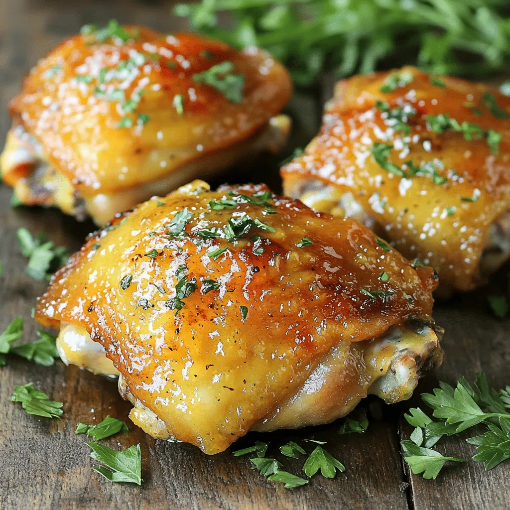 To make this dish, you need a few key ingredients: - 4 bone-in, skin-on chicken thighs - 1/4 cup honey - 1/4 cup Dijon mustard - 2 tablespoons extra-virgin olive oil - 2 cloves garlic, minced These chicken thighs will give you a juicy and tender base for the glaze. The honey adds sweetness, while the Dijon mustard brings a nice tang. You should also gather these seasonings for a deeper flavor: - 1 teaspoon dried thyme - 1 teaspoon smoked paprika - Salt and freshly cracked black pepper to taste Dried thyme gives an herbaceous note, while smoked paprika adds a touch of warmth. Adjust the salt and pepper to suit your taste. For a touch of color and freshness, consider these garnishes: - Fresh parsley, chopped Chopped parsley is optional but makes your dish look more appealing. It adds a nice pop of green to your plate. For the full recipe, check the details above. Start by gathering your ingredients. You will need four bone-in, skin-on chicken thighs, honey, Dijon mustard, olive oil, garlic, thyme, smoked paprika, salt, and pepper. Preheat your oven to 400°F (200°C). This step is key for even cooking. Next, mix the honey, Dijon mustard, olive oil, minced garlic, thyme, smoked paprika, salt, and pepper in a bowl. Whisk them until smooth. This glaze gives your chicken a sweet and tangy flavor that you will love. Now, dry the chicken thighs with paper towels. This will help you get that crispy skin. Place them skin-side up in a greased baking dish. Make sure they fit well and have some space between them. Pour the honey mustard glaze over the chicken thighs. Ensure each piece is well coated. This will enhance the flavor and moisture while cooking. Put the baking dish in the preheated oven. Bake for 35-40 minutes. The chicken is ready when it reaches an internal temperature of 165°F (75°C). You want it juicy and tender. If you love crispy skin, switch the oven to broil for the last 2-3 minutes. Watch closely to prevent burning. This step gives you that perfect crunch on top. After cooking, take the dish out of the oven. Let the chicken rest for 5 minutes. This helps the juices stay in the meat. You can also sprinkle chopped parsley on top for a fresh look. To get the best crispy skin, always dry your chicken thighs well. This is the most important step. If the skin is wet, it will steam instead of crisp. Using a hot oven is crucial. Make sure your oven is fully preheated before cooking. Broiling at the end adds extra crunch, but keep an eye on it to avoid burning. For even better results, consider using a rack in the baking dish. This allows hot air to circulate around the chicken, helping it crisp up nicely. For those interested, check out the Full Recipe for more details on making these delicious Honey Mustard Chicken Thighs! To create a great honey mustard marinade, mix simple ingredients. Start with honey and Dijon mustard. Use equal parts to balance sweet and tangy. Add olive oil for richness. Mince fresh garlic for a kick. Include dried thyme and smoked paprika for extra depth. Season with salt and pepper. Whisk until smooth. This marinade brings flavor to your chicken thighs. Cooking chicken thighs well ensures a juicy and tender meal. Pat the thighs dry with paper towels. This step helps achieve crispy skin. Always cook with the skin side up. Bake at 400°F (200°C) for best results. Use a meat thermometer to check doneness. The internal temperature should reach 165°F (75°C). If you want crispy skin, broil for a few minutes at the end. Pair your honey mustard chicken thighs with tasty sides. Roasted seasonal vegetables add color and nutrition. Creamy mashed potatoes make a comforting pair. You can also serve with a fresh salad for a lighter option. Garnish with chopped parsley for a pop of green. Enjoy the meal with friends or family for a perfect dinner. For the full recipe, check out the link! {{image_4}} You can easily switch up how you cook honey mustard chicken thighs. If you love grilling, this method adds a smoky flavor. Simply marinate the thighs as usual, then grill them over medium heat. Cook for about 6-7 minutes on each side, until they are cooked through. You can also use a slow cooker. This method makes the chicken super tender. Just place the marinated thighs in the slow cooker. Cook on low for about 6 hours or on high for 3 hours. Want to boost the taste? You can add spices or vegetables. Try mixing in a pinch of cayenne pepper for heat. Toss in some chopped onions or bell peppers for added flavor. You can even add carrots, which add a nice sweetness. Just make sure to adjust the cooking time if you add veggies. They should be tender when the chicken is ready. Don’t have all the ingredients? You can make swaps! If you don’t have Dijon mustard, yellow mustard works too. Honey can be swapped with maple syrup for a different taste. For the olive oil, you can use any cooking oil you have on hand. Even the chicken thighs can change; use boneless thighs if you prefer. Just keep an eye on the cooking time, as boneless cooks faster. For the full recipe, check the detailed steps to make these delicious honey mustard chicken thighs. Once your honey mustard chicken thighs cool, store them in an airtight container. This helps keep them fresh. Place the container in the fridge. They will stay good for about 3 to 4 days. If you have extra glaze, store that in a small jar too. You can drizzle it on the chicken when you reheat. To reheat, use the oven for best results. Preheat it to 350°F (175°C). Place the chicken on a baking sheet. Cover it with foil to keep it moist. Heat for about 15 to 20 minutes, or until warm. You can also use a microwave, but the skin won't be crispy. If you do, heat in short bursts to avoid drying it out. You can freeze honey mustard chicken thighs for longer storage. Wrap each piece in plastic wrap, then place them in a freezer bag. Remove as much air as you can. They can last up to 3 months in the freezer. To thaw, move them to the fridge overnight. Then, reheat as mentioned above. This way, you can enjoy this tasty dish anytime! For the complete recipe, check out the Full Recipe section. Yes, you can use boneless chicken thighs. They cook faster than bone-in thighs. Adjust the baking time to 25-30 minutes. Check for an internal temperature of 165°F (75°C). Boneless thighs remain juicy and tender, just like bone-in. You can use yellow mustard or honey mustard if you prefer. Yellow mustard gives a milder flavor. Honey mustard adds sweetness. Both options work well in this recipe. Just keep the same amount for a good balance. Honey mustard chicken thighs last about 3-4 days in the fridge. Make sure to store them in an airtight container. This helps keep them fresh and tasty. You can also reheat them in the oven or microwave. For best flavor, enjoy them within the first few days. For the full recipe, check the earlier section. You now have a complete guide for making honey mustard chicken thighs. We covered the key ingredients, preparation steps, and cooking tips to ensure a great meal. Remember, the right marinade and cooking method are crucial for flavor and texture. Don’t forget to explore optional ingredients and various cooking methods for variety. Enjoy your tasty dish, and feel free to experiment with different flavors. This recipe is sure to please family and friends alike. Dive into the kitchen and make this easy dish your own!