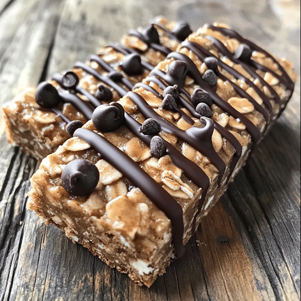 - 1 cup rolled oats - 1/2 cup almond flour - 1/2 cup protein powder (chocolate or vanilla) - 1/4 cup unsweetened cocoa powder - 1/4 cup pure maple syrup - 1/4 cup almond butter (or alternative nut butter) - 1/2 cup unsweetened coconut milk (or preferred milk) - 1 tablespoon instant coffee granules - 1/2 teaspoon pure vanilla extract - 1/4 teaspoon sea salt - 1/2 cup dark chocolate chips - Optional: 1/4 cup walnuts or pecans, finely chopped The ingredients in these Mocha Chip Protein Bars give them great taste and nutrition. Each item plays a key role. The rolled oats provide fiber and energy. Almond flour adds healthy fats and helps bind the bars. The protein powder boosts the protein content, making them perfect for a post-workout snack. Cocoa powder and dark chocolate chips bring that rich chocolate flavor. The maple syrup and almond butter add sweetness and creaminess. Instant coffee granules give a nice mocha kick. Coconut milk keeps the bars moist, while vanilla extract enhances all the flavors. If you want a crunch, add chopped walnuts or pecans. This ingredient list is not just for flavor but also for health. It focuses on clean, wholesome ingredients. You can find the complete preparation steps in the Full Recipe section. 1. Preheat your oven to 350°F (175°C). Prepare an 8x8 inch baking dish with parchment paper. This helps with easy removal later. 2. In a large mixing bowl, add: - 1 cup rolled oats - 1/2 cup almond flour - 1/2 cup protein powder (chocolate or vanilla) - 1/4 cup unsweetened cocoa powder - 1/4 teaspoon sea salt Stir these dry ingredients until they mix well. 3. In another bowl, whisk together: - 1/4 cup pure maple syrup - 1/4 cup almond butter - 1/2 cup unsweetened coconut milk - 1 tablespoon instant coffee granules - 1/2 teaspoon pure vanilla extract Make sure it’s smooth and no lumps remain. 4. Gradually pour the wet mixture into the dry ingredients. Stir gently until combined. Don't fret if the batter looks thick; that’s normal! 5. Fold in: - 1/2 cup dark chocolate chips - Optional: 1/4 cup walnuts or pecans, finely chopped Ensure everything mixes evenly for great flavor in every bite. 6. Transfer the mixture to your prepared baking dish. Press it down firmly to create an even layer. 7. Bake for 20-25 minutes. Look for firm edges and a set center. Avoid overbaking for the best texture. 8. Once baked, let the bars cool in the pan for about 10 minutes. Use the parchment paper to lift them out. Place on a wire rack to cool completely. 9. After cooling, cut the bars into squares. Store them in an airtight container in the fridge. They stay fresh for up to a week. For even more flavor, drizzle melted chocolate on top before cutting! Enjoy your tasty and energizing snack! Check out the [Full Recipe] for more details! To achieve the right texture in your Mocha Chip Protein Bars, focus on moisture balance. You want a chewy texture, not dry. Use enough almond butter and maple syrup to keep the bars moist. If the mixture feels too dry, add a splash of coconut milk. Mixing ingredients can affect the final product. I recommend using a sturdy spatula for mixing. This helps blend everything without overworking the batter. When combining wet and dry ingredients, stir gently. You want to mix just until combined. Avoid common baking mistakes by watching your baking time. Overbaking can lead to dry bars. Keep an eye on the edges; they should be firm but not hard. If you're unsure, do a toothpick test. It should come out clean but not dry. For a gourmet look, drizzle melted chocolate over your bars. This adds a rich touch. You can also drizzle nut butter for added flavor. I love using almond butter for this. Garnish with a few coffee granules or sea salt flakes. These small touches can enhance the flavor and make your bars look fancy. Using protein powder boosts the protein content of your bars. This helps you stay full longer and supports muscle recovery. Choose a quality protein powder for the best results. Oats and almond flour are great for your health. Oats provide fiber, which is good for digestion. Almond flour has healthy fats and adds a nutty flavor. Nuts offer extra crunch and nutrition. Walnuts or pecans add healthy fats and protein. They also provide essential vitamins and minerals, making your bars even better for you. {{image_4}} You can easily switch up the taste of your mocha chip protein bars. Here are some fun ideas: - Spices: Try adding cinnamon for warmth or cayenne for heat. - Nut Butters: Use peanut or cashew butter in place of almond butter. - Chocolate Chips: Swap chocolate chips with dried fruits like raisins or cranberries for a fruity twist. These small changes can make a big impact on flavor. Experimenting is part of the fun! If you follow a special diet, you can still enjoy these bars. Here’s how to adapt them: - Gluten-Free: Use gluten-free oats and almond flour to keep it safe for those with gluten issues. - Vegan: Replace the almond butter with a nut-free option, and choose a plant-based protein powder. - Low-Sugar: Use natural sweeteners like stevia or monk fruit to cut back on sugar. These adjustments help make the bars fit your needs without losing taste. Want to boost the nutrition of your protein bars? Consider these add-ins: - Superfoods: Add chia seeds or flaxseeds for extra fiber and omega-3s. - Crunchy Additions: Toss in pumpkin seeds or granola chunks for a fun texture. These additions not only enhance nutrition but also add exciting new flavors. Enjoy making your bars uniquely yours! To keep your mocha chip protein bars fresh, store them in the refrigerator. Use an airtight container to keep moisture out. This method helps maintain the bars' texture and taste. If you want a longer shelf life, freezing is a great option. Wrap each bar in plastic wrap, then place them in a freezer-safe bag. This way, they stay fresh for months. Simply take a bar out the night before you want to enjoy it. Let it thaw in the fridge, and it will be ready to eat! Using the right container helps keep your bars fresh. Choose an airtight container or a resealable bag. This way, they won’t dry out or absorb other smells from the fridge. For on-the-go snacking, wrap each bar in parchment paper. This makes them easy to grab and eat. You can also use small boxes for a neat option. Just make sure they are tightly sealed to avoid any mess. In the fridge, your mocha chip protein bars can last up to one week. Just remember to keep them in an airtight container. Check them for any signs of spoilage before eating. If you freeze them, they can last up to three months. When ready to eat, remove a bar from the freezer. Let it sit in the fridge or at room temperature for a few hours to defrost. This way, they taste just as fresh as the day you made them. Enjoy your tasty and energizing snack! You can use other ingredients to boost protein. Options include nuts, seeds, and beans. For a homemade protein source, try using ground chickpeas or hemp seeds. They add protein without needing powder. You can also use nut butter, which adds protein and healthy fats. Yes, you can skip the coffee. However, it does add rich flavor. Without coffee, your bars may taste milder. You can replace it with a bit of extra cocoa powder or use a coffee alternative like chicory. This keeps the taste deep while avoiding caffeine. Enjoy these bars as a quick snack. They are great after workouts or as a mid-day boost. Pair them with a glass of milk or a cup of coffee for a perfect match. You can also crumble them over yogurt for a tasty treat. Try adding fresh fruit for extra flavor! In this blog post, we explored how to make tasty Mocha Chip Protein Bars. We covered the ingredient list, nutritional facts, and step-by-step instructions for baking. I shared tips for perfecting the recipe and ways to vary your bars to fit your taste. Lastly, we discussed storage options to keep them fresh. Remember, these bars are not just healthy but also easy to customize. Enjoy creating your own version and experimenting with flavors that excite you!
