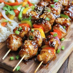 To make delicious teriyaki chicken skewers, you need these main ingredients: - 1 pound boneless, skinless chicken thighs, cut into 1-inch cubes - 1/4 cup soy sauce (low sodium recommended for a balanced flavor) - 2 tablespoons brown sugar - 1 tablespoon rice vinegar - 1 tablespoon sesame oil - 2 cloves garlic, finely minced - 1 teaspoon fresh ginger, grated - 1 tablespoon cornstarch mixed with 2 tablespoons water (for thickening the sauce) - 1 bell pepper (red or yellow for sweetness), cut into 1-inch squares - 1 red onion, cut into 1-inch chunks - Bamboo skewers, soaked in water for 30 minutes to avoid burning during grilling These ingredients come together to create a tasty and sticky glaze that makes the chicken shine. You can add some fun garnishes to enhance your skewers. Consider these: - Sesame seeds - Finely chopped green onions These garnishes not only add flavor but also look great on your plate. If you need substitutes, here are some options: - Chicken thighs can be swapped for chicken breast. - You can use honey instead of brown sugar for a sweeter glaze. - If you want a gluten-free option, try coconut aminos instead of soy sauce. These substitutes will keep your dish tasty and suited to your needs. To start, grab a medium bowl. Add 1/4 cup of soy sauce, 2 tablespoons of brown sugar, 1 tablespoon of rice vinegar, and 1 tablespoon of sesame oil. Toss in 2 cloves of minced garlic and 1 teaspoon of grated ginger. Whisk it all together. Make sure the sugar dissolves completely. This marinade gives your chicken that sweet, salty kick. Next, take 1 pound of cut chicken thighs. Add them to the marinade, ensuring each piece gets coated. Cover the bowl with plastic wrap. Place it in the fridge for at least 30 minutes. If you want deeper flavor, let it marinate for up to 2 hours. The longer, the better! First, heat your grill over medium-high heat. This step is key for even cooking. While the grill heats, assemble your skewers. Thread the marinated chicken onto soaked bamboo skewers, alternating with colorful bell pepper and red onion pieces. Once the grill is hot, place the skewers on it. Cook for 10-12 minutes. Turn them often to ensure they cook evenly. You want them to reach 165°F inside. In the last 2 minutes, brush on the teriyaki sauce for an extra glaze. When done, let them rest for a bit. Garnish with sesame seeds and chopped green onions before serving. Enjoy your delicious Teriyaki Chicken Skewers! For the complete recipe, check out the Full Recipe section. Marinating chicken is key for great flavor. I find that marinating for at least 30 minutes works well. For even more flavor, you can marinate for up to 2 hours. The longer you marinate, the more the chicken absorbs the sauce. Just remember not to exceed 2 hours, as it can make the chicken too salty. To get those beautiful grill marks, heat your grill to medium-high. Place the skewers on the grill and let them sit without moving them for about 4-5 minutes. This gives them time to sear and form those nice lines. After that, turn the skewers a quarter turn for even marks. For a great teriyaki sauce, you want it thick but not too sticky. Start by boiling the remaining marinade. Then, mix cornstarch with water and add it in slowly. Stir it for about 2-3 minutes until it thickens. If it’s too thick, add a bit of water. If it’s too thin, cook it a little longer. This way, you’ll get the perfect glaze for your skewers. {{image_4}} You can easily make vegetarian teriyaki skewers. Replace chicken with hearty vegetables. Use mushrooms, zucchini, and bell peppers. These veggies soak up the teriyaki sauce well. You can also add tofu for extra protein. Firm tofu works best. Cut it into cubes and marinate just like the chicken. If you want a twist, try shrimp or pork. Shrimp cooks quickly and takes on flavors well. Just marinate them for about 15 minutes. For pork, use tender cuts like loin or belly. Cut it into cubes and follow the same marinating steps. Both options give a unique taste, keeping the meal exciting. You can play with flavors too! Want some heat? Add a pinch of red pepper flakes to the marinade. For a sweet touch, include a bit more brown sugar. Want a smoky twist? Add smoked paprika or grill over charcoal. Each variation makes your skewers special and keeps guests guessing. For the full recipe, check out the complete guide to teriyaki chicken skewers. To keep your leftover teriyaki chicken skewers fresh, let them cool completely. Once cooled, place them in an airtight container. Store the container in the fridge. They will last for up to three days. If you want to keep them longer, consider freezing. When ready to enjoy the leftovers, you can reheat the skewers easily. Preheat your oven to 350°F. Place the skewers on a baking tray covered with foil. Heat for about 10-15 minutes. You can also use a microwave. Heat in short bursts, about 30 seconds at a time. Check the temperature. The skewers should be hot all the way through. If you want to freeze your skewers, it’s best to do it before reheating. Wrap each skewer in plastic wrap or foil. Then place them in a freezer bag or airtight container. They can be frozen for up to three months. When you’re ready to eat, thaw them in the fridge overnight. Then reheat as described above. For a great meal, try the full recipe! The best chicken for skewers is boneless, skinless chicken thighs. They stay juicy and tender during grilling. Chicken breasts are also good, but they can dry out. Thighs have more fat, which adds flavor. When you cut the chicken into 1-inch cubes, it cooks quickly and evenly. Yes, you can use store-bought teriyaki sauce. It saves time and still tastes great. However, making your own gives you more control over flavors. You can adjust sweetness or add spices. This way, you create a unique taste that suits your palate. If you choose store-bought, look for low-sodium options. To check if the chicken is done, use a meat thermometer. The safe internal temperature is 165°F. You can also cut into a piece. If the meat is no longer pink and juices run clear, it is cooked. This ensures your meal is safe and delicious. Always let the skewers rest for a few minutes after grilling. This allows the juices to settle and improves the flavor. For the full recipe of Teriyaki Chicken Skewers, check the ingredients and instructions above. You learned how to make tasty teriyaki chicken skewers. We covered the main ingredients, marinade steps, and grilling tips. You also found variations and storage advice. Remember, using fresh ingredients and the right marinating time brings out the best flavor. Enjoy trying different proteins and spices for fun twists. With these tips, you'll serve up great skewers every time. Happy cooking!