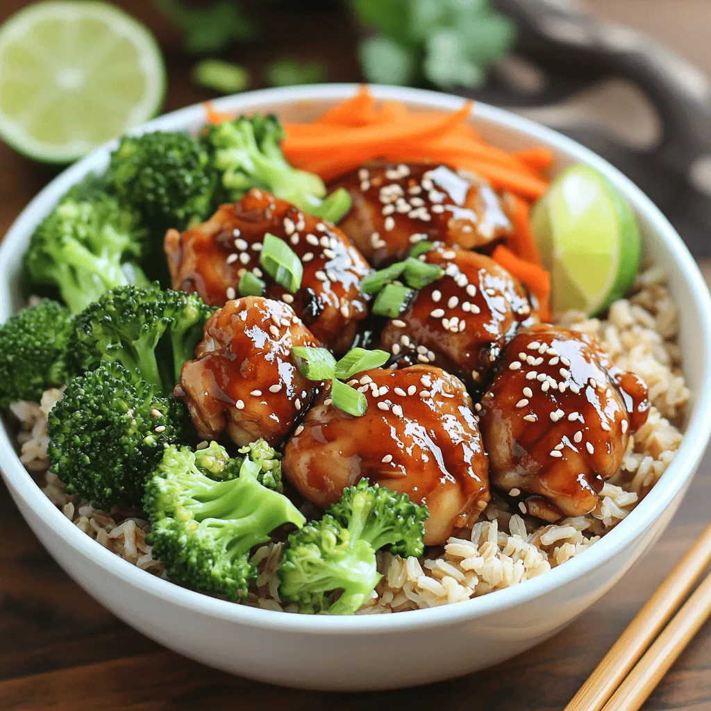 - 2 boneless, skinless chicken thighs, cut into bite-sized pieces - 1 cup brown rice, thoroughly rinsed - 2 cups water or chicken broth (for added flavor) - 1 tablespoon vegetable oil - 1 tablespoon sesame oil - 1 tablespoon fresh ginger, finely grated - 2 cloves garlic, minced - 1 cup broccoli florets, fresh or frozen - 1 medium carrot, peeled and julienned These main ingredients create a solid base for your teriyaki chicken bowls. The chicken provides protein, while the rice serves as a filling base. Fresh vegetables add color and nutrients. - 2 tablespoons soy sauce (low-sodium preferred for a healthier option) - 2 tablespoons honey or maple syrup (choose according to your preference) - 1 tablespoon rice vinegar - 1 tablespoon cornstarch mixed with 2 tablespoons water (to create a thickening slurry for the sauce) The teriyaki sauce is vital. It gives the dish its sweet and savory punch. Honey or maple syrup adds sweetness, while rice vinegar balances the flavors. You can use store-bought teriyaki sauce as a quick option. - 3 green onions, finely sliced - Toasted sesame seeds, for garnish Garnishes elevate your dish. Green onions add crunch and freshness. Sesame seeds bring a nutty flavor and a nice texture. These small touches make your bowl look and taste gourmet. For a full recipe, check out the [Full Recipe]. To cook the rice, start by rinsing one cup of brown rice. This removes excess starch. In a medium saucepan, mix the rinsed rice with two cups of water or chicken broth. Bring this mixture to a boil over high heat. When it boils, lower the heat to a simmer, cover it, and let it cook for about 40-45 minutes. The rice is ready when all the liquid is gone, and it feels tender. Fluff it with a fork for a nice texture. While the rice cooks, heat one tablespoon of vegetable oil in a large skillet over medium-high heat. Cut two boneless, skinless chicken thighs into bite-sized pieces. Season them with a little salt and pepper. Place the chicken in the hot skillet. Cook it for 5-7 minutes, stirring often, until it is browned and fully cooked. Next, it’s time for the veggies! I recommend using broccoli florets and julienned carrots for crunch. Add these veggies to the skillet with the chicken along with one tablespoon of fresh grated ginger and two minced garlic cloves. Stir-fry everything together for about 3-4 minutes. The goal is to keep the vegetables tender but crisp. In a small bowl, whisk together two tablespoons of soy sauce, two tablespoons of honey or maple syrup, one tablespoon of rice vinegar, and a cornstarch slurry made with one tablespoon of cornstarch mixed with two tablespoons of water. Pour this sauce over the chicken and veggies in the skillet. Stir it well and let it simmer for 2-3 minutes. This thickens the sauce and lets it coat everything nicely. Once the rice is cooked and fluffed, it’s time to build your bowls. Start by dividing the rice into serving bowls. Create a nice base for the chicken and veggies. Spoon the teriyaki chicken mixture right on top of the rice. For a beautiful finish, sprinkle sliced green onions and toasted sesame seeds on each bowl. Serve with chopsticks and a slice of lime or lemon for a fresh touch. Enjoy your flavorful teriyaki chicken bowls! For making teriyaki chicken bowls, using the right tools helps a lot. I recommend a large skillet or a wok. These tools allow you to stir-fry the chicken and veggies evenly. A sturdy spatula is also key for mixing. When sautéing, start with medium-high heat. This keeps your chicken juicy and gives it a nice brown color. If you cook on too high heat, the chicken may burn before it cooks through. On the other hand, low heat can make it tough and dry. To boost flavor, consider adding spices or marinades. A pinch of crushed red pepper can add some heat. You can also try a splash of coconut aminos for a deeper taste. Marinating the chicken in the teriyaki sauce for an hour can make a big difference too. Pair your bowls with sides like pickled vegetables or edamame. These will add freshness and crunch. You can also serve it with a light salad or miso soup for a complete meal. One common mistake is overcooking the chicken or rice. Overcooked chicken can become dry and rubbery. Rice cooked for too long can turn mushy and lose its texture. Always check for doneness and taste as you go. Another mistake is not balancing flavors. If your teriyaki sauce is too sweet, add a splash of soy sauce for saltiness. If it’s too salty, a bit of honey can balance it out. Taste your dish before serving; it makes a world of difference. {{image_4}} You can swap chicken for other proteins. Try tofu for a vegetarian meal. Tofu absorbs flavors well and adds a nice texture. For beef lovers, use thin strips of beef. Cook it just like chicken. Each protein brings its own taste. If you want a change from rice, consider quinoa. Quinoa is high in protein and cooks fast. Use the same water ratio as rice. You can also try cauliflower rice for a low-carb option. Sauté it briefly with a little oil for flavor. Adjust cooking time based on the rice alternative you choose. Mix up your vegetables based on what’s in season. Use bell peppers, snap peas, or zucchini for a fresh twist. You can either fry or steam them. Frying gives a nice crunch, while steaming keeps them tender. Experiment to find what you enjoy most! To keep your teriyaki chicken bowls fresh, use airtight containers. Glass or plastic containers work well. Before sealing, cool the food to room temperature. This step helps prevent condensation. For the best taste and texture, I recommend using the stovetop. Heat a skillet over medium heat and add a splash of water or broth. Stir the chicken and rice until warmed through. If you use the microwave, cover the bowl with a damp paper towel. Heat for 1-2 minutes, stirring halfway through. To freeze, let the chicken and rice cool completely. Then, portion them into freezer-safe bags or containers. Try to remove excess air to avoid freezer burn. When ready to eat, thaw in the fridge overnight. For a quick option, use the microwave on defrost mode. You can use chicken breast or even pork tenderloin. If you choose chicken breast, cut it into bite-sized pieces. Cook it for about 6-8 minutes until golden. For pork, slice it thinly and sauté it for 5-7 minutes. Both options will still taste great in your teriyaki bowl. Yes! You can swap chicken for tofu or tempeh. Firm tofu works best. Press it to remove water, then cube it. Sauté it until golden brown, around 5-7 minutes. You can also use mushrooms or chickpeas for added protein. Pair with a soy sauce or a vegan teriyaki sauce for flavor. To make gluten-free teriyaki, use tamari instead of soy sauce. Tamari has a similar taste. Make sure to check labels for other ingredients like rice vinegar and cornstarch. Most brands are gluten-free, but it's good to confirm. You can use brown, white, or jasmine rice. Brown rice takes about 40-45 minutes to cook. White rice cooks faster, around 15-20 minutes. Jasmine rice has a fragrant aroma and cooks in about 20 minutes. Choose based on your taste and time. Start with fresh ingredients, like ginger and garlic. Sauté them well to release their flavors. Marinate the chicken in the teriyaki sauce for at least 30 minutes. You can also add a splash of citrus juice, like lime or lemon, to brighten the dish. Finish with toasted sesame seeds for crunch. You can find the complete recipe for Teriyaki Chicken Bowls with Rice [here](#). This article covered the key elements for making tasty Teriyaki Chicken Bowls. We explored main ingredients, cooking steps, and tips for perfect results. Remember to choose your protein and rice wisely. Keep flavors balanced and avoid overcooking. With the right techniques, you can make a meal everyone loves. Try out the variations and customize to your taste. You'll impress friends and family with your cooking skills. Dive into the full recipe and enjoy your delicious creation!