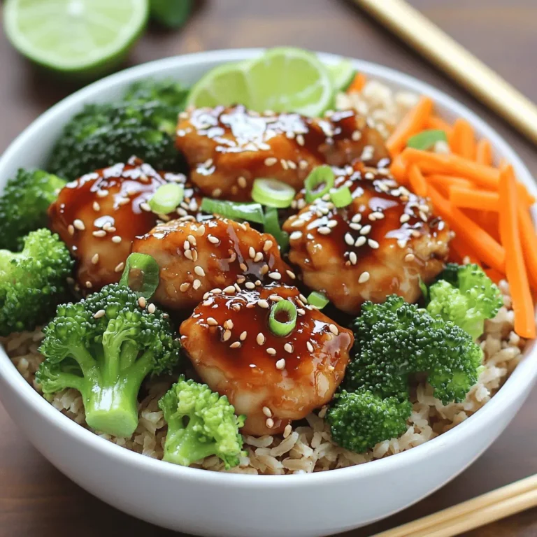 - 2 boneless, skinless chicken thighs, cut into bite-sized pieces - 1 cup brown rice, thoroughly rinsed - 2 cups water or chicken broth (for added flavor) - 1 tablespoon vegetable oil - 1 tablespoon sesame oil - 1 tablespoon fresh ginger, finely grated - 2 cloves garlic, minced - 1 cup broccoli florets, fresh or frozen - 1 medium carrot, peeled and julienned These main ingredients create a solid base for your teriyaki chicken bowls. The chicken provides protein, while the rice serves as a filling base. Fresh vegetables add color and nutrients. - 2 tablespoons soy sauce (low-sodium preferred for a healthier option) - 2 tablespoons honey or maple syrup (choose according to your preference) - 1 tablespoon rice vinegar - 1 tablespoon cornstarch mixed with 2 tablespoons water (to create a thickening slurry for the sauce) The teriyaki sauce is vital. It gives the dish its sweet and savory punch. Honey or maple syrup adds sweetness, while rice vinegar balances the flavors. You can use store-bought teriyaki sauce as a quick option. - 3 green onions, finely sliced - Toasted sesame seeds, for garnish Garnishes elevate your dish. Green onions add crunch and freshness. Sesame seeds bring a nutty flavor and a nice texture. These small touches make your bowl look and taste gourmet. For a full recipe, check out the [Full Recipe]. To cook the rice, start by rinsing one cup of brown rice. This removes excess starch. In a medium saucepan, mix the rinsed rice with two cups of water or chicken broth. Bring this mixture to a boil over high heat. When it boils, lower the heat to a simmer, cover it, and let it cook for about 40-45 minutes. The rice is ready when all the liquid is gone, and it feels tender. Fluff it with a fork for a nice texture. While the rice cooks, heat one tablespoon of vegetable oil in a large skillet over medium-high heat. Cut two boneless, skinless chicken thighs into bite-sized pieces. Season them with a little salt and pepper. Place the chicken in the hot skillet. Cook it for 5-7 minutes, stirring often, until it is browned and fully cooked. Next, it’s time for the veggies! I recommend using broccoli florets and julienned carrots for crunch. Add these veggies to the skillet with the chicken along with one tablespoon of fresh grated ginger and two minced garlic cloves. Stir-fry everything together for about 3-4 minutes. The goal is to keep the vegetables tender but crisp. In a small bowl, whisk together two tablespoons of soy sauce, two tablespoons of honey or maple syrup, one tablespoon of rice vinegar, and a cornstarch slurry made with one tablespoon of cornstarch mixed with two tablespoons of water. Pour this sauce over the chicken and veggies in the skillet. Stir it well and let it simmer for 2-3 minutes. This thickens the sauce and lets it coat everything nicely. Once the rice is cooked and fluffed, it’s time to build your bowls. Start by dividing the rice into serving bowls. Create a nice base for the chicken and veggies. Spoon the teriyaki chicken mixture right on top of the rice. For a beautiful finish, sprinkle sliced green onions and toasted sesame seeds on each bowl. Serve with chopsticks and a slice of lime or lemon for a fresh touch. Enjoy your flavorful teriyaki chicken bowls! For making teriyaki chicken bowls, using the right tools helps a lot. I recommend a large skillet or a wok. These tools allow you to stir-fry the chicken and veggies evenly. A sturdy spatula is also key for mixing. When sautéing, start with medium-high heat. This keeps your chicken juicy and gives it a nice brown color. If you cook on too high heat, the chicken may burn before it cooks through. On the other hand, low heat can make it tough and dry. To boost flavor, consider adding spices or marinades. A pinch of crushed red pepper can add some heat. You can also try a splash of coconut aminos for a deeper taste. Marinating the chicken in the teriyaki sauce for an hour can make a big difference too. Pair your bowls with sides like pickled vegetables or edamame. These will add freshness and crunch. You can also serve it with a light salad or miso soup for a complete meal. One common mistake is overcooking the chicken or rice. Overcooked chicken can become dry and rubbery. Rice cooked for too long can turn mushy and lose its texture. Always check for doneness and taste as you go. Another mistake is not balancing flavors. If your teriyaki sauce is too sweet, add a splash of soy sauce for saltiness. If it’s too salty, a bit of honey can balance it out. Taste your dish before serving; it makes a world of difference. {{image_4}} You can swap chicken for other proteins. Try tofu for a vegetarian meal. Tofu absorbs flavors well and adds a nice texture. For beef lovers, use thin strips of beef. Cook it just like chicken. Each protein brings its own taste. If you want a change from rice, consider quinoa. Quinoa is high in protein and cooks fast. Use the same water ratio as rice. You can also try cauliflower rice for a low-carb option. Sauté it briefly with a little oil for flavor. Adjust cooking time based on the rice alternative you choose. Mix up your vegetables based on what’s in season. Use bell peppers, snap peas, or zucchini for a fresh twist. You can either fry or steam them. Frying gives a nice crunch, while steaming keeps them tender. Experiment to find what you enjoy most! To keep your teriyaki chicken bowls fresh, use airtight containers. Glass or plastic containers work well. Before sealing, cool the food to room temperature. This step helps prevent condensation. For the best taste and texture, I recommend using the stovetop. Heat a skillet over medium heat and add a splash of water or broth. Stir the chicken and rice until warmed through. If you use the microwave, cover the bowl with a damp paper towel. Heat for 1-2 minutes, stirring halfway through. To freeze, let the chicken and rice cool completely. Then, portion them into freezer-safe bags or containers. Try to remove excess air to avoid freezer burn. When ready to eat, thaw in the fridge overnight. For a quick option, use the microwave on defrost mode. You can use chicken breast or even pork tenderloin. If you choose chicken breast, cut it into bite-sized pieces. Cook it for about 6-8 minutes until golden. For pork, slice it thinly and sauté it for 5-7 minutes. Both options will still taste great in your teriyaki bowl. Yes! You can swap chicken for tofu or tempeh. Firm tofu works best. Press it to remove water, then cube it. Sauté it until golden brown, around 5-7 minutes. You can also use mushrooms or chickpeas for added protein. Pair with a soy sauce or a vegan teriyaki sauce for flavor. To make gluten-free teriyaki, use tamari instead of soy sauce. Tamari has a similar taste. Make sure to check labels for other ingredients like rice vinegar and cornstarch. Most brands are gluten-free, but it's good to confirm. You can use brown, white, or jasmine rice. Brown rice takes about 40-45 minutes to cook. White rice cooks faster, around 15-20 minutes. Jasmine rice has a fragrant aroma and cooks in about 20 minutes. Choose based on your taste and time. Start with fresh ingredients, like ginger and garlic. Sauté them well to release their flavors. Marinate the chicken in the teriyaki sauce for at least 30 minutes. You can also add a splash of citrus juice, like lime or lemon, to brighten the dish. Finish with toasted sesame seeds for crunch. You can find the complete recipe for Teriyaki Chicken Bowls with Rice [here](#). This article covered the key elements for making tasty Teriyaki Chicken Bowls. We explored main ingredients, cooking steps, and tips for perfect results. Remember to choose your protein and rice wisely. Keep flavors balanced and avoid overcooking. With the right techniques, you can make a meal everyone loves. Try out the variations and customize to your taste. You'll impress friends and family with your cooking skills. Dive into the full recipe and enjoy your delicious creation!