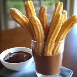 To make delicious cinnamon sugar churros, you need a few key ingredients. Here is what you will need: - 1 cup water - 1/2 cup unsalted butter, cut into cubes - 1 tablespoon granulated sugar - 1/4 teaspoon salt - 1 cup all-purpose flour, sifted - 2 large eggs - 1 teaspoon vanilla extract - Oil for frying (such as vegetable or canola, enough for about 2 inches deep) - 1 cup granulated sugar (for coating) - 2 teaspoons ground cinnamon These ingredients blend together to create a dough that is rich and flavorful. The butter and vanilla add depth to your churros, making them extra special. Having the right tools makes the process smooth. Here’s what you will need: - Medium saucepan - Wooden spoon - Piping bag with a large star tip - Deep skillet or fryer - Cooking thermometer - Slotted spoon - Shallow bowl These items help you cook the churros evenly and with ease. A piping bag is key for shaping your churros just right. You can customize your churros with a few optional ingredients. Here are some ideas: - Dark chocolate or white chocolate for dipping - Nutmeg for extra warmth - Lemon zest for a citrusy twist - Almond extract instead of vanilla These additions can add a unique flavor to your churros. Feel free to experiment and find your favorite combo! For the full recipe, check out the [Full Recipe]. To make cinnamon sugar churros, you start with a simple dough. First, gather your ingredients: water, butter, sugar, salt, flour, eggs, and vanilla. In a medium pot, mix water, butter, sugar, and salt. Heat this over medium until it boils. Stir often to avoid burning. When it boils, take it off the heat. Then, mix in the sifted flour quickly. You want a smooth dough with no dry bits. Let it rest for 5 minutes. This helps cool it down. After resting, add eggs one by one. Mix until smooth after each egg. Finally, stir in vanilla. Now, your dough is ready! Frying is where the magic happens! Heat oil in a deep skillet to 350°F (175°C). Use a thermometer for accuracy. While the oil heats, put the churro dough in a piping bag with a star tip. Pipe 6-inch strips of dough into the hot oil. Use scissors to cut the dough. Fry them for 2-3 minutes on each side. Look for a golden brown color. This means they are done. Use a slotted spoon to take them out. Let any extra oil drip back into the skillet. Golden brown churros look tasty and inviting. To get this color, keep the oil at the right temperature. Too low, and they soak up oil. Too high, and they burn quickly. Fry them in small batches. This keeps the oil hot and helps them cook evenly. Watch them closely while frying. Remove them when they are golden brown all over. This step is key to making churros that are both crunchy and light. For the full recipe, check out the detailed instructions! When making cinnamon sugar churros, avoid these common errors: - Not Measuring Ingredients: Always measure your ingredients. This helps the dough mix well. - Overheating the Oil: Too hot oil can burn your churros. Use a thermometer to check the oil's temperature. - Skipping the Rest Time: Letting the dough rest for five minutes is key. It makes the dough easier to handle. To get the right texture for your churros, follow these tips: - Mix Well: Stir the dough until it is smooth and shiny. This helps create a fluffy churro. - Don’t Overmix: Adding eggs too fast can make the dough heavy. Add them one by one, mixing well each time. - Pipe Quickly: Pipe the churros into the hot oil right after mixing. This keeps them fresh and airy. Coating churros in cinnamon sugar makes them extra tasty. Here’s how to do it right: - Use Warm Churros: Roll the churros in cinnamon sugar while they are warm. This helps the sugar stick better. - Mix Well: Combine the sugar and cinnamon in a bowl. Make sure they are evenly mixed for a balanced flavor. - Don’t Be Shy: Roll them well! Make sure each churro is coated fully to enjoy that sweet crunch. For the full recipe, check out the detailed instructions above. Enjoy your churros! {{image_4}} You can make filled cinnamon sugar churros for a fun twist. Use your favorite filling. Chocolate, caramel, or cream cheese work great. To fill them, pipe the dough into hot oil like usual. After frying, use a long, thin tool to inject the filling inside. The warm filling melts slightly, making each bite a treat. This adds a surprise inside and makes the churros even more enjoyable. While cinnamon sugar is classic, you can get creative. Try different toppings like crushed nuts or sprinkles for added crunch. You can also dip churros in chocolate or caramel sauce after rolling them in cinnamon sugar. A drizzle of white chocolate adds a fun look and taste. The options are endless, so feel free to mix and match to find your favorite combination. Churros pair well with dips. A rich chocolate sauce is a favorite choice. It adds depth and sweetness. You can also serve them with warm caramel or dulce de leche. For a fruity touch, try a berry sauce. This adds freshness and tang. Present the churros in a tall glass or on a plate. Set the dips on the side for a fun and interactive dessert experience. Don't forget to check out the Full Recipe for more ideas! To keep your churros fresh, store them in an airtight container. Place parchment paper between layers to avoid sticking. This helps maintain their crunch. Store at room temperature for up to two days. If you leave them out too long, they may get soft. To reheat churros, use an oven or air fryer. Preheat the oven to 350°F (175°C). Place churros on a baking sheet and heat for about 5-7 minutes. This method makes them crispy again. Avoid using the microwave, as it can make them chewy and soggy. You can freeze churros for future snacks. Allow them to cool completely, then place them in a single layer on a baking sheet. Freeze until firm. Once frozen, transfer them to a freezer bag. They can last for up to three months. To enjoy, reheat directly from the freezer using the oven or air fryer. To make cinnamon sugar churros crispy, fry them at the right temperature. You want your oil to be around 350°F (175°C). This temp helps the churros cook quickly, creating a nice crust. Avoid overcrowding the pan to keep the oil hot. Fry them about 2-3 minutes on each side until they turn golden brown. Once cooked, roll them in cinnamon sugar while they're still warm. This adds flavor and helps with crunch. Yes, you can bake churros, but they won't be as crispy. Baking them may also change their texture. To bake, preheat your oven to 400°F (200°C). Pipe the churros onto a baking sheet lined with parchment paper. Spray them lightly with oil to help them crisp. Bake for about 15-20 minutes, or until golden. However, frying gives that classic churro texture we all love. Churros go well with many dips! Here are some favorites: - Chocolate sauce is a classic choice. - Caramel sauce adds a sweet touch. - Nutella offers a rich, creamy option. - A simple vanilla yogurt dip can be refreshing. Try these dips to elevate your churro experience! Cinnamon sugar churros are a delightful treat. You learned about key ingredients, tools, and various flavors. The step-by-step instructions guide you through preparation and frying for perfect churros. We covered tips to avoid common mistakes. Don’t forget to explore variations with fillings and dips. Store leftovers correctly for later enjoyment. Remember, crispy churros come with practice. Enjoy making this sweet snack, and have fun experimenting with unique flavors!