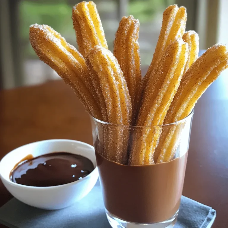 To make delicious cinnamon sugar churros, you need a few key ingredients. Here is what you will need: - 1 cup water - 1/2 cup unsalted butter, cut into cubes - 1 tablespoon granulated sugar - 1/4 teaspoon salt - 1 cup all-purpose flour, sifted - 2 large eggs - 1 teaspoon vanilla extract - Oil for frying (such as vegetable or canola, enough for about 2 inches deep) - 1 cup granulated sugar (for coating) - 2 teaspoons ground cinnamon These ingredients blend together to create a dough that is rich and flavorful. The butter and vanilla add depth to your churros, making them extra special. Having the right tools makes the process smooth. Here’s what you will need: - Medium saucepan - Wooden spoon - Piping bag with a large star tip - Deep skillet or fryer - Cooking thermometer - Slotted spoon - Shallow bowl These items help you cook the churros evenly and with ease. A piping bag is key for shaping your churros just right. You can customize your churros with a few optional ingredients. Here are some ideas: - Dark chocolate or white chocolate for dipping - Nutmeg for extra warmth - Lemon zest for a citrusy twist - Almond extract instead of vanilla These additions can add a unique flavor to your churros. Feel free to experiment and find your favorite combo! For the full recipe, check out the [Full Recipe]. To make cinnamon sugar churros, you start with a simple dough. First, gather your ingredients: water, butter, sugar, salt, flour, eggs, and vanilla. In a medium pot, mix water, butter, sugar, and salt. Heat this over medium until it boils. Stir often to avoid burning. When it boils, take it off the heat. Then, mix in the sifted flour quickly. You want a smooth dough with no dry bits. Let it rest for 5 minutes. This helps cool it down. After resting, add eggs one by one. Mix until smooth after each egg. Finally, stir in vanilla. Now, your dough is ready! Frying is where the magic happens! Heat oil in a deep skillet to 350°F (175°C). Use a thermometer for accuracy. While the oil heats, put the churro dough in a piping bag with a star tip. Pipe 6-inch strips of dough into the hot oil. Use scissors to cut the dough. Fry them for 2-3 minutes on each side. Look for a golden brown color. This means they are done. Use a slotted spoon to take them out. Let any extra oil drip back into the skillet. Golden brown churros look tasty and inviting. To get this color, keep the oil at the right temperature. Too low, and they soak up oil. Too high, and they burn quickly. Fry them in small batches. This keeps the oil hot and helps them cook evenly. Watch them closely while frying. Remove them when they are golden brown all over. This step is key to making churros that are both crunchy and light. For the full recipe, check out the detailed instructions! When making cinnamon sugar churros, avoid these common errors: - Not Measuring Ingredients: Always measure your ingredients. This helps the dough mix well. - Overheating the Oil: Too hot oil can burn your churros. Use a thermometer to check the oil's temperature. - Skipping the Rest Time: Letting the dough rest for five minutes is key. It makes the dough easier to handle. To get the right texture for your churros, follow these tips: - Mix Well: Stir the dough until it is smooth and shiny. This helps create a fluffy churro. - Don’t Overmix: Adding eggs too fast can make the dough heavy. Add them one by one, mixing well each time. - Pipe Quickly: Pipe the churros into the hot oil right after mixing. This keeps them fresh and airy. Coating churros in cinnamon sugar makes them extra tasty. Here’s how to do it right: - Use Warm Churros: Roll the churros in cinnamon sugar while they are warm. This helps the sugar stick better. - Mix Well: Combine the sugar and cinnamon in a bowl. Make sure they are evenly mixed for a balanced flavor. - Don’t Be Shy: Roll them well! Make sure each churro is coated fully to enjoy that sweet crunch. For the full recipe, check out the detailed instructions above. Enjoy your churros! {{image_4}} You can make filled cinnamon sugar churros for a fun twist. Use your favorite filling. Chocolate, caramel, or cream cheese work great. To fill them, pipe the dough into hot oil like usual. After frying, use a long, thin tool to inject the filling inside. The warm filling melts slightly, making each bite a treat. This adds a surprise inside and makes the churros even more enjoyable. While cinnamon sugar is classic, you can get creative. Try different toppings like crushed nuts or sprinkles for added crunch. You can also dip churros in chocolate or caramel sauce after rolling them in cinnamon sugar. A drizzle of white chocolate adds a fun look and taste. The options are endless, so feel free to mix and match to find your favorite combination. Churros pair well with dips. A rich chocolate sauce is a favorite choice. It adds depth and sweetness. You can also serve them with warm caramel or dulce de leche. For a fruity touch, try a berry sauce. This adds freshness and tang. Present the churros in a tall glass or on a plate. Set the dips on the side for a fun and interactive dessert experience. Don't forget to check out the Full Recipe for more ideas! To keep your churros fresh, store them in an airtight container. Place parchment paper between layers to avoid sticking. This helps maintain their crunch. Store at room temperature for up to two days. If you leave them out too long, they may get soft. To reheat churros, use an oven or air fryer. Preheat the oven to 350°F (175°C). Place churros on a baking sheet and heat for about 5-7 minutes. This method makes them crispy again. Avoid using the microwave, as it can make them chewy and soggy. You can freeze churros for future snacks. Allow them to cool completely, then place them in a single layer on a baking sheet. Freeze until firm. Once frozen, transfer them to a freezer bag. They can last for up to three months. To enjoy, reheat directly from the freezer using the oven or air fryer. To make cinnamon sugar churros crispy, fry them at the right temperature. You want your oil to be around 350°F (175°C). This temp helps the churros cook quickly, creating a nice crust. Avoid overcrowding the pan to keep the oil hot. Fry them about 2-3 minutes on each side until they turn golden brown. Once cooked, roll them in cinnamon sugar while they're still warm. This adds flavor and helps with crunch. Yes, you can bake churros, but they won't be as crispy. Baking them may also change their texture. To bake, preheat your oven to 400°F (200°C). Pipe the churros onto a baking sheet lined with parchment paper. Spray them lightly with oil to help them crisp. Bake for about 15-20 minutes, or until golden. However, frying gives that classic churro texture we all love. Churros go well with many dips! Here are some favorites: - Chocolate sauce is a classic choice. - Caramel sauce adds a sweet touch. - Nutella offers a rich, creamy option. - A simple vanilla yogurt dip can be refreshing. Try these dips to elevate your churro experience! Cinnamon sugar churros are a delightful treat. You learned about key ingredients, tools, and various flavors. The step-by-step instructions guide you through preparation and frying for perfect churros. We covered tips to avoid common mistakes. Don’t forget to explore variations with fillings and dips. Store leftovers correctly for later enjoyment. Remember, crispy churros come with practice. Enjoy making this sweet snack, and have fun experimenting with unique flavors!