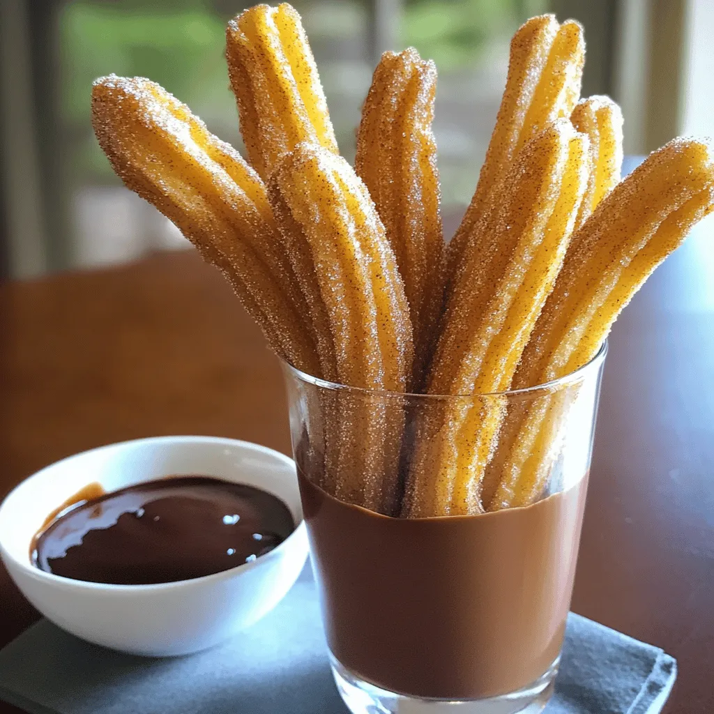 To make delicious cinnamon sugar churros, you need a few key ingredients. Here is what you will need: - 1 cup water - 1/2 cup unsalted butter, cut into cubes - 1 tablespoon granulated sugar - 1/4 teaspoon salt - 1 cup all-purpose flour, sifted - 2 large eggs - 1 teaspoon vanilla extract - Oil for frying (such as vegetable or canola, enough for about 2 inches deep) - 1 cup granulated sugar (for coating) - 2 teaspoons ground cinnamon These ingredients blend together to create a dough that is rich and flavorful. The butter and vanilla add depth to your churros, making them extra special. Having the right tools makes the process smooth. Here’s what you will need: - Medium saucepan - Wooden spoon - Piping bag with a large star tip - Deep skillet or fryer - Cooking thermometer - Slotted spoon - Shallow bowl These items help you cook the churros evenly and with ease. A piping bag is key for shaping your churros just right. You can customize your churros with a few optional ingredients. Here are some ideas: - Dark chocolate or white chocolate for dipping - Nutmeg for extra warmth - Lemon zest for a citrusy twist - Almond extract instead of vanilla These additions can add a unique flavor to your churros. Feel free to experiment and find your favorite combo! For the full recipe, check out the [Full Recipe]. To make cinnamon sugar churros, you start with a simple dough. First, gather your ingredients: water, butter, sugar, salt, flour, eggs, and vanilla. In a medium pot, mix water, butter, sugar, and salt. Heat this over medium until it boils. Stir often to avoid burning. When it boils, take it off the heat. Then, mix in the sifted flour quickly. You want a smooth dough with no dry bits. Let it rest for 5 minutes. This helps cool it down. After resting, add eggs one by one. Mix until smooth after each egg. Finally, stir in vanilla. Now, your dough is ready! Frying is where the magic happens! Heat oil in a deep skillet to 350°F (175°C). Use a thermometer for accuracy. While the oil heats, put the churro dough in a piping bag with a star tip. Pipe 6-inch strips of dough into the hot oil. Use scissors to cut the dough. Fry them for 2-3 minutes on each side. Look for a golden brown color. This means they are done. Use a slotted spoon to take them out. Let any extra oil drip back into the skillet. Golden brown churros look tasty and inviting. To get this color, keep the oil at the right temperature. Too low, and they soak up oil. Too high, and they burn quickly. Fry them in small batches. This keeps the oil hot and helps them cook evenly. Watch them closely while frying. Remove them when they are golden brown all over. This step is key to making churros that are both crunchy and light. For the full recipe, check out the detailed instructions! When making cinnamon sugar churros, avoid these common errors: - Not Measuring Ingredients: Always measure your ingredients. This helps the dough mix well. - Overheating the Oil: Too hot oil can burn your churros. Use a thermometer to check the oil's temperature. - Skipping the Rest Time: Letting the dough rest for five minutes is key. It makes the dough easier to handle. To get the right texture for your churros, follow these tips: - Mix Well: Stir the dough until it is smooth and shiny. This helps create a fluffy churro. - Don’t Overmix: Adding eggs too fast can make the dough heavy. Add them one by one, mixing well each time. - Pipe Quickly: Pipe the churros into the hot oil right after mixing. This keeps them fresh and airy. Coating churros in cinnamon sugar makes them extra tasty. Here’s how to do it right: - Use Warm Churros: Roll the churros in cinnamon sugar while they are warm. This helps the sugar stick better. - Mix Well: Combine the sugar and cinnamon in a bowl. Make sure they are evenly mixed for a balanced flavor. - Don’t Be Shy: Roll them well! Make sure each churro is coated fully to enjoy that sweet crunch. For the full recipe, check out the detailed instructions above. Enjoy your churros! {{image_4}} You can make filled cinnamon sugar churros for a fun twist. Use your favorite filling. Chocolate, caramel, or cream cheese work great. To fill them, pipe the dough into hot oil like usual. After frying, use a long, thin tool to inject the filling inside. The warm filling melts slightly, making each bite a treat. This adds a surprise inside and makes the churros even more enjoyable. While cinnamon sugar is classic, you can get creative. Try different toppings like crushed nuts or sprinkles for added crunch. You can also dip churros in chocolate or caramel sauce after rolling them in cinnamon sugar. A drizzle of white chocolate adds a fun look and taste. The options are endless, so feel free to mix and match to find your favorite combination. Churros pair well with dips. A rich chocolate sauce is a favorite choice. It adds depth and sweetness. You can also serve them with warm caramel or dulce de leche. For a fruity touch, try a berry sauce. This adds freshness and tang. Present the churros in a tall glass or on a plate. Set the dips on the side for a fun and interactive dessert experience. Don't forget to check out the Full Recipe for more ideas! To keep your churros fresh, store them in an airtight container. Place parchment paper between layers to avoid sticking. This helps maintain their crunch. Store at room temperature for up to two days. If you leave them out too long, they may get soft. To reheat churros, use an oven or air fryer. Preheat the oven to 350°F (175°C). Place churros on a baking sheet and heat for about 5-7 minutes. This method makes them crispy again. Avoid using the microwave, as it can make them chewy and soggy. You can freeze churros for future snacks. Allow them to cool completely, then place them in a single layer on a baking sheet. Freeze until firm. Once frozen, transfer them to a freezer bag. They can last for up to three months. To enjoy, reheat directly from the freezer using the oven or air fryer. To make cinnamon sugar churros crispy, fry them at the right temperature. You want your oil to be around 350°F (175°C). This temp helps the churros cook quickly, creating a nice crust. Avoid overcrowding the pan to keep the oil hot. Fry them about 2-3 minutes on each side until they turn golden brown. Once cooked, roll them in cinnamon sugar while they're still warm. This adds flavor and helps with crunch. Yes, you can bake churros, but they won't be as crispy. Baking them may also change their texture. To bake, preheat your oven to 400°F (200°C). Pipe the churros onto a baking sheet lined with parchment paper. Spray them lightly with oil to help them crisp. Bake for about 15-20 minutes, or until golden. However, frying gives that classic churro texture we all love. Churros go well with many dips! Here are some favorites: - Chocolate sauce is a classic choice. - Caramel sauce adds a sweet touch. - Nutella offers a rich, creamy option. - A simple vanilla yogurt dip can be refreshing. Try these dips to elevate your churro experience! Cinnamon sugar churros are a delightful treat. You learned about key ingredients, tools, and various flavors. The step-by-step instructions guide you through preparation and frying for perfect churros. We covered tips to avoid common mistakes. Don’t forget to explore variations with fillings and dips. Store leftovers correctly for later enjoyment. Remember, crispy churros come with practice. Enjoy making this sweet snack, and have fun experimenting with unique flavors!