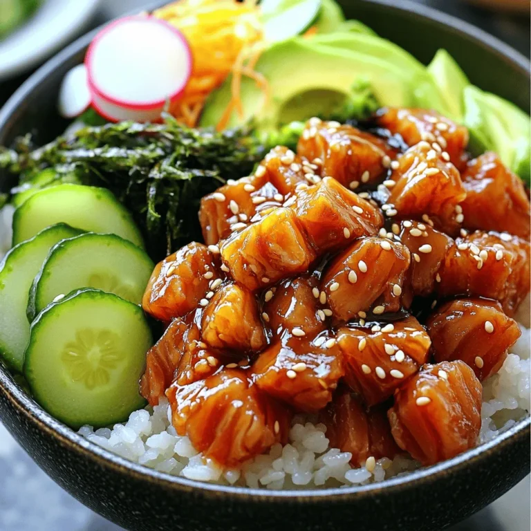 To create a tasty Spicy Tuna Poke Bowl, gather the following: - 1 cup sushi rice - 1 ½ cups water - 1 lb sushi-grade tuna, diced into bite-sized cubes - 2 tablespoons soy sauce - 1 tablespoon sesame oil - 1 tablespoon sriracha (adjust to taste for desired spiciness) - 1 ripe avocado, sliced - ½ cucumber, thinly sliced into rounds - 1 radish, thinly sliced - 2 green onions, finely chopped - 1 tablespoon sesame seeds (white or black, for contrast) - Seaweed salad (for garnish) - Pickled ginger (for garnish) - Microgreens (for garnish, optional) If you can't find sushi-grade tuna, use sashimi-grade salmon or cooked shrimp. For a vegetarian option, try diced tofu or marinated tempeh. Want to add more flavor? Try garnishing with spicy mayo or a sprinkle of chili flakes. You can also include fresh herbs like cilantro or mint for extra zest. To start, rinse the sushi rice. Use a fine-mesh strainer and cold water. Rinse until the water runs clear. This step removes excess starch. Removing starch helps the rice stay fluffy, not sticky. In a medium saucepan, add the washed rice and 1 ½ cups of water. Place the saucepan over medium-high heat. Bring the water to a boil. Once it starts boiling, reduce the heat to low. Cover the saucepan and let it simmer for 15 minutes. After 15 minutes, turn off the heat. Keep the lid on for another 10 minutes. This steaming step makes the rice perfect. To achieve the best rice texture, remember these tips: - Use the right ratio of water to rice. - Do not lift the lid while it steams. - Fluff the rice with a fork after cooking. Now, let’s mix the marinade for the tuna. In a medium bowl, combine diced sushi-grade tuna, soy sauce, sesame oil, and sriracha. Use a gentle folding motion to coat the tuna. If you love spice, add more sriracha. If not, start with less. Dicing sushi-grade tuna properly is key. First, use a sharp knife. Cut the tuna into bite-sized cubes. Aim for uniform pieces for better marination. Time to assemble your poke bowl! Start with a generous scoop of sushi rice as the base. Place it in a large, deep bowl. Next, spoon the marinated spicy tuna over the rice. Arrange avocado slices in a fan shape on top. Then, add thinly sliced cucumber and radish around the tuna. This creates a vibrant look. For a balanced flavor, here are some tips: - Add equal amounts of each topping. - Layer ingredients with a variety of colors. - Use fresh ingredients for the best taste. Finally, sprinkle sesame seeds on top. This adds a nice crunch. Garnish with seaweed salad and pickled ginger. For an elegant touch, add microgreens if you like. For the full recipe, check the details above. Enjoy your flavorful and fresh spicy tuna poke bowl! To avoid mushy rice, rinse it well. Wash sushi rice until the water is clear. This removes excess starch. When cooking, use the right water ratio. For one cup of sushi rice, use one and a half cups of water. Let it simmer and steam with the lid on. This makes the rice fluffy. For the tuna, do not marinate it too long. Just coat it in the sauce before serving. This keeps the fish fresh and firm. Always use sushi-grade tuna for the best taste and safety. Check for bright color and a fresh smell. Common mistakes include overcooking the rice or using stale ingredients. Fresh ingredients are key for flavor. Use ripe avocados and crisp cucumbers. Check your soy sauce and sesame oil for freshness. To cater to dietary needs, swap tuna for tofu or cooked shrimp. This makes a great vegan or gluten-free option. You can also use brown rice for added fiber. For extra flavor, try different toppings. Add sliced radishes, edamame, or pickled vegetables. You can mix in some citrus zest for brightness. Sriracha is great, but you can also use chili flakes. Experiment with herbs like cilantro or mint for a fresh twist. Each mix-in adds a new layer of taste. Enjoy creating your perfect poke bowl! For the complete recipe, check out the Full Recipe. {{image_4}} You can switch up the protein in your poke bowl. Try salmon, tofu, or shrimp. Each choice brings its own taste and texture. Salmon offers a rich, buttery flavor. Tofu gives a nice, firm bite, perfect for plant-based diets. Cooked shrimp adds a sweet, juicy element. Choosing different proteins has health perks, too. Salmon is packed with omega-3 fatty acids. Tofu is a great source of plant protein. Shrimp is low in calories but high in protein. Each option keeps the dish nutritious and satisfying. Different seafood options create unique flavor profiles. Salmon pairs well with a citrusy sauce. Tofu absorbs flavors nicely, making it versatile. Shrimp has a mild taste that works with many spices. These variations keep your poke bowl exciting and fresh! For your poke bowl base, you can use brown rice or quinoa. Brown rice adds a nutty flavor and extra fiber. Quinoa is gluten-free and high in protein. Both grains provide a solid foundation for your dish. If you want a lighter option, consider a salad bowl. Use greens like spinach or arugula as the base. This adds freshness and crunch to your meal. Get creative with how you serve your poke bowl. You can layer ingredients in jars for a fun, portable meal. Or, try serving it in a lettuce wrap for a unique twist. Each serving choice adds a personal touch to your dish. For the Full Recipe, check out the detailed instructions above! To keep your spicy tuna poke bowl fresh, store it in the fridge. Use an airtight container to prevent moisture loss. You can separate the rice and tuna if you prefer. This helps maintain the rice's texture and the tuna's flavor. Enjoy your leftovers within two days for the best taste. When reheating sushi rice, do it gently. Use a microwave on low power or steam it briefly. Avoid high heat, which can make the rice tough. Tuna should not be reheated, as it can lose its fresh taste and texture. Instead, enjoy the tuna cold. To serve leftovers, layer fresh toppings like avocado or cucumber. This adds a nice crunch and keeps the dish lively. If you want to serve it warm, only reheat the rice. The Full Recipe will guide you through making a delicious poke bowl from scratch. What type of tuna is best for poke? The best tuna for poke is sushi-grade tuna. This type is fresh and safe to eat raw. Look for yellowfin or ahi tuna. It has great flavor and texture. You can ask your fishmonger for sushi-grade options. Is it safe to eat raw fish at home? Yes, it is safe if you use sushi-grade fish. This fish is handled and stored properly. Always check for freshness and quality. Keep it cold until you are ready to use it. If you are unsure, you can cook the fish instead. Can I make the poke bowl ahead of time? You can prepare some elements in advance. Cook the rice and store it in the fridge. Marinate the tuna right before serving. Keep veggies fresh until serving time. This way, your poke bowl stays fresh and tasty. What to do if I can’t find sushi-grade tuna? If you can't find sushi-grade tuna, use cooked seafood or tofu. Cooked shrimp or crab works well. You can also use canned tuna in water for a quick option. Ensure it is high quality for the best flavor. Can I omit the sriracha if I don’t like spicy food? Yes, you can skip the sriracha. Use a mild sauce instead, like soy sauce or teriyaki. You can also add a touch of sesame oil for flavor without heat. Your poke bowl will still be delicious. What vegetables can I add or substitute? You can add many vegetables to your poke bowl. Try carrots, bell peppers, or radishes for crunch. Avocado adds creaminess. You can also mix in edamame or seaweed for extra nutrition. Choose what you enjoy most! In this blog post, we explored how to make a Spicy Tuna Poke Bowl. We covered the key ingredients, step-by-step instructions, and useful tips for success. You can adjust spice levels and swap ingredients to match your taste. Remember to store leftovers properly and consider other protein options for variety. With these steps, you can enjoy a tasty and healthy meal at home. Dive into the world of poke bowls and make this dish your own!