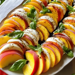 - 2 ripe peaches, sliced into wedges - 8 oz fresh mozzarella, sliced into rounds - 1 cup fresh basil leaves, whole - 2 tablespoons balsamic glaze, for drizzling - 1 tablespoon extra virgin olive oil, for drizzling - Sea salt and freshly cracked black pepper, to taste The ingredients for Peach Caprese Salad are simple yet full of flavor. Ripe peaches bring sweetness and juiciness. Fresh mozzarella adds creaminess. Basil leaves give it a fragrant touch. Balsamic glaze adds a rich depth. Extra virgin olive oil rounds out the taste. Sea salt and black pepper boost all the flavors. This salad is easy to make, yet it tastes gourmet. - Calories per serving: About 200 calories - Macronutrient breakdown: - Fats: 12g - Carbohydrates: 18g - Proteins: 7g Peach Caprese Salad is not just tasty; it’s also healthy. Peaches are rich in vitamins A and C. They help boost your immune system and keep your skin healthy. Fresh mozzarella provides calcium and protein. Basil is packed with antioxidants, too. Enjoy this salad as a light meal or a side dish. For the full recipe, you can refer to the steps above. - Rinse and slice the peaches. - Slice mozzarella into rounds. - Arrange salad components on a platter. To start, rinse your peaches under cold water. This removes any dirt. Use a sharp knife to slice the peaches into even wedges. This step reveals their juicy, vibrant inside. Next, take the fresh mozzarella and slice it into rounds. Aim for a thickness that matches the peach wedges. This helps balance your salad. Now, grab a large serving platter. Arrange your peach and mozzarella slices in a circular pattern. Alternate each piece for a pretty look. This way, every bite offers both flavors. - Create a circular arrangement of peach and mozzarella. - Tuck in basil leaves. - Drizzle olive oil and balsamic glaze. Next, carefully tuck whole basil leaves between the slices of peach and mozzarella. This adds a fragrant freshness. Then, drizzle extra virgin olive oil evenly over the salad. This enhances the flavors. Follow with a gentle drizzle of balsamic glaze. This adds a beautiful contrast and depth. Finally, season your salad. Use a sprinkle of sea salt and freshly cracked black pepper. This elevates the sweetness of the peaches and creaminess of the mozzarella. - Best ways to serve immediately. - Recommendations for side dishes or pairings. For the best taste, serve the salad right away. This way, you enjoy its full freshness. If you want, you can refrigerate it for about 10 minutes. This allows the flavors to blend slightly before serving. Pair this salad with grilled chicken or a light pasta dish. It also goes well with crusty bread or a light white wine. Enjoy this refreshing Peach Caprese salad as a starter for any summer meal. For more details, check the Full Recipe. Choosing ripe peaches is key. Look for peaches that feel soft but not mushy. Their skin should have a vibrant color. This shows they are sweet and juicy. For the mozzarella, fresh is best. Choose mozzarella packed in water for creaminess. It should have a smooth texture and mild taste. Fresh basil leaves should be bright green and fragrant. Avoid any yellow or browning leaves, as they can spoil the flavor. To make your salad stand out, think about garnishing. Adding extra basil leaves on top adds color. A light drizzle of balsamic glaze right before serving can enhance the look. For serving, use a large, shallow platter. This allows the colors of the salad to pop. A white plate can highlight the vibrant yellow and green of the salad. You can take the flavor even further. Try adding a sprinkle of crushed red pepper for heat. You might also consider using a different dressing. A honey vinaigrette can add sweetness. For extra texture, consider adding nuts. Sliced almonds or pine nuts can give a nice crunch. You can find more ideas in the Full Recipe. {{image_4}} You can change fruits in your salad. If you want a twist, try strawberries or nectarines. Both fruits add unique flavors. They also bring a nice pop of color. You can also switch cheeses. Burrata offers a creamy texture. Feta has a salty kick that works well. Each choice gives the salad a different taste. For a vegan option, skip the cheese. You can add avocado slices instead. The creamy avocado pairs well with peaches. It adds a rich mouthfeel without dairy. For gluten-free variations, you are already safe. This salad is naturally gluten-free. Just ensure your balsamic glaze has no gluten ingredients. Using seasonal produce makes your salad fresher. In summer, peaches shine, while in fall, you can use apples. Each season brings different flavors. Adjusting herbs can also change the taste. In spring, try adding mint for a refreshing twist. In winter, consider a dash of cinnamon for warmth. Each season offers new ways to enjoy this dish. To keep your Peach Caprese Salad fresh, store it in the fridge. Use an airtight container for leftovers to avoid moisture loss. If you have leftover peaches or mozzarella, keep them separate. This way, they stay fresh longer. Wrap each ingredient in plastic wrap to keep them safe from air. The salad can stay good for about one day in the fridge. After that, the peaches may turn mushy, and the cheese might lose its charm. Watch for any change in color or smell. If the peaches smell sour or the cheese feels slimy, it is time to toss it out. You can add leftover salad to a sandwich for a tasty twist. Try mixing it into a grain bowl with quinoa or rice. Use extra basil in pesto for a fresh sauce. You can also blend leftover salad into a smoothie for a unique flavor. The options are endless! A Peach Caprese Salad is a fresh dish that mixes sweet peaches with creamy mozzarella. This salad comes from the classic Italian Caprese Salad, which uses tomatoes instead of peaches. The colorful mix of fruit, cheese, and herbs makes it a great summer treat. Yes, you can prepare some parts ahead. Slice the peaches and mozzarella a few hours before serving. Keep them in the fridge to stay fresh. Just wait to add the basil, olive oil, and balsamic glaze until right before serving. This keeps the salad looking nice. This salad pairs well with grilled meats like chicken or steak. It also goes great with crusty bread or a light pasta. You can serve it as a side dish or a light main course. A crisp white wine adds a nice touch too. To make the salad more filling, add proteins like grilled chicken or shrimp. You can also mix in grains like quinoa or farro. These additions will give you more energy and make the dish heartier without losing its fresh taste. Peach Caprese Salad is packed with vitamins and minerals. Peaches provide vitamin C and fiber. Mozzarella adds calcium and protein, while basil offers antioxidants. This salad is not just tasty but also a healthy choice for any meal. For the complete Peach Caprese Salad recipe, check out the Full Recipe. In this blog post, we explored a delicious Peach Caprese Salad. We covered ingredients, preparation steps, and ways to make it stand out. You learned about nutrition and how to store leftovers. This salad is refreshing, simple, and versatile. You can use different fruits, cheeses, and even adjust it for dietary needs. Enjoy experimenting with flavors and making this dish your own. Your next meal can be both fun and tasty with a Peach Caprese Salad on the table.