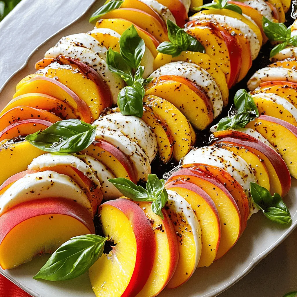 - 2 ripe peaches, sliced into wedges - 8 oz fresh mozzarella, sliced into rounds - 1 cup fresh basil leaves, whole - 2 tablespoons balsamic glaze, for drizzling - 1 tablespoon extra virgin olive oil, for drizzling - Sea salt and freshly cracked black pepper, to taste The ingredients for Peach Caprese Salad are simple yet full of flavor. Ripe peaches bring sweetness and juiciness. Fresh mozzarella adds creaminess. Basil leaves give it a fragrant touch. Balsamic glaze adds a rich depth. Extra virgin olive oil rounds out the taste. Sea salt and black pepper boost all the flavors. This salad is easy to make, yet it tastes gourmet. - Calories per serving: About 200 calories - Macronutrient breakdown: - Fats: 12g - Carbohydrates: 18g - Proteins: 7g Peach Caprese Salad is not just tasty; it’s also healthy. Peaches are rich in vitamins A and C. They help boost your immune system and keep your skin healthy. Fresh mozzarella provides calcium and protein. Basil is packed with antioxidants, too. Enjoy this salad as a light meal or a side dish. For the full recipe, you can refer to the steps above. - Rinse and slice the peaches. - Slice mozzarella into rounds. - Arrange salad components on a platter. To start, rinse your peaches under cold water. This removes any dirt. Use a sharp knife to slice the peaches into even wedges. This step reveals their juicy, vibrant inside. Next, take the fresh mozzarella and slice it into rounds. Aim for a thickness that matches the peach wedges. This helps balance your salad. Now, grab a large serving platter. Arrange your peach and mozzarella slices in a circular pattern. Alternate each piece for a pretty look. This way, every bite offers both flavors. - Create a circular arrangement of peach and mozzarella. - Tuck in basil leaves. - Drizzle olive oil and balsamic glaze. Next, carefully tuck whole basil leaves between the slices of peach and mozzarella. This adds a fragrant freshness. Then, drizzle extra virgin olive oil evenly over the salad. This enhances the flavors. Follow with a gentle drizzle of balsamic glaze. This adds a beautiful contrast and depth. Finally, season your salad. Use a sprinkle of sea salt and freshly cracked black pepper. This elevates the sweetness of the peaches and creaminess of the mozzarella. - Best ways to serve immediately. - Recommendations for side dishes or pairings. For the best taste, serve the salad right away. This way, you enjoy its full freshness. If you want, you can refrigerate it for about 10 minutes. This allows the flavors to blend slightly before serving. Pair this salad with grilled chicken or a light pasta dish. It also goes well with crusty bread or a light white wine. Enjoy this refreshing Peach Caprese salad as a starter for any summer meal. For more details, check the Full Recipe. Choosing ripe peaches is key. Look for peaches that feel soft but not mushy. Their skin should have a vibrant color. This shows they are sweet and juicy. For the mozzarella, fresh is best. Choose mozzarella packed in water for creaminess. It should have a smooth texture and mild taste. Fresh basil leaves should be bright green and fragrant. Avoid any yellow or browning leaves, as they can spoil the flavor. To make your salad stand out, think about garnishing. Adding extra basil leaves on top adds color. A light drizzle of balsamic glaze right before serving can enhance the look. For serving, use a large, shallow platter. This allows the colors of the salad to pop. A white plate can highlight the vibrant yellow and green of the salad. You can take the flavor even further. Try adding a sprinkle of crushed red pepper for heat. You might also consider using a different dressing. A honey vinaigrette can add sweetness. For extra texture, consider adding nuts. Sliced almonds or pine nuts can give a nice crunch. You can find more ideas in the Full Recipe. {{image_4}} You can change fruits in your salad. If you want a twist, try strawberries or nectarines. Both fruits add unique flavors. They also bring a nice pop of color. You can also switch cheeses. Burrata offers a creamy texture. Feta has a salty kick that works well. Each choice gives the salad a different taste. For a vegan option, skip the cheese. You can add avocado slices instead. The creamy avocado pairs well with peaches. It adds a rich mouthfeel without dairy. For gluten-free variations, you are already safe. This salad is naturally gluten-free. Just ensure your balsamic glaze has no gluten ingredients. Using seasonal produce makes your salad fresher. In summer, peaches shine, while in fall, you can use apples. Each season brings different flavors. Adjusting herbs can also change the taste. In spring, try adding mint for a refreshing twist. In winter, consider a dash of cinnamon for warmth. Each season offers new ways to enjoy this dish. To keep your Peach Caprese Salad fresh, store it in the fridge. Use an airtight container for leftovers to avoid moisture loss. If you have leftover peaches or mozzarella, keep them separate. This way, they stay fresh longer. Wrap each ingredient in plastic wrap to keep them safe from air. The salad can stay good for about one day in the fridge. After that, the peaches may turn mushy, and the cheese might lose its charm. Watch for any change in color or smell. If the peaches smell sour or the cheese feels slimy, it is time to toss it out. You can add leftover salad to a sandwich for a tasty twist. Try mixing it into a grain bowl with quinoa or rice. Use extra basil in pesto for a fresh sauce. You can also blend leftover salad into a smoothie for a unique flavor. The options are endless! A Peach Caprese Salad is a fresh dish that mixes sweet peaches with creamy mozzarella. This salad comes from the classic Italian Caprese Salad, which uses tomatoes instead of peaches. The colorful mix of fruit, cheese, and herbs makes it a great summer treat. Yes, you can prepare some parts ahead. Slice the peaches and mozzarella a few hours before serving. Keep them in the fridge to stay fresh. Just wait to add the basil, olive oil, and balsamic glaze until right before serving. This keeps the salad looking nice. This salad pairs well with grilled meats like chicken or steak. It also goes great with crusty bread or a light pasta. You can serve it as a side dish or a light main course. A crisp white wine adds a nice touch too. To make the salad more filling, add proteins like grilled chicken or shrimp. You can also mix in grains like quinoa or farro. These additions will give you more energy and make the dish heartier without losing its fresh taste. Peach Caprese Salad is packed with vitamins and minerals. Peaches provide vitamin C and fiber. Mozzarella adds calcium and protein, while basil offers antioxidants. This salad is not just tasty but also a healthy choice for any meal. For the complete Peach Caprese Salad recipe, check out the Full Recipe. In this blog post, we explored a delicious Peach Caprese Salad. We covered ingredients, preparation steps, and ways to make it stand out. You learned about nutrition and how to store leftovers. This salad is refreshing, simple, and versatile. You can use different fruits, cheeses, and even adjust it for dietary needs. Enjoy experimenting with flavors and making this dish your own. Your next meal can be both fun and tasty with a Peach Caprese Salad on the table.