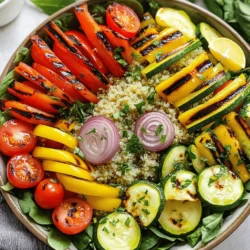 - 1 cup quinoa, rinsed thoroughly - 2 cups vegetable broth or water - Selection of grilled vegetables (zucchini, bell peppers, cherry tomatoes, red onion) To make this salad, I focus on fresh ingredients. Quinoa is a protein-rich grain that serves as a great base. The vegetables add color and flavor. I love using zucchini, bell peppers, cherry tomatoes, and red onion because they grill beautifully. You can even mix in your favorite seasonal veggies for added variety. - Olive oil, garlic powder, smoked paprika - Fresh herbs, lemon juice, salt, and pepper Seasoning is key to making this salad pop. I drizzle olive oil over the vegetables to help them grill nicely. Garlic powder and smoked paprika add depth. Finally, I finish with fresh herbs and a squeeze of lemon juice. This combo brings out the best in every bite. - Spinach or arugula - Optional toppings (feta cheese, toasted nuts) For extra flavor, I often toss in chopped spinach or arugula. They add a nice crunch and freshness. If you want to take it up a notch, consider adding crumbled feta cheese or toasted nuts. They both add a rich taste and a delightful texture. To see how these ingredients come together, check out the Full Recipe. Start by rinsing your quinoa under cold water. This helps remove any bitter taste. Next, in a medium saucepan, combine the rinsed quinoa with 2 cups of vegetable broth or water. Bring it to a boil over medium heat. Once boiling, lower the heat, cover, and let it simmer. Cook for about 15 minutes until the quinoa is fluffy. All the liquid should be absorbed. After cooking, let it sit for 5 minutes. Then, fluff the quinoa gently with a fork. While the quinoa cooks, get ready to prepare your vegetables. Take a large mixing bowl and add sliced zucchini, red bell pepper, yellow bell pepper, halved cherry tomatoes, and red onion. Drizzle 2 tablespoons of olive oil over the veggies. Then, sprinkle garlic powder, smoked paprika, salt, and pepper on top. Toss the vegetables well to ensure every piece is evenly coated. This step is key for great flavor. Now it's time to grill! Preheat your grill or grill pan over medium-high heat. Once hot, place the seasoned vegetables on the grill. Grill each side for about 5 to 7 minutes. Look for nice grill marks and ensure the veggies are tender. When done, remove them from the grill and let them cool slightly. This cooling step helps keep the crunch while you mix everything together. Enjoy these steps as you create a fresh and tasty grilled vegetable and quinoa salad. For the complete recipe, check out the [Full Recipe]. To get perfect quinoa, start with rinsing it well. This step removes bitter saponins. After cooking, let it rest for five minutes. Then, fluff it gently with a fork. This keeps the grains separate and light. Common mistakes include not rinsing and overcooking. Rinsing is key for taste. If you overcook, quinoa turns mushy. Aim for a light, fluffy texture. Choose fresh vegetables for grilling. Zucchini, bell peppers, and cherry tomatoes are great picks. Cut them into even sizes. This helps them cook evenly. Preheat your grill to medium-high heat. Place the veggies carefully on the grill. Grill them for about 5-7 minutes on each side. You want them tender with nice grill marks. Avoid moving them too much to ensure good searing. Brighten your salad with fresh herbs. Parsley and basil add great taste. You can also try adding spices like cumin or chili powder for a kick. For a simple dressing, mix olive oil and lemon juice. This will elevate the salad's flavor. Drizzle the dressing over the salad and toss gently. It brings all the ingredients together beautifully. For the full recipe, check out the Grilled Vegetable and Quinoa Salad. {{image_4}} You can add protein to your grilled vegetable and quinoa salad. Options include grilled chicken, shrimp, or chickpeas. Each choice adds flavor and makes your meal more filling. Grilled chicken gives a nice smoky taste. Shrimp cooks quickly and adds a lovely sweetness. Chickpeas are a great plant-based option and pack a protein punch. Adding protein helps keep you full longer and supports muscle health. Seasonal vegetables can change your salad's flavor. In spring, try asparagus or snap peas. In summer, corn or eggplant works well. Fall brings in roasted squash, while winter offers kale or Brussels sprouts. Adjust your seasoning based on the vegetables you choose. For sweeter veggies, add a touch more lemon juice. If you use spicy peppers, consider reducing the garlic. Making your salad vegan is easy. Replace chicken or shrimp with more chickpeas or add tofu. Ensure your vegetable broth is vegan. For gluten-free options, quinoa is naturally gluten-free, but check your broth. Always read labels for packaged ingredients. You can enjoy this salad without worries about dietary restrictions. It’s tasty, healthy, and simple for everyone. For the full recipe, check out the detailed instructions and enjoy your cooking journey! To keep your grilled vegetable and quinoa salad fresh, refrigerate it right away. Place it in an airtight container. Glass or BPA-free plastic containers work best. Make sure to seal it tightly. This way, the salad stays crisp and tasty. When reheating the grilled veggies, use a skillet over medium heat. This method warms them evenly, keeping their texture nice. You can also use the oven. Just spread them out on a baking sheet and heat at 350°F for about 10 minutes. If you have extra salad, mix it into a wrap or add it to soup for a tasty twist. The salad stays fresh for about 3 to 5 days in the fridge. Look for signs like wilting greens or a sour smell. If you see these, it's time to toss it out. Keeping track of freshness helps you enjoy your meal at its best. Yes, you can make this salad ahead of time. Prepare the quinoa and grilled vegetables separately. Store them in airtight containers in the fridge. This method keeps each ingredient fresh. Mix everything just before serving to maintain texture. You can also add the fresh herbs and lemon juice right before serving. This way, the salad stays bright and tasty. To add some heat, try these ideas: - Slice fresh jalapeños and mix them in. - Add a dash of your favorite hot sauce. - Sprinkle red pepper flakes on top. These options let you control the spice level. Start with a little and taste. Adjust until it reaches your desired heat. This salad is not only tasty but also healthy. Here’s a general breakdown per serving: - Calories: 250 - Carbohydrates: 40g - Protein: 8g - Fat: 9g These numbers may vary based on the exact ingredients used. The salad is rich in fiber and vitamins. It's a great choice for a balanced meal. For the full recipe, check the detailed instructions above. In this blog post, we explored how to make a tasty grilled vegetable and quinoa salad. We discussed key ingredients like quinoa and fresh veggies. You learned easy steps for cooking and grilling, plus tips to enhance flavor. We also covered ways to customize the dish with proteins and seasonal vegetables. Finally, I shared advice on storing leftovers and reheating grilled veggies. This salad is not only delicious but also healthy and flexible for your needs. Enjoy creating your own version and make mealtime exciting!