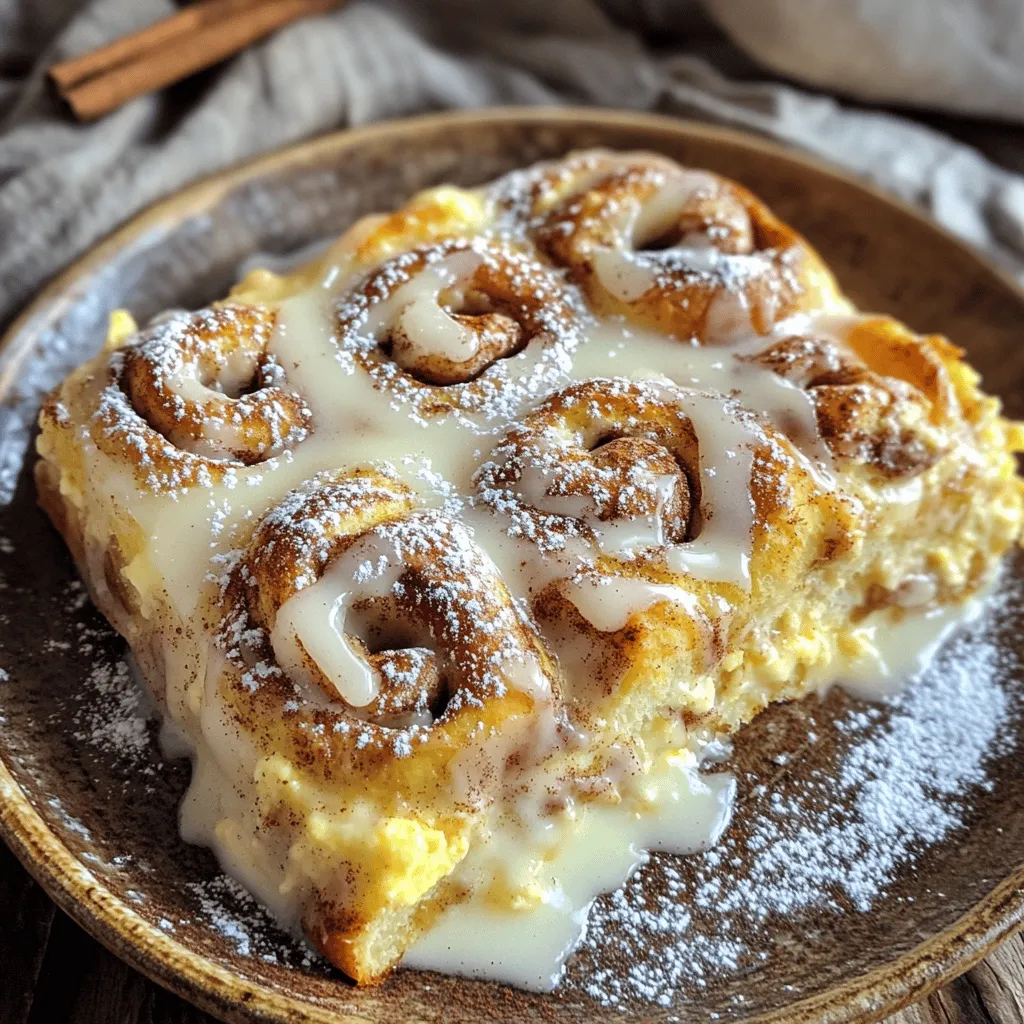 - 2 cans of refrigerated cinnamon rolls (14 oz each) - 4 large eggs - 1 cup whole milk - 1 teaspoon pure vanilla extract - 1 teaspoon ground cinnamon - ¼ teaspoon ground nutmeg - ½ cup pure maple syrup - ¼ cup packed brown sugar - Powdered sugar, for dusting The main ingredients create a great base for your casserole. The cinnamon rolls give a nice, soft texture. Eggs add richness and help bind everything. Whole milk makes it creamy, while vanilla and spices bring warmth and flavor. Maple syrup and brown sugar add sweetness. - Additional spices (like cloves or ginger) - Fresh fruits (such as berries or bananas) - Nuts (like pecans or walnuts) You can customize your casserole with optional ingredients. Adding fruits like berries gives freshness. Nuts add crunch and flavor. Extra spices can make it unique. Feel free to mix and match what you like best. - 9x13-inch baking dish - Mixing bowls - Whisk - Sharp knife or kitchen scissors You will need some basic tools. A baking dish is a must for the oven. Mixing bowls help you blend the egg mixture easily. A whisk makes it simple to combine the ingredients. A sharp knife or scissors cuts the cinnamon rolls quickly. For the full recipe, check out [Full Recipe]. - Preheat the oven to 375°F (190°C). - Grease the baking dish with cooking spray or butter. This step sets the stage for baking. Preheating helps the casserole cook evenly. Greasing prevents sticking, so your delicious creation comes out easily. - Cut each cinnamon roll into quarters. - Arrange quartered rolls evenly in the baking dish. Cutting the rolls into quarters makes them bite-sized. Arranging them evenly helps each piece bake just right. You want to see those fluffy rolls when it’s done! - Whisk together eggs, milk, and remaining ingredients. - Pour the mixture over the cinnamon rolls. In a bowl, crack the eggs and whisk them well. Add in milk, vanilla, cinnamon, nutmeg, syrup, and brown sugar. This mixture adds richness to the casserole. When you pour it over the rolls, they soak up all that goodness. - Gently press down the rolls to absorb the egg mixture. - Bake in the preheated oven for 25-30 minutes. Before baking, press the rolls lightly. This helps them soak up the egg mix. When baking, watch for that golden brown color. The smell will fill your kitchen, making it hard to wait! For the full recipe, check out the details above and enjoy this easy comfort food! To know when the casserole is done, look for a golden top. The center should feel set and not jiggly. A toothpick test works well; insert it in the middle. If it comes out clean, you're good to go. For uniform baking, spread the cinnamon rolls evenly. This ensures every piece cooks at the same rate. Avoid crowding the dish, as that can lead to uneven cooking. Serve warm slices on individual plates for a cozy feel. You can drizzle with extra maple syrup for sweetness. A light sprinkle of cinnamon on top adds charm and flavor. For brunch or dessert, think outside the box. Place a scoop of vanilla ice cream on the warm casserole for a sweet twist. Fresh fruit, like berries, can brighten the plate and add color. To elevate the taste, consider adding spices. A pinch of nutmeg or a dash of ginger can add warmth. You could also try extracts like almond for a twist. For sweeter or richer variations, mix in chocolate chips or caramel sauce. These fun additions will make your casserole a standout dish. Each bite can surprise with new flavors and textures. {{image_4}} You can mix things up with different flavors. Try a chocolate chip cinnamon roll casserole. Just add chocolate chips to the egg mixture. The chocolate melts and blends with the rolls. This makes each bite rich and sweet. Another great option is pumpkin spice cinnamon roll casserole. Add pumpkin puree and pumpkin spice to your egg mix. This gives the dish a warm, cozy fall flavor. It's perfect for autumn mornings or any cozy day. If you need gluten-free options, use gluten-free cinnamon rolls. They work just like regular rolls. You still get that soft, fluffy texture and sweet taste. For a dairy-free version, swap out the milk and eggs. Use almond milk or oat milk in place of regular milk. You can use a flaxseed egg or applesauce instead of eggs. These substitutions keep the dish creamy and delicious. You can make holiday-themed casseroles too. Add cranberries and pecans for a festive touch. This gives your casserole a burst of color and flavor. In the summer, try a fruit-infused version. Add fresh berries like strawberries or blueberries. The fruit adds a bright taste and makes it feel light and refreshing. Each season brings new ideas to make this dish your own! Check out the Full Recipe for all the details and tips on making this dish. To store your cinnamon roll casserole, let it cool first. Once cool, cut it into pieces. Place the pieces in an airtight container. Store it in the fridge for up to 3 days. For longer storage, you can freeze the casserole. Wrap each piece tightly in plastic wrap. Then, place them in a freezer-safe bag. This way, you can enjoy it later! To reheat your casserole, preheat your oven to 350°F (175°C). Place the pieces in a baking dish. Cover it with foil to keep moisture in. Heat for about 15-20 minutes. This helps keep the texture nice and soft. You can also use the microwave. Heat on medium power for 30-second intervals until warm. Make sure to check often to avoid dryness. In the fridge, your casserole will last around 3 days. If you freeze it, it can last for up to 2 months. Always check for signs of spoilage. If the casserole smells off or shows mold, it is best to toss it. Freshness is key for enjoying this delicious dish! It takes about 10 minutes to prepare the casserole. Then, you bake it for 25 to 30 minutes. So, the total time is around 40 to 45 minutes. This makes it a great option for a quick breakfast or brunch dish. Yes, you can prepare it in advance! To do this, follow the steps to cut the cinnamon rolls and mix the egg mixture. Store them separately in the fridge. When you are ready, just pour the egg mixture over the rolls and bake. This method lets you save time when you are busy. You can pair it with fresh fruit like berries or bananas. A side of crispy bacon or sausage works well too. For drinks, try serving coffee, juice, or even a warm cup of tea. These choices make the meal feel more complete. Store any leftovers in an airtight container. Keep it in the fridge for up to three days. If you want to save it longer, freeze it for up to two months. To heat, just pop it in the oven or microwave until warm. Enjoy it just like the first time! In this blog post, I covered how to make a delicious cinnamon roll casserole. I shared the main and optional ingredients, plus equipment you’ll need. You learned how to prepare, assemble, and bake the casserole with simple steps. I also included useful tips, flavorful variations, and storage information. This dish is perfect for breakfast or dessert. With so many ways to personalize it, you can impress anyone. Enjoy the cooking process and delight in the great taste you create!