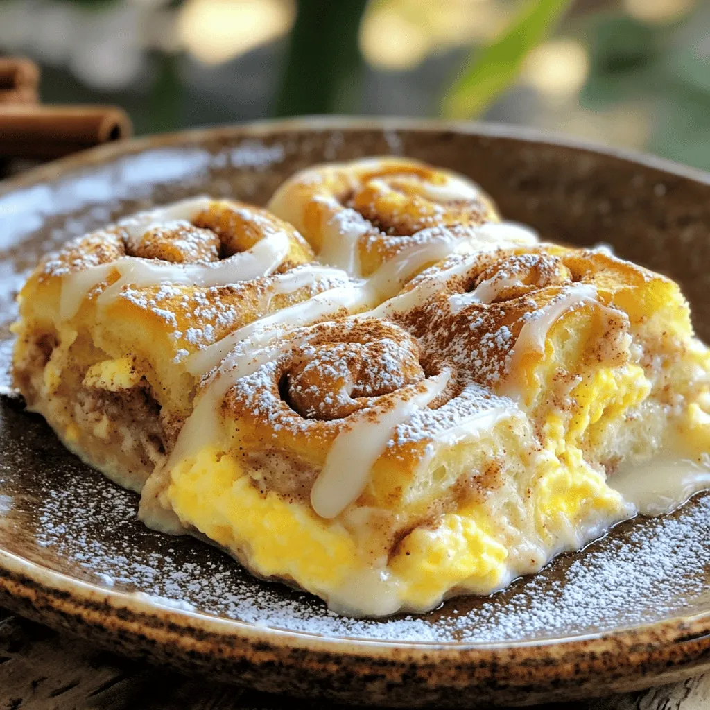 - 2 cans of refrigerated cinnamon rolls (14 oz each) - 4 large eggs - 1 cup whole milk - 1 teaspoon pure vanilla extract - 1 teaspoon ground cinnamon - ¼ teaspoon ground nutmeg - ½ cup pure maple syrup - ¼ cup packed brown sugar - Powdered sugar, for dusting The main ingredients create a great base for your casserole. The cinnamon rolls give a nice, soft texture. Eggs add richness and help bind everything. Whole milk makes it creamy, while vanilla and spices bring warmth and flavor. Maple syrup and brown sugar add sweetness. - Additional spices (like cloves or ginger) - Fresh fruits (such as berries or bananas) - Nuts (like pecans or walnuts) You can customize your casserole with optional ingredients. Adding fruits like berries gives freshness. Nuts add crunch and flavor. Extra spices can make it unique. Feel free to mix and match what you like best. - 9x13-inch baking dish - Mixing bowls - Whisk - Sharp knife or kitchen scissors You will need some basic tools. A baking dish is a must for the oven. Mixing bowls help you blend the egg mixture easily. A whisk makes it simple to combine the ingredients. A sharp knife or scissors cuts the cinnamon rolls quickly. For the full recipe, check out [Full Recipe]. - Preheat the oven to 375°F (190°C). - Grease the baking dish with cooking spray or butter. This step sets the stage for baking. Preheating helps the casserole cook evenly. Greasing prevents sticking, so your delicious creation comes out easily. - Cut each cinnamon roll into quarters. - Arrange quartered rolls evenly in the baking dish. Cutting the rolls into quarters makes them bite-sized. Arranging them evenly helps each piece bake just right. You want to see those fluffy rolls when it’s done! - Whisk together eggs, milk, and remaining ingredients. - Pour the mixture over the cinnamon rolls. In a bowl, crack the eggs and whisk them well. Add in milk, vanilla, cinnamon, nutmeg, syrup, and brown sugar. This mixture adds richness to the casserole. When you pour it over the rolls, they soak up all that goodness. - Gently press down the rolls to absorb the egg mixture. - Bake in the preheated oven for 25-30 minutes. Before baking, press the rolls lightly. This helps them soak up the egg mix. When baking, watch for that golden brown color. The smell will fill your kitchen, making it hard to wait! For the full recipe, check out the details above and enjoy this easy comfort food! To know when the casserole is done, look for a golden top. The center should feel set and not jiggly. A toothpick test works well; insert it in the middle. If it comes out clean, you're good to go. For uniform baking, spread the cinnamon rolls evenly. This ensures every piece cooks at the same rate. Avoid crowding the dish, as that can lead to uneven cooking. Serve warm slices on individual plates for a cozy feel. You can drizzle with extra maple syrup for sweetness. A light sprinkle of cinnamon on top adds charm and flavor. For brunch or dessert, think outside the box. Place a scoop of vanilla ice cream on the warm casserole for a sweet twist. Fresh fruit, like berries, can brighten the plate and add color. To elevate the taste, consider adding spices. A pinch of nutmeg or a dash of ginger can add warmth. You could also try extracts like almond for a twist. For sweeter or richer variations, mix in chocolate chips or caramel sauce. These fun additions will make your casserole a standout dish. Each bite can surprise with new flavors and textures. {{image_4}} You can mix things up with different flavors. Try a chocolate chip cinnamon roll casserole. Just add chocolate chips to the egg mixture. The chocolate melts and blends with the rolls. This makes each bite rich and sweet. Another great option is pumpkin spice cinnamon roll casserole. Add pumpkin puree and pumpkin spice to your egg mix. This gives the dish a warm, cozy fall flavor. It's perfect for autumn mornings or any cozy day. If you need gluten-free options, use gluten-free cinnamon rolls. They work just like regular rolls. You still get that soft, fluffy texture and sweet taste. For a dairy-free version, swap out the milk and eggs. Use almond milk or oat milk in place of regular milk. You can use a flaxseed egg or applesauce instead of eggs. These substitutions keep the dish creamy and delicious. You can make holiday-themed casseroles too. Add cranberries and pecans for a festive touch. This gives your casserole a burst of color and flavor. In the summer, try a fruit-infused version. Add fresh berries like strawberries or blueberries. The fruit adds a bright taste and makes it feel light and refreshing. Each season brings new ideas to make this dish your own! Check out the Full Recipe for all the details and tips on making this dish. To store your cinnamon roll casserole, let it cool first. Once cool, cut it into pieces. Place the pieces in an airtight container. Store it in the fridge for up to 3 days. For longer storage, you can freeze the casserole. Wrap each piece tightly in plastic wrap. Then, place them in a freezer-safe bag. This way, you can enjoy it later! To reheat your casserole, preheat your oven to 350°F (175°C). Place the pieces in a baking dish. Cover it with foil to keep moisture in. Heat for about 15-20 minutes. This helps keep the texture nice and soft. You can also use the microwave. Heat on medium power for 30-second intervals until warm. Make sure to check often to avoid dryness. In the fridge, your casserole will last around 3 days. If you freeze it, it can last for up to 2 months. Always check for signs of spoilage. If the casserole smells off or shows mold, it is best to toss it. Freshness is key for enjoying this delicious dish! It takes about 10 minutes to prepare the casserole. Then, you bake it for 25 to 30 minutes. So, the total time is around 40 to 45 minutes. This makes it a great option for a quick breakfast or brunch dish. Yes, you can prepare it in advance! To do this, follow the steps to cut the cinnamon rolls and mix the egg mixture. Store them separately in the fridge. When you are ready, just pour the egg mixture over the rolls and bake. This method lets you save time when you are busy. You can pair it with fresh fruit like berries or bananas. A side of crispy bacon or sausage works well too. For drinks, try serving coffee, juice, or even a warm cup of tea. These choices make the meal feel more complete. Store any leftovers in an airtight container. Keep it in the fridge for up to three days. If you want to save it longer, freeze it for up to two months. To heat, just pop it in the oven or microwave until warm. Enjoy it just like the first time! In this blog post, I covered how to make a delicious cinnamon roll casserole. I shared the main and optional ingredients, plus equipment you’ll need. You learned how to prepare, assemble, and bake the casserole with simple steps. I also included useful tips, flavorful variations, and storage information. This dish is perfect for breakfast or dessert. With so many ways to personalize it, you can impress anyone. Enjoy the cooking process and delight in the great taste you create!