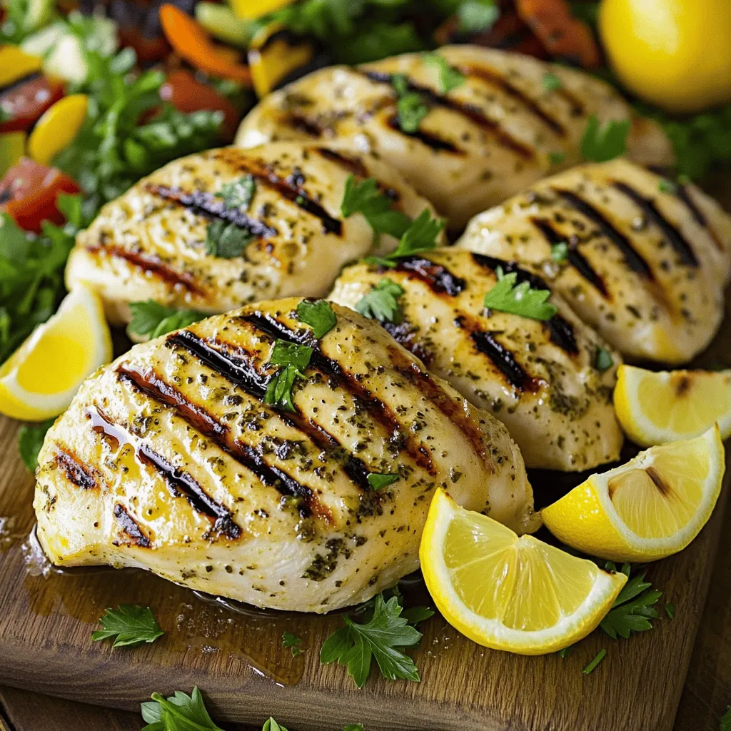 - 4 boneless, skinless chicken breasts - 1/4 cup extra virgin olive oil - 2 fresh lemons (juice and zest) - 3 cloves garlic, finely minced - 2 teaspoons dried oregano - 2 teaspoons fresh thyme leaves (or 1 teaspoon dried thyme) - 1 teaspoon smoked paprika - Salt and freshly ground black pepper, to taste - Fresh parsley, chopped, for garnish - Lemon wedges, for serving The main star here is chicken. It’s a great source of protein and keeps you full. Olive oil adds healthy fats and flavor. Fresh lemons bring a bright taste and vitamin C. Garlic not only adds zest but also boosts your immune health. Herbs like oregano and thyme give the dish depth and aroma. Smoked paprika adds a lovely smoky flavor, making every bite exciting. Fresh herbs taste vibrant and aromatic. They can brighten any dish. I suggest using fresh thyme if you can find it. Dried herbs are more convenient and still pack flavor. If you use dried, just remember to use less. A good rule is to use one-third of the amount. This way, you keep the taste right without overpowering the dish. This recipe is simple and rewarding. First, you make a tasty marinade. Next, you coat the chicken in that marinade. After letting it sit, you grill the chicken to perfection. This method gives you juicy, flavorful chicken every time. To make the marinade, gather the following items: - 1/4 cup extra virgin olive oil - 2 fresh lemons (juice and zest) - 3 cloves garlic, finely minced - 2 teaspoons dried oregano - 2 teaspoons fresh thyme leaves (or 1 teaspoon dried thyme) - 1 teaspoon smoked paprika - Salt and freshly ground black pepper, to taste In a large bowl, add the olive oil, lemon juice, and zest. Then, mix in the minced garlic, oregano, thyme, smoked paprika, salt, and pepper. Use a whisk to blend everything well. This mix will soak into the chicken and make it burst with flavor. Once your chicken has marinaded, it’s time to grill. Here’s how: 1. Preheat your grill to medium-high, aiming for 375°F to 400°F. This heat is best for a tasty char. 2. Take the chicken out of the marinade and let any extra drip off. 3. Place the chicken on the grill. Cook for 6-7 minutes on each side. You want it to reach 165°F inside. Check the thickest part to avoid any pink. 4. After grilling, move the chicken to a plate. Cover it loosely with foil and let it rest for 5-10 minutes. This helps the juices stay in the chicken, making it extra juicy. Now, slice and enjoy! For a beautiful touch, sprinkle fresh parsley on top. Serve with lemon wedges for a zesty kick. If you want more details, check out the Full Recipe for Lemon Herb Grilled Chicken. To get the best taste, marinate your chicken right. I recommend marinating it for at least 30 minutes. If you can, marinate for up to 4 hours. This time lets the flavors soak in deeply. Use a bowl with a lid or cover it with plastic wrap. Make sure the chicken is coated well in the marinade. Flip it halfway through to ensure all sides are flavorful. Grill temperature matters a lot for perfect chicken. Aim for medium-high heat, which is about 375°F to 400°F. This range helps the chicken cook through without drying it out. Grill each side for about 6-7 minutes. Timing may differ based on your grill, so keep an eye on it. Checking if your chicken is done is simple. Use a meat thermometer to check the thickest part. It should read 165°F. If you don’t have a thermometer, cut into the chicken. There should be no pink inside. Once done, let it rest for 5-10 minutes before slicing. This makes it juicy and keeps the flavors locked in. For the complete cooking method, check the Full Recipe link. {{image_4}} You can switch up the flavors in your Lemon Herb Grilled Chicken. Try using different herbs like rosemary or basil. These herbs can bring a unique taste. You can also add a spoonful of honey for a touch of sweetness. For a spicy kick, mix in some red pepper flakes. If you want a different acid, swap lemon for lime. Each change can make the dish new and exciting. You don’t have to grill to enjoy this dish. You can cook it in the oven. Preheat your oven to 400°F. Place the marinated chicken on a baking sheet. Bake for about 20-25 minutes, or until cooked through. You can also use a skillet on the stove. Heat some olive oil over medium heat in the pan. Cook each side for about 6-7 minutes. Both methods keep the chicken juicy and full of flavor. Pair Lemon Herb Grilled Chicken with fresh sides. A garden salad brightens up the meal. Roasted vegetables like zucchini and bell peppers add color. You can also serve it with rice or quinoa for a filling option. For a refreshing touch, add a yogurt sauce or tzatziki on the side. This will bring coolness against the chicken's warm spices. Explore different combinations to find your favorite! To keep leftover grilled chicken fresh, place it in an airtight container. This helps prevent drying. You can store it in the fridge for up to 3 days. Always let the chicken cool to room temperature before sealing it. This way, it stays juicy and tasty. When reheating, the goal is to keep the chicken moist. You can use a microwave, oven, or stovetop. In the microwave, cover the chicken with a damp paper towel. Heat in short bursts of 30 seconds. If using the oven, set it to 350°F. Bake for about 10-15 minutes, covered with foil. This method keeps it from drying out. The stovetop is great too; just add a splash of water and cover the pan. Freezing is a fantastic way to keep grilled chicken longer. Wrap each piece tightly in plastic wrap. Then place them in a freezer-safe bag or container. You can freeze it for up to 3 months. When ready to eat, thaw in the fridge overnight. For quick meals, you can take out pieces and use them in salads or wraps. Just remember to reheat thoroughly! You should marinate chicken for at least 30 minutes. This helps the chicken soak up all the flavors. For the best taste, marinate it for up to 4 hours. Longer marinating times can make the chicken even juicier and more tasty. Yes, you can use bone-in chicken for this recipe. Bone-in chicken adds more flavor and keeps the meat moist. Just remember to adjust the cooking time. Bone-in pieces usually take longer to cook than boneless ones. Lemon Herb Grilled Chicken is a healthy choice. Each serving has about 220 calories. You get around 30 grams of protein. It also has healthy fats from olive oil. The herbs add vitamins and minerals, making it a well-rounded meal. Yes, you can make this recipe in advance. You can marinate the chicken the night before. Just store it in the fridge until you're ready to grill. Grilled chicken also keeps well in the fridge for up to 3 days. Enjoy it in salads or sandwiches! For the complete guide, check the Full Recipe. Lemon Herb Grilled Chicken is a simple and tasty dish. We covered the key ingredients and their benefits. Fresh herbs can add zest, while dried herbs work too. I shared step-by-step instructions for marinating and grilling. Tips helped you master flavors and cooking times. You can customize this dish and choose your cooking method. Storing leftovers is easy and can extend your meals. I hope you feel ready to try this recipe. Enjoy grilling and adding your twist!