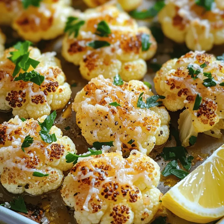 - 1 large head of cauliflower - 4 tablespoons extra virgin olive oil - 4 cloves garlic - 1 teaspoon sea salt - ½ teaspoon black pepper - 1 teaspoon smoked paprika - ¾ cup Parmesan cheese - 2 tablespoons fresh parsley - Lemon wedges for serving The quality of Parmesan matters a lot. Freshly grated cheese gives the best flavor. If you have pre-grated cheese, it will still work, but the taste won’t be as rich. You can swap the olive oil for other oils like avocado or canola. These oils also add a nice touch. Using fresh herbs is always better than dried ones. Fresh parsley brightens the dish, while dried herbs may not have the same punch. If you only have dried parsley, use half the amount. I recommend sticking to these key ingredients for the best Garlic Parmesan Roasted Cauliflower experience. For the complete recipe, check out the [Full Recipe]. 1. Preheating the oven: Start by preheating your oven to 425°F (220°C). A hot oven helps the cauliflower roast well. 2. Preparing the cauliflower florets: Take one large head of cauliflower. Cut it into bite-sized florets. Make sure the pieces are even for uniform cooking. 1. Tossing and seasoning the cauliflower: In a large bowl, add the cauliflower florets. Pour in 4 tablespoons of extra virgin olive oil. Then, add 4 minced garlic cloves, 1 teaspoon of sea salt, ½ teaspoon of black pepper, and 1 teaspoon of smoked paprika. Use your hands or a spatula to mix everything well. Each floret should be coated nicely. 2. Spreading on the baking sheet: Line a large baking sheet with parchment paper. Spread the seasoned cauliflower in a single layer. Leave space between each floret to help them roast evenly. 3. Roasting time and technique: Place the baking sheet in the preheated oven. Roast the cauliflower for about 25 minutes. Stir the florets halfway through to ensure even browning. They should turn golden brown and become tender. 1. Adding Parmesan cheese: After 25 minutes, take the baking sheet out of the oven. Sprinkle ¾ cup of freshly grated Parmesan cheese over the hot florets. 2. Garnishing with parsley: Put the baking sheet back in the oven for another 5 to 7 minutes. This helps the cheese melt and become bubbly. Once done, take it out and add 2 tablespoons of finely chopped fresh parsley on top. 3. Serving suggestions: Serve your Garlic Parmesan Roasted Cauliflower right away. Include lemon wedges on the side. A squeeze of lemon juice adds brightness to the dish. You can find the Full Recipe to get all the details. To get the best texture, preheat your oven to 425°F (220°C). A hot oven helps the cauliflower crisp up nicely. Spread the florets in a single layer on your baking sheet. If they are too close together, they will steam instead of roast. This spacing allows hot air to circulate, making them golden and tender. To boost the flavor, try adding different spices. You can mix in some chili flakes for heat or a pinch of oregano for a fresh taste. Fresh lemon juice is a game changer too. Squeezing lemon over the roasted cauliflower brightens every bite and adds a zesty finish. Garlic Parmesan roasted cauliflower pairs well with many main dishes. It makes a great side for chicken, steak, or fish. If you want more sides, try serving it with a salad or some crusty bread. This adds variety and makes your meal feel complete. For a special touch, place lemon wedges on the plate for squeezing. For the complete recipe, check the Full Recipe section. {{image_4}} You can easily adapt this Garlic Parmesan Roasted Cauliflower to fit your needs. For those needing gluten-free options, great news! This recipe is naturally gluten-free. You can enjoy it without worry. If you follow a vegan diet, you can still savor this dish. Instead of Parmesan cheese, use a plant-based cheese that melts well. Nutritional yeast also works for a cheesy flavor without dairy. Want to spice things up? Add chili flakes to the seasoning mix. This gives the cauliflower a nice kick. You can also mix in smoked paprika for a deeper flavor profile. For a fresh touch, try an herb-infused version. Use fresh herbs like thyme or rosemary. Chop them finely and toss them with the cauliflower for a fragrant twist. This dish works with many seasonal vegetables. Try adding Brussels sprouts or carrots to the mix. The roasting brings out their sweetness, pairing well with the cauliflower. For holidays, get creative! You can top your roasted cauliflower with pomegranate seeds for a festive look. Or, sprinkle some crushed nuts for added crunch during gatherings. To keep your Garlic Parmesan Roasted Cauliflower fresh, follow these simple steps: - How to store leftovers: Let the cauliflower cool before storing. Place it in an airtight container. This helps to lock in flavor and moisture. - Best container types for storage: Use glass or BPA-free plastic containers. They are great for keeping food fresh longer. When it comes to reheating, you have two main options. - Reheating in the oven vs. microwave: The oven is best for keeping the crunch. Preheat it to 350°F (175°C) and spread the cauliflower on a baking sheet. Heat for about 10 minutes. The microwave is faster but can make it soggy. If you choose this method, heat in short bursts to avoid overcooking. - Tips for maintaining texture: Cover the cauliflower loosely with a paper towel in the microwave. This helps to absorb excess moisture and keeps it crispy. You can freeze Garlic Parmesan Roasted Cauliflower, but it requires some care. - Can you freeze Garlic Parmesan Roasted Cauliflower?: Yes, you can freeze it. Just make sure it’s completely cooled first. - Best practices for freezing and thawing: Place it in freezer bags or airtight containers. Squeeze out as much air as possible. When ready to eat, thaw in the fridge overnight before reheating. This keeps the flavor and texture better. Cutting cauliflower is simple. Start with a large head of cauliflower. Remove the leaves and stem. Then, slice it into quarters. From there, cut each quarter into bite-sized florets. Aim for uniform pieces. This helps them cook evenly. If some pieces are too big, cut them down further. Smaller pieces roast faster and are easier to eat. Yes, you can prep this dish in advance. Cut the cauliflower and toss it with oil and spices. Store it in the fridge in a sealed container. You can do this a day before. When ready, just spread it on a baking sheet and roast. This saves time and makes cooking easier. This dish pairs well with many main courses. You can serve it alongside grilled chicken or fish. It also goes great with steak or roasted pork. For a vegetarian option, try it with quinoa or a hearty salad. The flavors complement a variety of meals. To add heat, sprinkle chili flakes on the cauliflower before roasting. You can also mix in a bit of hot sauce with the oil. Another option is to use spicy paprika instead of smoked paprika. Adjust the heat to your taste. This gives the dish a nice kick. Yes, this dish is healthy and packed with nutrients. Cauliflower is low in calories but high in fiber. It provides vitamins C and K. Using olive oil adds healthy fats. Parmesan cheese gives protein and calcium, too. Overall, it's a tasty, nutritious side. You can enjoy it guilt-free! We explored how to make Garlic Parmesan Roasted Cauliflower, covering all key steps. You learned about fresh ingredients, cooking techniques, and flavorful variations. Remember, the right Parmesan and olive oil make a big difference. Whether you want to enjoy this dish simply or add a spicy kick, the options are endless. Keep experimenting with sides and seasonings to match your taste. Enjoy this easy and healthy dish, perfect for any meal.