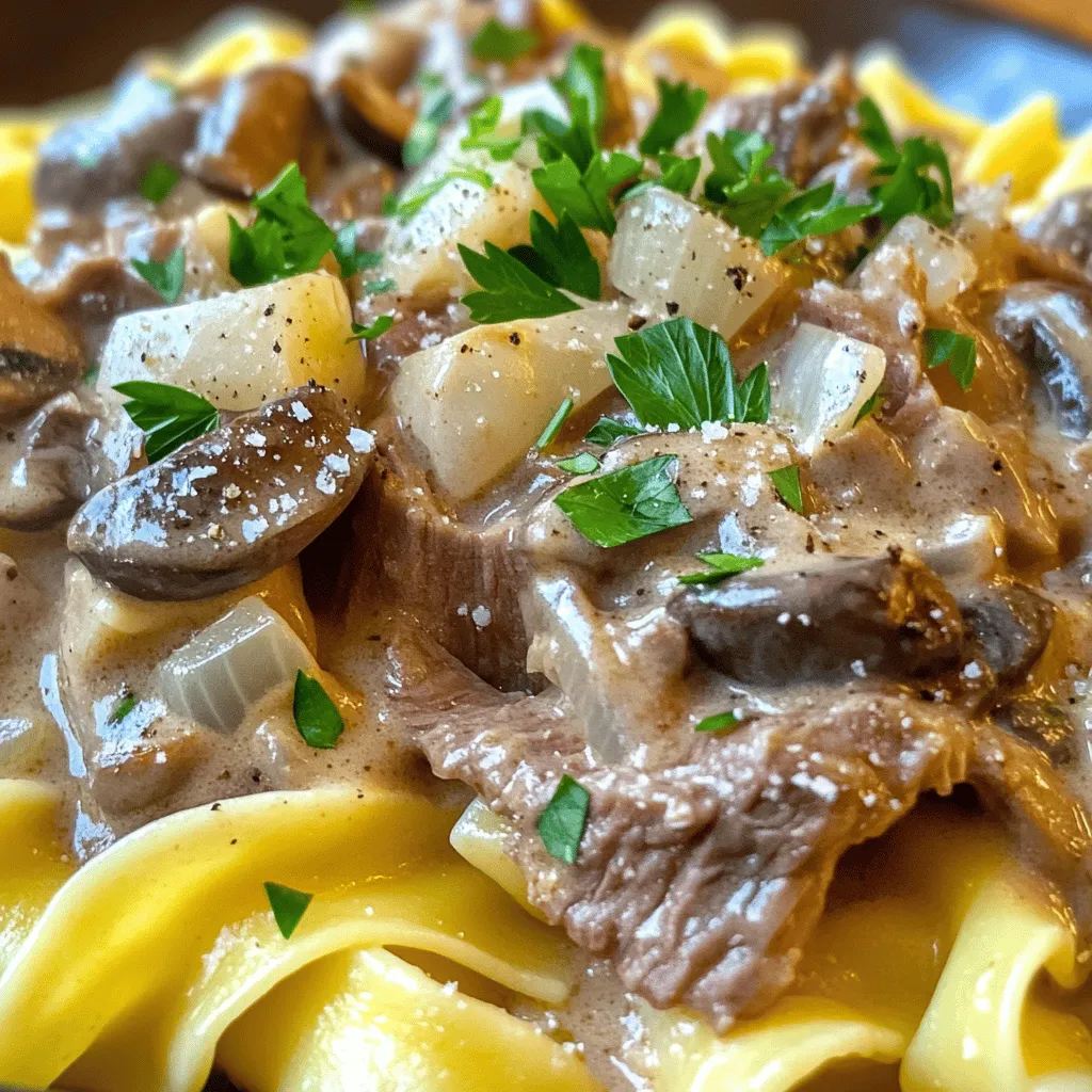 To make a classic beef stroganoff, gather these simple ingredients: - 1 lb (450g) beef sirloin, cut into thin strips - 1 medium onion, finely diced - 2 cloves garlic, minced - 8 oz (225g) fresh mushrooms, sliced (preferably cremini or button) - 2 tablespoons olive oil - 2 tablespoons unsalted butter - 2 tablespoons all-purpose flour - 2 cups beef broth (preferably low-sodium) - 1 cup sour cream (preferably full-fat for creaminess) - 1 tablespoon Dijon mustard - Salt and pepper to taste - Fresh parsley, chopped (for garnish) - Egg noodles or white rice (for serving) You can make beef stroganoff your own with a few easy swaps. If you're looking for alternatives to beef, try chicken or pork for a lighter dish. For a gluten-free version, use cornstarch instead of flour and opt for gluten-free noodles. If you want a dairy-free option, coconut cream works well in place of sour cream. Each swap gives you a unique twist while keeping the spirit of the dish alive. 1. <strong>Searing the Beef:</strong> Start by heating olive oil in a large skillet over medium-high heat. Once hot, add the beef sirloin strips. Sear them for about 3-4 minutes until they are browned on all sides. This step adds great flavor. Remove the beef and set it aside on a plate. 2. <strong>Sautéing the Aromatics:</strong> In the same skillet, reduce the heat to medium and add unsalted butter. Let it melt, then toss in the diced onion and minced garlic. Sauté for 2-3 minutes. You want the onions softened and fragrant. 3. <strong>Cooking the Mushrooms:</strong> Next, add the sliced mushrooms to the skillet. Cook them for about 5 minutes, stirring often. The mushrooms should become tender and most of their moisture will evaporate. 4. <strong>Thickening the Sauce:</strong> Now, sprinkle the flour over the mushroom mixture. Stir well and cook for an additional minute. This step helps to remove any raw flour taste and starts to thicken your sauce. 5. <strong>Adding Broth and Simmering:</strong> Gradually pour in the beef broth while stirring continuously. This avoids lumps forming. Increase the heat slightly and bring the mixture to a gentle simmer. Cook for about 5 minutes until the sauce reaches your desired thickness. 6. <strong>Incorporating Cream:</strong> Lower the heat and stir in the sour cream and Dijon mustard. Mix until the sauce is smooth and creamy. This adds richness to your stroganoff. 7. <strong>Combining Beef and Sauce:</strong> Return the seared beef to the skillet. Make sure it is well-coated in the sauce. Let the stroganoff simmer gently for another 2-3 minutes to heat through. Season with salt and pepper to taste. 8. <strong>Preparing the Noodles/Rice:</strong> As the stroganoff simmers, cook your egg noodles or rice according to the package instructions. Make sure they are tender and ready to serve. 9. <strong>Serve:</strong> Plate the beef stroganoff over a warm bed of noodles or rice. Allow the creamy sauce to cascade over the top for a beautiful presentation. Enjoy your flavorful home-cooked meal with this full recipe! To make classic beef stroganoff great, focus on a few key steps: – <strong>Browning the Beef</strong>: Start by heating olive oil in your skillet. Add thin strips of beef sirloin. Sear them for 3-4 minutes. This gives the beef a nice brown crust. It adds depth to the flavor. – <strong>Sautéing Onions</strong>: After removing the beef, lower the heat when you add butter to the pan. Then, add diced onions and minced garlic. Stir them to keep them from burning. Cook for 2-3 minutes until they soften and smell good. – <strong>Simmering for Flavor Depth</strong>: Add sliced mushrooms next. Let them cook for about 5 minutes. This step helps them lose moisture and enhances their flavor. Once you add broth, let it simmer. This thickens the sauce and brings the flavors together. When serving your beef stroganoff, pairing it with the right sides makes it shine: – <strong>Pairing with Sides</strong>: Egg noodles or fluffy rice work best. They soak up the rich sauce. You can also try serving it with crusty bread. – <strong>Garnishing Tips</strong>: A sprinkle of chopped parsley adds color and a fresh taste. You can also add a dollop of sour cream for extra creaminess. – <strong>Ideal Occasions for Serving</strong>: This dish is perfect for family dinners or cozy gatherings. It feels warm and comforting, making it a hit during chilly nights. For the complete recipe, check out the Full Recipe. {{image_4}} When I think about beef stroganoff, I see room for creativity. You can switch up the mushrooms or even the meat. For a twist, try using chicken or pork. Both are great at soaking up the sauce’s flavor. You can use button mushrooms, but I love the earthy taste of cremini mushrooms. They add depth to the dish. If you have dietary needs, you can still enjoy this meal. For a gluten-free version, use gluten-free flour. You can also swap the egg noodles for gluten-free noodles or even zucchini noodles. Want a vegetarian take? Replace the beef with hearty mushrooms or lentils. These options still give you that comforting texture. If you’re watching carbs, skip the noodles and serve it over steamed vegetables instead. These changes keep the dish tasty while fitting your diet. After enjoying your beef stroganoff, store any leftovers properly. Let the dish cool down. Transfer it to an airtight container. You can keep it in the fridge for up to three days. If you want to store it longer, freeze it. Place the stroganoff in a freezer-safe container. It can last up to three months in the freezer. Remember to label it with the date. This way, you know how long it has been stored. When you are ready to eat your leftovers, reheating is key. For the best results, use the stove. Pour the stroganoff into a skillet. Heat it over low to medium heat. Stir often to help it warm evenly. If the sauce thickens too much, add a splash of beef broth or water. This will help maintain the creamy texture. You can also microwave it. Place the stroganoff in a microwave-safe bowl. Heat in short intervals, stirring in between. This helps to keep the flavor strong and tasty. <strong>How to make beef stroganoff sauce thicker?</strong> To thicken the sauce, you can use flour. After cooking the mushrooms, sprinkle flour over them. Stir well and cook for one minute. This helps remove the raw flour taste. You can also let the sauce simmer longer. This allows it to reduce and thicken naturally. If you want a quick fix, mix cornstarch with water and add it to the sauce. Stir until it thickens. <strong>What is the best side dish for beef stroganoff?</strong> Egg noodles are a classic choice for beef stroganoff. They soak up the creamy sauce well. Rice is another great option. You can also serve it with crusty bread to mop up the sauce. A light salad can balance the rich flavors of the stroganoff. Consider a simple green salad with a lemon vinaigrette. <strong>Can I use another type of meat for stroganoff?</strong> Yes, you can use other meats for stroganoff. Chicken or pork work well in this dish. If you want a vegetarian option, try using mushrooms or tofu. Just remember to adjust cooking times based on the meat you choose. For a fun twist, consider using ground meat. Ground beef or turkey can create a different texture while still tasting great. For the full recipe, check out the Classic Beef Stroganoff section. You’ve learned about the key ingredients and their substitutions for a timeless beef stroganoff. I’ve shared step-by-step instructions, tips for cooking, and serving ideas. You can also explore variations and smart storage methods. Remember, the right approach and simple adjustments make this dish your own. Cooking is fun and allows you to be creative. Enjoy the process and share the meal with those you love. Your rich, creamy beef stroganoff will be a hit!” /></p>
</p>
<h2>Variations</h2>
</p>
<h3>Classic Variations</h3>
</p>
<p>When I think about beef stroganoff, I see room for creativity. You can switch up the mushrooms or even the meat. For a twist, try using chicken or pork. Both are great at soaking up the sauce’s flavor. You can use button mushrooms, but I love the earthy taste of cremini mushrooms. They add depth to the dish.</p>
</p>
<h3>Dietary Adjustments</h3>
</p>
<p>If you have dietary needs, you can still enjoy this meal. For a gluten-free version, use gluten-free flour. You can also swap the egg noodles for gluten-free noodles or even zucchini noodles. Want a vegetarian take? Replace the beef with hearty mushrooms or lentils. These options still give you that comforting texture. If you’re watching carbs, skip the noodles and serve it over steamed vegetables instead. These changes keep the dish tasty while fitting your diet.</p>
</p>
<h2>Storage Info</h2>
</p>
<h3>Proper Storage Methods</h3>
</p>
<p>After enjoying your beef stroganoff, store any leftovers properly. Let the dish cool down. Transfer it to an airtight container. You can keep it in the fridge for up to three days. If you want to store it longer, freeze it. Place the stroganoff in a freezer-safe container. It can last up to three months in the freezer. Remember to label it with the date. This way, you know how long it has been stored.</p>
</p>
<h3>Reheating Instructions</h3>
</p>
<p>When you are ready to eat your leftovers, reheating is key. For the best results, use the stove. Pour the stroganoff into a skillet. Heat it over low to medium heat. Stir often to help it warm evenly. If the sauce thickens too much, add a splash of beef broth or water. This will help maintain the creamy texture. You can also microwave it. Place the stroganoff in a microwave-safe bowl. Heat in short intervals, stirring in between. This helps to keep the flavor strong and tasty.</p>
</p>
<h2>FAQs</h2>
</p>
<h3>Common Questions</h3>
<p><strong>How to make beef stroganoff sauce thicker?</strong></p>
<p>To thicken the sauce, you can use flour. After cooking the mushrooms, sprinkle flour over them. Stir well and cook for one minute. This helps remove the raw flour taste. You can also let the sauce simmer longer. This allows it to reduce and thicken naturally. If you want a quick fix, mix cornstarch with water and add it to the sauce. Stir until it thickens.</p>
</p>
<h3>Cooking and Serving Queries</h3>
<p><strong>What is the best side dish for beef stroganoff?</strong></p>
<p>Egg noodles are a classic choice for beef stroganoff. They soak up the creamy sauce well. Rice is another great option. You can also serve it with crusty bread to mop up the sauce. A light salad can balance the rich flavors of the stroganoff. Consider a simple green salad with a lemon vinaigrette.</p>
</p>
<h3>Ingredient and Equipment Inquiries</h3>
<p><strong>Can I use another type of meat for stroganoff?</strong></p>
<p>Yes, you can use other meats for stroganoff. Chicken or pork work well in this dish. If you want a vegetarian option, try using mushrooms or tofu. Just remember to adjust cooking times based on the meat you choose. For a fun twist, consider using ground meat. Ground beef or turkey can create a different texture while still tasting great. For the full recipe, check out the Classic Beef Stroganoff section.</p>
</p>
<p>You’ve learned about the key ingredients and their substitutions for a timeless beef stroganoff. I’ve shared step-by-step instructions, tips for cooking, and serving ideas. You can also explore variations and smart storage methods. Remember, the right approach and simple adjustments make this dish your own. Cooking is fun and allows you to be creative. Enjoy the process and share the meal with those you love. Your rich, creamy beef stroganoff will be a hit!</p>
<div id=