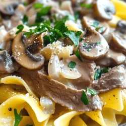 To make a classic beef stroganoff, gather these simple ingredients: - 1 lb (450g) beef sirloin, cut into thin strips - 1 medium onion, finely diced - 2 cloves garlic, minced - 8 oz (225g) fresh mushrooms, sliced (preferably cremini or button) - 2 tablespoons olive oil - 2 tablespoons unsalted butter - 2 tablespoons all-purpose flour - 2 cups beef broth (preferably low-sodium) - 1 cup sour cream (preferably full-fat for creaminess) - 1 tablespoon Dijon mustard - Salt and pepper to taste - Fresh parsley, chopped (for garnish) - Egg noodles or white rice (for serving) You can make beef stroganoff your own with a few easy swaps. If you're looking for alternatives to beef, try chicken or pork for a lighter dish. For a gluten-free version, use cornstarch instead of flour and opt for gluten-free noodles. If you want a dairy-free option, coconut cream works well in place of sour cream. Each swap gives you a unique twist while keeping the spirit of the dish alive. 1. Searing the Beef: Start by heating olive oil in a large skillet over medium-high heat. Once hot, add the beef sirloin strips. Sear them for about 3-4 minutes until they are browned on all sides. This step adds great flavor. Remove the beef and set it aside on a plate. 2. Sautéing the Aromatics: In the same skillet, reduce the heat to medium and add unsalted butter. Let it melt, then toss in the diced onion and minced garlic. Sauté for 2-3 minutes. You want the onions softened and fragrant. 3. Cooking the Mushrooms: Next, add the sliced mushrooms to the skillet. Cook them for about 5 minutes, stirring often. The mushrooms should become tender and most of their moisture will evaporate. 4. Thickening the Sauce: Now, sprinkle the flour over the mushroom mixture. Stir well and cook for an additional minute. This step helps to remove any raw flour taste and starts to thicken your sauce. 5. Adding Broth and Simmering: Gradually pour in the beef broth while stirring continuously. This avoids lumps forming. Increase the heat slightly and bring the mixture to a gentle simmer. Cook for about 5 minutes until the sauce reaches your desired thickness. 6. Incorporating Cream: Lower the heat and stir in the sour cream and Dijon mustard. Mix until the sauce is smooth and creamy. This adds richness to your stroganoff. 7. Combining Beef and Sauce: Return the seared beef to the skillet. Make sure it is well-coated in the sauce. Let the stroganoff simmer gently for another 2-3 minutes to heat through. Season with salt and pepper to taste. 8. Preparing the Noodles/Rice: As the stroganoff simmers, cook your egg noodles or rice according to the package instructions. Make sure they are tender and ready to serve. 9. Serve: Plate the beef stroganoff over a warm bed of noodles or rice. Allow the creamy sauce to cascade over the top for a beautiful presentation. Enjoy your flavorful home-cooked meal with this full recipe! To make classic beef stroganoff great, focus on a few key steps: - Browning the Beef: Start by heating olive oil in your skillet. Add thin strips of beef sirloin. Sear them for 3-4 minutes. This gives the beef a nice brown crust. It adds depth to the flavor. - Sautéing Onions: After removing the beef, lower the heat when you add butter to the pan. Then, add diced onions and minced garlic. Stir them to keep them from burning. Cook for 2-3 minutes until they soften and smell good. - Simmering for Flavor Depth: Add sliced mushrooms next. Let them cook for about 5 minutes. This step helps them lose moisture and enhances their flavor. Once you add broth, let it simmer. This thickens the sauce and brings the flavors together. When serving your beef stroganoff, pairing it with the right sides makes it shine: - Pairing with Sides: Egg noodles or fluffy rice work best. They soak up the rich sauce. You can also try serving it with crusty bread. - Garnishing Tips: A sprinkle of chopped parsley adds color and a fresh taste. You can also add a dollop of sour cream for extra creaminess. - Ideal Occasions for Serving: This dish is perfect for family dinners or cozy gatherings. It feels warm and comforting, making it a hit during chilly nights. For the complete recipe, check out the Full Recipe. {{image_4}} When I think about beef stroganoff, I see room for creativity. You can switch up the mushrooms or even the meat. For a twist, try using chicken or pork. Both are great at soaking up the sauce's flavor. You can use button mushrooms, but I love the earthy taste of cremini mushrooms. They add depth to the dish. If you have dietary needs, you can still enjoy this meal. For a gluten-free version, use gluten-free flour. You can also swap the egg noodles for gluten-free noodles or even zucchini noodles. Want a vegetarian take? Replace the beef with hearty mushrooms or lentils. These options still give you that comforting texture. If you're watching carbs, skip the noodles and serve it over steamed vegetables instead. These changes keep the dish tasty while fitting your diet. After enjoying your beef stroganoff, store any leftovers properly. Let the dish cool down. Transfer it to an airtight container. You can keep it in the fridge for up to three days. If you want to store it longer, freeze it. Place the stroganoff in a freezer-safe container. It can last up to three months in the freezer. Remember to label it with the date. This way, you know how long it has been stored. When you are ready to eat your leftovers, reheating is key. For the best results, use the stove. Pour the stroganoff into a skillet. Heat it over low to medium heat. Stir often to help it warm evenly. If the sauce thickens too much, add a splash of beef broth or water. This will help maintain the creamy texture. You can also microwave it. Place the stroganoff in a microwave-safe bowl. Heat in short intervals, stirring in between. This helps to keep the flavor strong and tasty. How to make beef stroganoff sauce thicker? To thicken the sauce, you can use flour. After cooking the mushrooms, sprinkle flour over them. Stir well and cook for one minute. This helps remove the raw flour taste. You can also let the sauce simmer longer. This allows it to reduce and thicken naturally. If you want a quick fix, mix cornstarch with water and add it to the sauce. Stir until it thickens. What is the best side dish for beef stroganoff? Egg noodles are a classic choice for beef stroganoff. They soak up the creamy sauce well. Rice is another great option. You can also serve it with crusty bread to mop up the sauce. A light salad can balance the rich flavors of the stroganoff. Consider a simple green salad with a lemon vinaigrette. Can I use another type of meat for stroganoff? Yes, you can use other meats for stroganoff. Chicken or pork work well in this dish. If you want a vegetarian option, try using mushrooms or tofu. Just remember to adjust cooking times based on the meat you choose. For a fun twist, consider using ground meat. Ground beef or turkey can create a different texture while still tasting great. For the full recipe, check out the Classic Beef Stroganoff section. You’ve learned about the key ingredients and their substitutions for a timeless beef stroganoff. I’ve shared step-by-step instructions, tips for cooking, and serving ideas. You can also explore variations and smart storage methods. Remember, the right approach and simple adjustments make this dish your own. Cooking is fun and allows you to be creative. Enjoy the process and share the meal with those you love. Your rich, creamy beef stroganoff will be a hit!