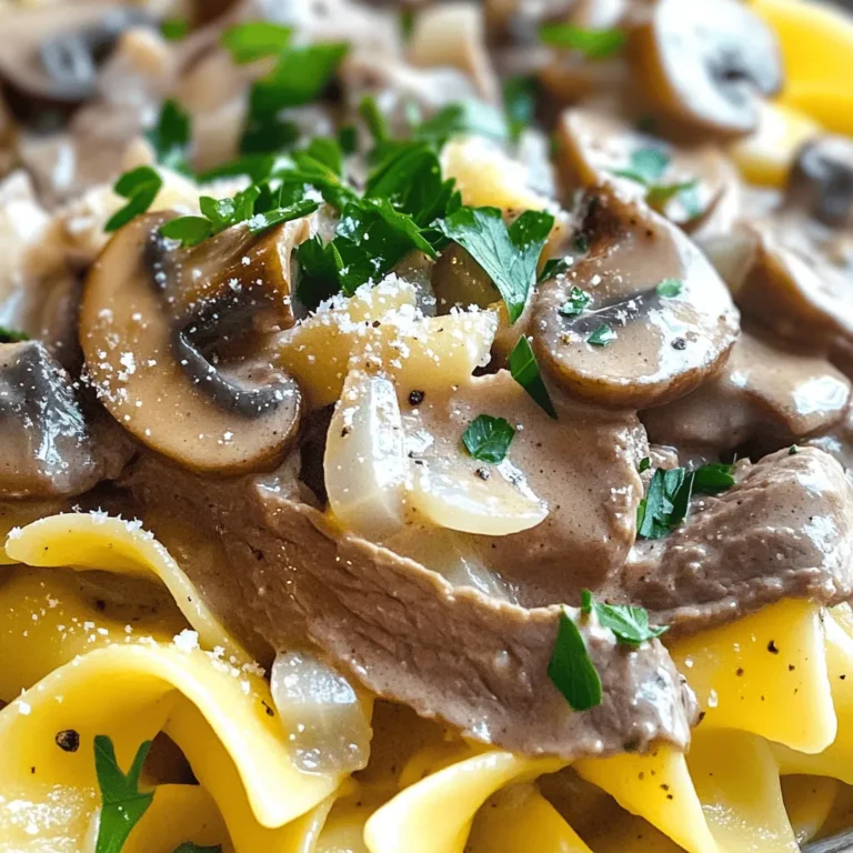 To make a classic beef stroganoff, gather these simple ingredients: - 1 lb (450g) beef sirloin, cut into thin strips - 1 medium onion, finely diced - 2 cloves garlic, minced - 8 oz (225g) fresh mushrooms, sliced (preferably cremini or button) - 2 tablespoons olive oil - 2 tablespoons unsalted butter - 2 tablespoons all-purpose flour - 2 cups beef broth (preferably low-sodium) - 1 cup sour cream (preferably full-fat for creaminess) - 1 tablespoon Dijon mustard - Salt and pepper to taste - Fresh parsley, chopped (for garnish) - Egg noodles or white rice (for serving) You can make beef stroganoff your own with a few easy swaps. If you're looking for alternatives to beef, try chicken or pork for a lighter dish. For a gluten-free version, use cornstarch instead of flour and opt for gluten-free noodles. If you want a dairy-free option, coconut cream works well in place of sour cream. Each swap gives you a unique twist while keeping the spirit of the dish alive. 1. Searing the Beef: Start by heating olive oil in a large skillet over medium-high heat. Once hot, add the beef sirloin strips. Sear them for about 3-4 minutes until they are browned on all sides. This step adds great flavor. Remove the beef and set it aside on a plate. 2. Sautéing the Aromatics: In the same skillet, reduce the heat to medium and add unsalted butter. Let it melt, then toss in the diced onion and minced garlic. Sauté for 2-3 minutes. You want the onions softened and fragrant. 3. Cooking the Mushrooms: Next, add the sliced mushrooms to the skillet. Cook them for about 5 minutes, stirring often. The mushrooms should become tender and most of their moisture will evaporate. 4. Thickening the Sauce: Now, sprinkle the flour over the mushroom mixture. Stir well and cook for an additional minute. This step helps to remove any raw flour taste and starts to thicken your sauce. 5. Adding Broth and Simmering: Gradually pour in the beef broth while stirring continuously. This avoids lumps forming. Increase the heat slightly and bring the mixture to a gentle simmer. Cook for about 5 minutes until the sauce reaches your desired thickness. 6. Incorporating Cream: Lower the heat and stir in the sour cream and Dijon mustard. Mix until the sauce is smooth and creamy. This adds richness to your stroganoff. 7. Combining Beef and Sauce: Return the seared beef to the skillet. Make sure it is well-coated in the sauce. Let the stroganoff simmer gently for another 2-3 minutes to heat through. Season with salt and pepper to taste. 8. Preparing the Noodles/Rice: As the stroganoff simmers, cook your egg noodles or rice according to the package instructions. Make sure they are tender and ready to serve. 9. Serve: Plate the beef stroganoff over a warm bed of noodles or rice. Allow the creamy sauce to cascade over the top for a beautiful presentation. Enjoy your flavorful home-cooked meal with this full recipe! To make classic beef stroganoff great, focus on a few key steps: - Browning the Beef: Start by heating olive oil in your skillet. Add thin strips of beef sirloin. Sear them for 3-4 minutes. This gives the beef a nice brown crust. It adds depth to the flavor. - Sautéing Onions: After removing the beef, lower the heat when you add butter to the pan. Then, add diced onions and minced garlic. Stir them to keep them from burning. Cook for 2-3 minutes until they soften and smell good. - Simmering for Flavor Depth: Add sliced mushrooms next. Let them cook for about 5 minutes. This step helps them lose moisture and enhances their flavor. Once you add broth, let it simmer. This thickens the sauce and brings the flavors together. When serving your beef stroganoff, pairing it with the right sides makes it shine: - Pairing with Sides: Egg noodles or fluffy rice work best. They soak up the rich sauce. You can also try serving it with crusty bread. - Garnishing Tips: A sprinkle of chopped parsley adds color and a fresh taste. You can also add a dollop of sour cream for extra creaminess. - Ideal Occasions for Serving: This dish is perfect for family dinners or cozy gatherings. It feels warm and comforting, making it a hit during chilly nights. For the complete recipe, check out the Full Recipe. {{image_4}} When I think about beef stroganoff, I see room for creativity. You can switch up the mushrooms or even the meat. For a twist, try using chicken or pork. Both are great at soaking up the sauce's flavor. You can use button mushrooms, but I love the earthy taste of cremini mushrooms. They add depth to the dish. If you have dietary needs, you can still enjoy this meal. For a gluten-free version, use gluten-free flour. You can also swap the egg noodles for gluten-free noodles or even zucchini noodles. Want a vegetarian take? Replace the beef with hearty mushrooms or lentils. These options still give you that comforting texture. If you're watching carbs, skip the noodles and serve it over steamed vegetables instead. These changes keep the dish tasty while fitting your diet. After enjoying your beef stroganoff, store any leftovers properly. Let the dish cool down. Transfer it to an airtight container. You can keep it in the fridge for up to three days. If you want to store it longer, freeze it. Place the stroganoff in a freezer-safe container. It can last up to three months in the freezer. Remember to label it with the date. This way, you know how long it has been stored. When you are ready to eat your leftovers, reheating is key. For the best results, use the stove. Pour the stroganoff into a skillet. Heat it over low to medium heat. Stir often to help it warm evenly. If the sauce thickens too much, add a splash of beef broth or water. This will help maintain the creamy texture. You can also microwave it. Place the stroganoff in a microwave-safe bowl. Heat in short intervals, stirring in between. This helps to keep the flavor strong and tasty. How to make beef stroganoff sauce thicker? To thicken the sauce, you can use flour. After cooking the mushrooms, sprinkle flour over them. Stir well and cook for one minute. This helps remove the raw flour taste. You can also let the sauce simmer longer. This allows it to reduce and thicken naturally. If you want a quick fix, mix cornstarch with water and add it to the sauce. Stir until it thickens. What is the best side dish for beef stroganoff? Egg noodles are a classic choice for beef stroganoff. They soak up the creamy sauce well. Rice is another great option. You can also serve it with crusty bread to mop up the sauce. A light salad can balance the rich flavors of the stroganoff. Consider a simple green salad with a lemon vinaigrette. Can I use another type of meat for stroganoff? Yes, you can use other meats for stroganoff. Chicken or pork work well in this dish. If you want a vegetarian option, try using mushrooms or tofu. Just remember to adjust cooking times based on the meat you choose. For a fun twist, consider using ground meat. Ground beef or turkey can create a different texture while still tasting great. For the full recipe, check out the Classic Beef Stroganoff section. You’ve learned about the key ingredients and their substitutions for a timeless beef stroganoff. I’ve shared step-by-step instructions, tips for cooking, and serving ideas. You can also explore variations and smart storage methods. Remember, the right approach and simple adjustments make this dish your own. Cooking is fun and allows you to be creative. Enjoy the process and share the meal with those you love. Your rich, creamy beef stroganoff will be a hit!