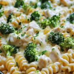 - 3 cups cooked rotini pasta - 2 cups cooked chicken breast, diced - 2 cups broccoli florets (fresh or frozen) - 1 cup Alfredo sauce (store-bought or homemade) - 1 cup shredded mozzarella cheese - 1 cup grated Parmesan cheese - 1 teaspoon garlic powder - 1 teaspoon Italian seasoning - Salt and pepper to taste - 2 tablespoons olive oil - Fresh parsley, chopped (for garnish) I love how these ingredients come together to make a dish that feels special yet simple. Each bite offers creamy goodness, and the chicken adds protein to keep you satisfied. The broccoli gives a nice crunch and color too. To make this dish stand out, I often use fresh ingredients whenever I can. Fresh chicken and broccoli make a big difference in flavor. You can even make your Alfredo sauce from scratch if you have the time. It’s fun to experiment with flavors and textures. The seasoning is key. Garlic powder and Italian seasoning bring warmth and depth. I always taste and adjust salt and pepper to fit my preference. Remember, you can customize this dish. Swap out the rotini pasta for any pasta shape you love. You can also mix in other veggies or try different cheeses. This makes it fun to create your version of Creamy Chicken Alfredo Bake. Check out the Full Recipe for all the steps. Enjoy cooking and making it your own! - Preheat the oven to 375°F (190°C). - In a large mixing bowl, combine the cooked rotini pasta, diced chicken, and broccoli florets. This mix forms the heart of your bake. - In another bowl, whisk together the Alfredo sauce, garlic powder, Italian seasoning, and salt and pepper. This sauce brings rich flavor to the dish. - Pour the sauce over the pasta, chicken, and broccoli. Toss gently until everything is coated. - Grease a 9x13 inch baking dish. Transfer the pasta mixture to the dish, spreading it evenly. - Sprinkle the shredded mozzarella and grated Parmesan cheese over the top. This adds a tasty cheesy layer. - Drizzle olive oil over the cheese to boost flavor and help it brown. - Cover the dish with aluminum foil. Bake for 25 minutes. - After 25 minutes, remove the foil. Continue baking for 10-15 more minutes. The cheese should bubble and turn golden brown. - Once baked, take it out and let it cool for a few minutes. Garnish with freshly chopped parsley for a splash of color. To ensure even cooking of the pasta, always boil it until it is al dente. This helps keep the pasta firm during baking. If you cook it too soft, it will become mushy later. Stir the pasta often while it cooks to keep it from sticking. To prevent the dish from drying out, cover it with aluminum foil while baking. This traps steam and keeps the creamy sauce rich and moist. Remove the foil for the last part of baking to let the cheese brown nicely. For extra flavor, try adding spices like paprika or crushed red pepper. Fresh herbs such as basil or thyme can also brighten the dish. You can even mix in some sautéed mushrooms or spinach for depth. If you want to vary cheese types, consider mixing in gouda or cheddar. These cheeses melt well and add unique flavors. You can also use a blend of cheeses for a richer taste. Serve the creamy bake straight from the dish for a cozy feel. Top with extra grated Parmesan for a nice touch. Fresh parsley adds a pop of color and freshness. Pair the bake with garlic bread or a simple green salad. These sides balance the richness and add a nice crunch. Enjoy your meal with family or friends for a comforting dinner! {{image_4}} You can switch out pasta types in this dish. Use penne, fusilli, or even whole wheat pasta. Each type brings its own twist. Feel free to try gluten-free pasta if needed. It cooks well and tastes great too. You can also change the protein. Instead of chicken, add shrimp or even tofu. Shrimp cooks fast and adds a sweet flavor. Tofu is perfect for a vegan option. It soaks up the sauce's taste and adds protein. If you want a gluten-free version, use gluten-free pasta and check your sauce. Many brands offer gluten-free Alfredo sauce. This makes the dish safe for those with gluten issues. For a low-fat option, use low-fat cheese and a lighter Alfredo sauce. You can also skip the cheese on top. This keeps the taste while reducing calories. Seasonal veggies can brighten your dish. In spring, add asparagus or peas. In fall, use squash or spinach. These veggies add color and taste. For holiday themes, consider adding cranberries or pecans for a festive twist. This makes the dish special for celebrations. You can even change the cheese to something more seasonal, like goat cheese. Explore these variations to make Creamy Chicken Alfredo Bake your own. You can find the full recipe above to get started! To store your Creamy Chicken Alfredo Bake, let it cool first. Place leftovers in an airtight container. This keeps the dish fresh and tasty. You can store it in the fridge for about 3 to 4 days. Make sure to label the container with the date. This helps you remember when you made it. If you want to freeze the dish, follow these steps. First, let the bake cool completely. Then, wrap it tightly in plastic wrap or aluminum foil. Place it in a freezer-safe container. You can freeze it for up to 3 months. To reheat, thaw it in the fridge overnight. Then, bake at 350°F (175°C) until hot, about 25-30 minutes. In the fridge, the Creamy Chicken Alfredo Bake lasts about 3 to 4 days. In the freezer, it can last up to 3 months. To check for spoilage, look for signs like bad smells or visible mold. If it looks or smells off, it's best to throw it away. Keeping track of storage time helps you enjoy this dish at its best! You can serve many tasty side dishes with Creamy Chicken Alfredo Bake. Here are a few ideas: - Garlic bread: It's soft and buttery, perfect for dipping. - Caesar salad: The crisp greens and creamy dressing balance the rich bake. - Steamed vegetables: Broccoli or green beans add color and nutrition. - Roasted potatoes: They offer a crunchy texture and pair well with the creamy dish. These sides make your meal more enjoyable and add variety to your plate. Yes, you can make Creamy Chicken Alfredo Bake ahead. Here’s how: - Prep the bake: Follow the recipe steps until you cover the dish with foil. - Refrigerate: You can store it in the fridge for up to 24 hours. - Baking: When ready, bake it straight from the fridge but add 10-15 minutes to the time. - Reheating: If you have leftovers, reheat in the oven at 350°F (175°C) until warm. This method saves time and makes dinner easy. Absolutely! Creamy Chicken Alfredo Bake is a hit with kids. To make it even more appealing: - Cut chicken into fun shapes: Use cookie cutters for stars or hearts. - Add favorite veggies: If your kids like carrots or peas, mix them in. - Serve with a side: Kids love to dip! Pair with ranch or marinara sauce. These tweaks can make the dish more fun for picky eaters. If you want some heat in your Creamy Chicken Alfredo Bake, try these tips: - Add red pepper flakes: Just a pinch can add a nice kick. - Mix in hot sauce: Include a tablespoon of your favorite hot sauce in the Alfredo. - Use spicy sausage: Swap the chicken for spicy Italian sausage for extra flavor. These options will make your dish exciting for those who love spice! You now have a complete guide to making a Creamy Chicken Alfredo Bake. From understanding the key ingredients to mastering step-by-step instructions, you've seen how simple it can be. I shared tips to enhance flavor, variations for dietary needs, and storage methods to keep leftovers fresh. This dish is not just easy; it’s also versatile and can please many tastes. Enjoy the cooking process and make it your own!