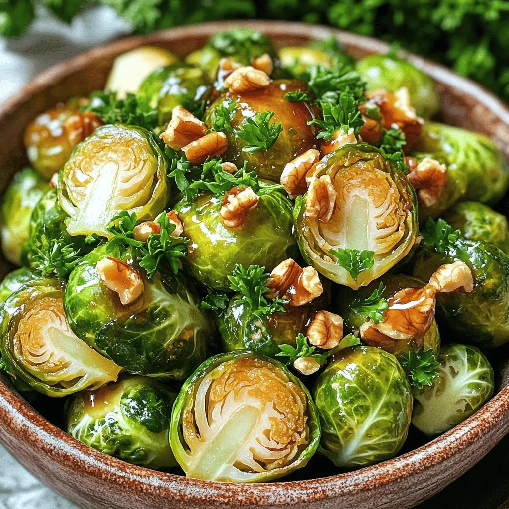 - 1 pound Brussels sprouts, trimmed and halved - 3 tablespoons extra virgin olive oil - 1/4 cup pure maple syrup - 2 tablespoons balsamic vinegar - 3 cloves garlic, minced - 1/2 teaspoon sea salt - 1/2 teaspoon freshly ground black pepper - 1/4 teaspoon red pepper flakes (optional, for added heat) - 1/4 cup walnuts, chopped (optional, for added crunch) - Fresh parsley, finely chopped (for garnish) Brussels sprouts are low in calories. One cup has about 38 calories. They are rich in vitamins K and C. They also provide fiber, which is great for digestion. The antioxidants in Brussels sprouts help fight free radicals. This makes them a healthy choice for any meal. You can swap the olive oil with avocado oil for a different flavor. Honey or agave syrup can replace maple syrup if needed. You can also use other veggies like broccoli or cauliflower for variety. These can bring new tastes and textures to your dish. - Preheat your oven to 400°F (200°C). This step warms the oven for roasting. - Trim and halve 1 pound of Brussels sprouts. Place them in a large bowl. - Add 3 tablespoons of extra virgin olive oil to the bowl. - Pour in 1/4 cup of pure maple syrup. - Add 2 tablespoons of balsamic vinegar and 3 minced garlic cloves. - Season with 1/2 teaspoon of sea salt, 1/2 teaspoon of black pepper, and optional red pepper flakes. - Toss everything together with your hands or a spatula until coated. - Line your baking sheet with parchment paper. This helps prevent sticking. - Spread the Brussels sprouts in a single layer on the sheet. Give them space to roast evenly. - Roast them in the oven for 25-30 minutes. Stir them halfway through. This ensures even cooking and caramelization. - If you want extra crunch, chop 1/4 cup of walnuts and add them in the last 5 minutes of roasting. This toasts the nuts nicely. - When the sprouts are done, take them out and let them cool for a few minutes. - Garnish with freshly chopped parsley for a bright finish. Drizzle any leftover maple glaze from the baking sheet over the sprouts for added flavor. This simple, flavorful side dish will enhance any meal! For more details on the recipe, check the Full Recipe. To get the best caramelization, start with dry Brussels sprouts. Moisture can stop them from browning. You want a nice golden color. Spread them out on your baking sheet. Give them space. Overcrowding leads to steaming instead of roasting. Always use fresh ingredients. Fresh Brussels sprouts have better flavor. Look for bright green, firm sprouts. Dull or yellow leaves are signs of age. Fresh garlic adds a punch. Choose pure maple syrup for the best taste. It makes a big difference in flavor. Use a sturdy baking sheet. A heavy one helps with even cooking. A non-stick or parchment-lined sheet prevents sticking. For mixing, a large bowl is best. Use a spatula or your hands to toss ingredients. Spice it up! Try adding a pinch of cinnamon or nutmeg. These warm spices pair well with maple. For heat, red pepper flakes work great. To balance sweetness, use balsamic vinegar. It adds depth and acidity. A squeeze of lemon juice can brighten the dish. Remember to taste as you go! Adjust the flavors based on your preference. {{image_4}} I love to change my maple glazed Brussels sprouts with the seasons. In fall, I add tart cranberries. Their sweet-tart flavor pairs well with the maple. I also like to toss in diced apples for a fresh crunch. For winter holidays, try adding roasted pecans. They give a rich taste and add a festive touch. You can adjust this dish to fit any special occasion. Just swap in your favorite seasonal fruits or nuts. If you want a vegan version, this recipe is already perfect. Maple syrup is a great natural sweetener. For gluten-free eaters, ensure your balsamic vinegar is gluten-free. You can also add extra veggies for more nutrients. Try adding carrots or parsnips for a sweet twist. If you want a lighter dish, reduce the olive oil. This will still keep your sprouts crisp and tasty. Maple glazed Brussels sprouts make a great side dish. They pair well with roasted chicken or pork. You can also serve them with quinoa for a healthy meal. To make it look fancy, use a nice serving bowl. Drizzle some extra maple syrup on top and sprinkle fresh parsley. This adds color and makes the dish pop. You can even add some pomegranate seeds for extra flair. Enjoy these delicious sprouts with your favorite main dishes! To keep your maple glazed Brussels sprouts fresh, use an airtight container. Glass or plastic containers work well. Store your leftovers in the fridge at a temperature below 40°F (4°C). This keeps them safe and tasty for up to three days. When reheating, avoid the microwave if you can. It can make the sprouts mushy. Instead, use the oven or a stovetop pan. Preheat the oven to 350°F (175°C) and heat for about 10 minutes. If you use a pan, add a splash of water and cover it to keep moisture. You can also add leftover sprouts to a salad or grain bowl for extra flavor. Yes, you can freeze maple glazed Brussels sprouts! To freeze, spread them on a baking sheet in a single layer. Freeze them for about an hour, then transfer them to a freezer bag. Remove as much air as you can. Thaw them in the fridge overnight before reheating. This way, they stay tasty and maintain their texture. Brussels sprouts are small but mighty. They are low in calories but high in vitamins. They provide vitamin C, which helps keep your immune system strong. They also have vitamin K, which is good for your bones. These little veggies are packed with fiber, aiding digestion. Plus, they contain antioxidants that fight harmful free radicals in your body. Yes, you can! Prep your Brussels sprouts a day in advance. Cut and wash them, then store in the fridge. You can mix the maple glaze and store it separately. When you’re ready, just bake them for a quick and tasty side dish. To add some heat, include red pepper flakes. You can sprinkle them in the glaze mix. If you like it really spicy, add some diced jalapeños. These will give your Brussels sprouts a nice kick. These Brussels sprouts shine next to many dishes. Here are a few ideas: - Roasted sweet potatoes - Grilled chicken or steak - Quinoa salad - Garlic mashed potatoes - Creamy polenta If you need a vegan option, try agave nectar. It has a similar sweetness. You can also use brown rice syrup, but it’s thicker. Keep in mind that these substitutes may change the flavor slightly. For the full recipe of maple glazed Brussels sprouts, check out the detailed instructions [here](#). This article covered everything you need for delicious maple glazed Brussels sprouts. We explored ingredients, cooking steps, and tips for great flavor. You learned about nutrition and alternatives to fit your needs. Think of seasonal variations to keep meals exciting. Always store and reheat leftovers properly to enjoy them later. Enjoy this simple yet tasty dish at your next meal. Your cooking skills will impress everyone!