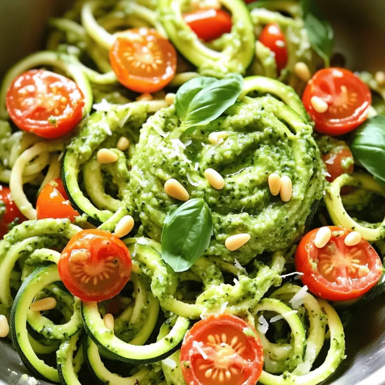 - 4 medium zucchinis, spiralized - 1 ripe avocado - 1 cup fresh basil leaves - 2 cloves garlic, minced - 1/4 cup pine nuts (or substitute with walnuts) - 2 tablespoons nutritional yeast (optional for a cheesy flavor) - 2 tablespoons freshly squeezed lemon juice - 3 tablespoons extra virgin olive oil - Salt and black pepper, to taste - Cherry tomatoes, halved (for garnish) - Grated Parmesan cheese (optional, for garnish) Zucchini noodles with pesto make a bright, fresh meal. The main ingredients create a healthy base. Spiralizing the zucchinis makes them fun and easy to eat. Use a good spiralizer to get long strands. The avocado adds creaminess. It also gives healthy fats. Fresh basil gives a burst of flavor. This duo makes a great pesto. You will love the taste. For the additional ingredients, garlic adds a kick. Pine nuts bring a nutty touch, but walnuts work too. Nutritional yeast gives a cheesy flavor if you want it. This makes the dish more savory. For seasonings, fresh lemon juice brightens up the dish. Olive oil adds richness and helps blend everything. Salt and pepper enhance all the flavors. Use cherry tomatoes for a pop of color and taste. Grated Parmesan cheese is a great finish if you like. For the full recipe, check out Zesty Zucchini Noodles with Avocado Pesto. Enjoy cooking! To start, grab your spiralizer. This handy tool will turn the zucchinis into zoodles. Simply place the zucchini in the spiralizer and twist it. You will see long, noodle-like strands form. Once you have your zoodles, it’s time to remove excess moisture. Place the zoodles in a colander and sprinkle them lightly with salt. Let them sit for about 10 minutes. This will help draw out water, making your dish less soggy. After 10 minutes, pat the zoodles dry with a paper towel to remove any leftover moisture. Now, let’s make the avocado pesto. In a food processor, add one ripe avocado, fresh basil leaves, minced garlic, and pine nuts. If you like a cheesy flavor, toss in nutritional yeast too. Season with salt and black pepper to taste. Blend everything until it becomes smooth and creamy. As the machine runs, slowly drizzle in the olive oil. Keep blending until the pesto reaches your desired creamy texture. In a large mixing bowl, toss the prepared zoodles with the avocado pesto. Make sure every strand is well-coated. If the pesto is too thick, feel free to add a little water or more olive oil to adjust the texture. Next, gently fold in the halved cherry tomatoes. This adds a burst of flavor to each bite. Once everything is mixed well, you are ready to serve your fresh and tasty zoodles. For the complete recipe, refer to the [Full Recipe]. To create perfect zucchini noodles, I recommend using a spiralizer. This tool turns zucchinis into long, curly strands. You can also use a peeler if you don't have a spiralizer. Just run it along the zucchini to make wide ribbons. To prevent soggy noodles, sprinkle the spiralized zoodles with salt. Let them sit in a colander for about ten minutes. This helps draw out excess moisture. After that, pat them dry with a paper towel. This step ensures your dish remains fresh and enjoyable. To make your pesto even better, consider adding fresh herbs like parsley or mint. These can boost the flavor and add a nice twist. You can also add a pinch of red pepper flakes for a hint of heat. For a creamy texture, blend in the olive oil slowly. Start with a small amount, then increase until you reach your desired thickness. If it's too thick, add a little water or more olive oil. This way, your pesto will coat the zoodles perfectly. For a beautiful presentation, serve your zoodles in a large, shallow bowl. This allows the colors to shine. You can garnish with fresh basil leaves and cherry tomatoes for a pop of color. Another idea is to drizzle some high-quality olive oil on top. Add a sprinkle of red pepper flakes for extra flair. Using different colors and textures makes your dish more appealing and fun. This will impress your guests and make your meal even more enjoyable. For the full recipe, check out the section above. {{image_4}} You can make zucchini noodles even better by adding protein. Grilled chicken or shrimp works well. These meats add great taste and texture. Just cook them separately and mix them in before serving. If you prefer plant-based options, try adding chickpeas or lentils. They are full of protein and fiber. Simply cook them and toss them in with the zoodles. This keeps the meal hearty and satisfying. Pesto is versatile, and you can switch it up easily. You can use sun-dried tomatoes for a rich flavor. Just blend them in with your other pesto ingredients. Arugula is another tasty alternative. It adds a peppery taste that brightens the dish. If you need a nut-free option, swap out the pine nuts for seeds. Pumpkin or sunflower seeds work well. They bring a nice crunch and flavor without the nuts. Zucchini noodles can transform into many formats. For a refreshing twist, turn them into a salad. Just add some diced veggies and a light dressing. You can also use zucchini noodles in stir-fries. This gives them a new texture and flavor. Sauté them with your favorite veggies and protein. This creates a quick and tasty meal. For the full recipe, check out the Zesty Zucchini Noodles with Avocado Pesto. After making zucchini noodles with pesto, you may have some leftovers. To store them, place the zoodles in an airtight container. Keep the pesto in a separate container. This way, your noodles stay fresh and do not get soggy. Zucchini noodles can last about 2 to 3 days in the fridge. The pesto usually stays good for about a week. If you want to save your zucchini noodles for later, freezing is a great option. First, blanch the zoodles in boiling water for one to two minutes. This helps to keep their color and texture. After blanching, cool them in ice water, then drain and pat dry. Place the noodles in a freezer-safe bag, removing as much air as possible. They can last up to 3 months in the freezer. For pesto, freezing is simple too. Pour the pesto into ice cube trays and freeze. Once frozen, transfer the cubes to a freezer bag. Pesto can also last for up to 3 months in the freezer. When you're ready to eat your leftovers, there are some good ways to reheat them. For zucchini noodles, you can sauté them in a pan over low heat. This keeps them from becoming mushy. If you prefer, you can also microwave them for about 30 seconds. Just make sure to check them often. For the pesto, gently warm it in a small pot over low heat. Stir it often to keep it from sticking. If the pesto is too thick, add a splash of olive oil or a bit of water. This will help maintain the flavor and texture. Enjoy your meal again with these easy reheating tips! You can make zucchini noodles without a spiralizer using a few tools. A vegetable peeler works well. Just peel long strips from the zucchini until you reach the seeds. Another option is a box grater. Use the large holes to shred the zucchini into thin strands. Both methods create tasty zoodles. Yes, store-bought pesto is a quick option. It saves time and effort. The taste can vary, so choose a brand you trust. However, homemade pesto often tastes fresher and allows you to control flavors. If you want a personal touch, try making your own as shown in the full recipe. Zucchini noodles are very healthy! They have fewer carbs than regular pasta. Zucchini is low in calories and high in vitamins like A and C. Plus, they provide fiber, which is good for digestion. This makes zoodles a great choice for a light meal. Zucchini noodles with avocado pesto is a tasty, healthy dish. You learned how to create creamy pesto with fresh ingredients. We also covered tips for better zoodles and variations to fit your taste. Remember, storing and reheating properly keeps these noodles fresh. This dish is fun and easy to customize, perfect for any meal. Enjoy the goodness of zucchini and pesto for a simple meal that delights!