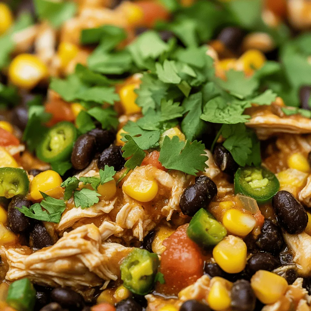 To make this dish, you need some simple, tasty ingredients. Here is what you will need: - 4 boneless, skinless chicken breasts - 1 can (15 oz) black beans, rinsed and drained - 1 can (15 oz) sweet corn, drained - 1 can (14.5 oz) diced tomatoes with green chilies - 1 medium onion, diced - 2 cloves garlic, minced - 2 tablespoons taco seasoning (store-bought or homemade) - 1 teaspoon ground cumin - 1 tablespoon lime juice - Salt and pepper to taste