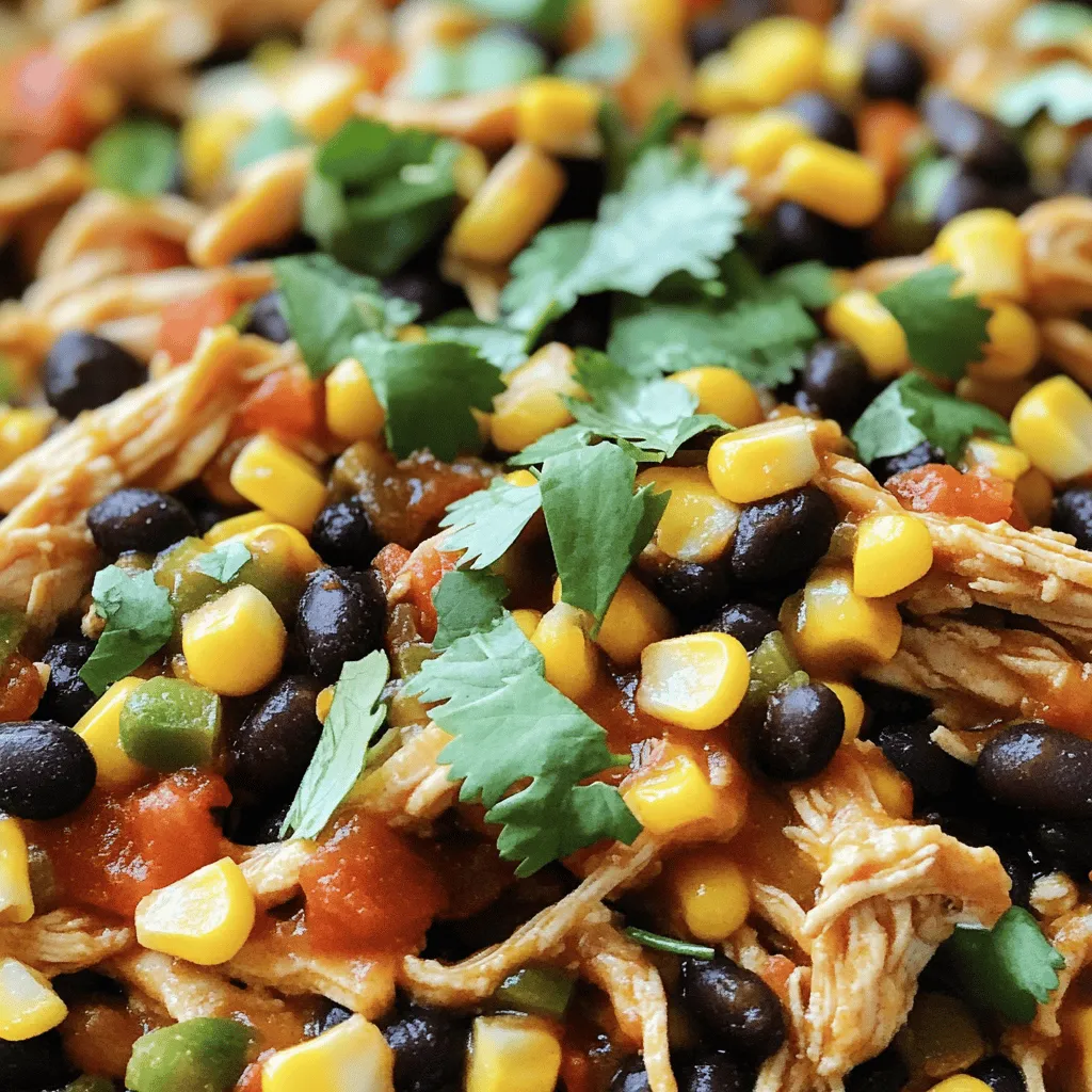 To make this dish, you need some simple, tasty ingredients. Here is what you will need: - 4 boneless, skinless chicken breasts - 1 can (15 oz) black beans, rinsed and drained - 1 can (15 oz) sweet corn, drained - 1 can (14.5 oz) diced tomatoes with green chilies - 1 medium onion, diced - 2 cloves garlic, minced - 2 tablespoons taco seasoning (store-bought or homemade) - 1 teaspoon ground cumin - 1 tablespoon lime juice - Salt and pepper to taste