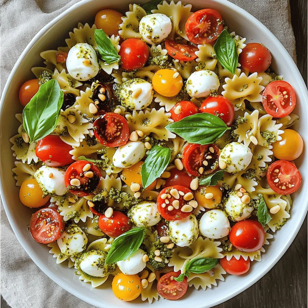 - 8 oz bowtie pasta (or your choice of pasta shape) - 1 cup cherry tomatoes, halved - 1 cup fresh mozzarella balls (bocconcini) - 1 cup fresh basil leaves, torn into bite-sized pieces - 1/2 cup homemade or store-bought pesto - 1/4 cup extra virgin olive oil - 2 tablespoons balsamic glaze - Salt and pepper to taste - Optional: 1/4 cup pine nuts, toasted for garnish To create a vibrant Pesto Caprese Pasta Salad, start with these main ingredients. The bowtie pasta gives a fun shape. Cherry tomatoes add sweetness and color. Fresh mozzarella brings creaminess, while basil offers a burst of flavor. The pesto ties everything together with its rich taste. You can also add some extra depth with the additional ingredients. Extra virgin olive oil enhances the salad's richness. Balsamic glaze adds a tangy note. Salt and pepper will balance the flavors. If you like a crunch, toasted pine nuts make a great topping. For the full recipe, follow the steps I describe later. This salad is fresh and easy to make, perfect for any meal! - Bring salted water to a rolling boil. - Cook bowtie pasta according to package instructions until al dente. - Drain and rinse under cold water to halt cooking. Cooking pasta is simple, but you want it just right. If it's too soft, your salad may turn mushy. I love using bowtie pasta for its fun shape and ability to hold flavors. Make sure to taste it a minute before the time is up. It should be firm but not hard. Once you drain the pasta, rinse it well under cold water. This stops the cooking and keeps it from sticking together. - In a large mixing bowl, combine cherry tomatoes, mozzarella, and basil. - Add the cooled pasta to the bowl. Start with fresh, ripe cherry tomatoes. Their sweet taste brightens the salad. I like to cut them in half to release their juices. Next, add mozzarella balls. They give a creamy texture that pairs well with the tomatoes. Finally, add torn basil leaves for a fresh aroma. When you add the cooled pasta, be gentle to avoid breaking the pasta and mixing everything evenly. - Drizzle olive oil and pesto over the pasta mixture. - Gently toss until everything is evenly coated. - Season with salt and pepper to taste. Now comes the fun part! Drizzle good olive oil and your favorite pesto over the mixed ingredients. I suggest using homemade pesto if you can, but store-bought works too. Toss gently with a large spoon; you want everything coated but not squished. Then, add salt and pepper. Taste as you go. This helps you find the perfect balance of flavors. - Drizzle balsamic glaze over the top. - If using, sprinkle toasted pine nuts for added crunch. - Allow the salad to rest for flavors to meld. For an extra kick, add a drizzle of balsamic glaze. The sweetness pairs beautifully with the savory elements. If you like crunch, sprinkle some toasted pine nuts on top. They add a nice texture. After mixing, let the salad sit for about 15 minutes. This resting time lets the flavors blend together. You can even chill it for up to two hours before serving. This Pesto Caprese Pasta Salad is now ready to shine on your table. For the full recipe, check below! - Serve the salad chilled or at room temperature. - To impress, use whole basil leaves for garnish. - Drizzle extra balsamic glaze on top for a fancy touch. - Taste the salad and adjust seasoning as needed. - Let the salad rest for about 15 minutes. This helps the flavors mix well. - Homemade pesto tastes fresh but takes time to make. - Store-bought pesto is quick and easy, but it may lack depth. - To boost store-bought pesto, add fresh garlic or a squeeze of lemon juice. For the complete recipe, check out [Full Recipe]. {{image_4}} To make your Pesto Caprese Pasta Salad more filling, you can add proteins. Grilled chicken or shrimp works great. Simply season and grill them until cooked. Cut them into bite-sized pieces and toss them into the salad. If you prefer a vegetarian option, consider chickpeas or beans. They add protein and keep it hearty. Changing the cheese can give your salad a new twist. Try adding feta or goat cheese for different flavors. Both cheeses bring a tangy taste that pairs well with the pesto. You can also mix in seasonal vegetables. Fresh bell peppers, zucchini, or even corn can add crunch and brightness to each bite. Switching up the pasta shape can change the dish’s look and texture. Fusilli, penne, or even whole-grain pasta are great options. If you want a low-carb meal, zucchini noodles are a fun alternative. They absorb flavors well and keep the salad light. Try these ideas to personalize your Pesto Caprese Pasta Salad. Each variation brings something new, making it fun to enjoy again and again. For the complete recipe, check out the [Full Recipe]. To keep your Pesto Caprese Pasta Salad fresh, refrigerate it in an airtight container. This keeps the flavors intact and prevents drying out. The salad stays fresh for about three days in the fridge. However, the pasta may absorb some of the pesto over time. This can change the texture slightly but won’t affect taste much. Can you freeze Pesto Caprese Pasta Salad? It’s not the best choice for freezing. The fresh ingredients, like tomatoes and mozzarella, do not freeze well. If you want to freeze it, here’s how: 1. Prepare the salad but skip adding fresh mozzarella and tomatoes. 2. Place the pasta and pesto mix in a freezer-safe bag. 3. Remove as much air as possible before sealing. 4. When ready to eat, thaw the salad overnight in the fridge. 5. Add the fresh mozzarella and tomatoes before serving. This way, you keep the salad fresh and flavorful. Enjoy every bite of this delicious dish! To boost flavors, try adding fresh lemon juice. The zest brightens up the dish. You can also mix in some grated Parmesan cheese for a salty kick. Consider adding garlic for a nice depth. A sprinkle of red pepper flakes adds heat. Experimenting with herbs like oregano or thyme can create a unique twist. Yes, you can prepare this salad a few hours before serving. It tastes best when it sits for about 15 minutes, but chilling it for up to 2 hours enhances the flavors. If you make it a day ahead, keep the dressing separate until serving. This prevents the pasta from becoming soggy. You can swap bowtie pasta for any shape you like. Use grape tomatoes instead of cherry tomatoes if you prefer. For a dairy-free option, substitute mozzarella with avocado or vegan cheese. If you don’t have pesto, a mix of olive oil, garlic, and herbs works well. Feel free to add any seasonal vegetables you enjoy. Absolutely! This salad packs well for lunches or events. Store it in airtight containers to keep it fresh. Layer the ingredients to maintain texture. Keep the dressing on the side until you’re ready to eat. This way, your salad stays crisp and tasty. For the best results, use within three days. This blog post shows you how to make a tasty Pesto Caprese Pasta Salad. You learned about key ingredients, step-by-step instructions, and helpful tips. Remember, you can mix in proteins and adjust flavors to suit your taste. Enjoy it chilled or at room temperature for a refreshing meal. Keep leftovers in the fridge for a few days, or try freezing them. This salad is great for meal prep and gatherings. With these tips, you can create a dish that delights everyone!
