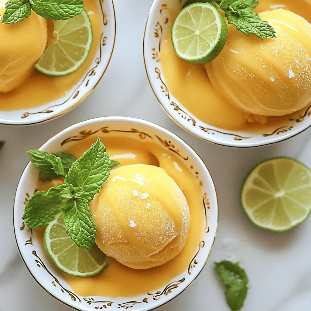 - <strong>Ripe mangoes</strong>: Choose mangoes that feel soft but not mushy. The skin should have a rich color. Look for a sweet aroma near the stem. Perfect mangoes give the best flavor.” /></p>
</p>
<h2>Variations</h2>
</p>
<h3>Vegan Options</h3>
<p>You can easily make mango sorbet vegan. To do this, just swap honey for agave syrup. Agave gives a similar sweetness without animal products. Coconut water remains a great base. It adds flavor and creaminess. With these swaps, you stay true to vegan choices while savoring the delicious taste.</p>
</p>
<h3>Flavor Enhancements</h3>
<p>Want to add a twist? Consider mixing in fresh herbs or spices. Mint can bring a refreshing kick. Just add a few leaves into the blender with the mango. Basil can add a unique taste, too. For some warmth, try a pinch of cinnamon or ginger. These flavors can transform your sorbet into a gourmet treat.</p>
</p>
<h3>Mix-Ins</h3>
<p>You can also include different fruits. Try adding berries for a pop of color and flavor. Strawberries or raspberries blend well with mango. Chop them up and stir them in right before freezing. Nuts can add a nice crunch. Almonds or coconut flakes make tasty add-ins. These mix-ins will give your sorbet extra texture and fun.</p>
</p>
<h2>Storage Info</h2>
</p>
<h3>Best Practices for Freezing</h3>
<p>To keep your mango sorbet fresh, store it in an airtight container. Make sure the lid seals well. This prevents ice crystals from forming. You can also use a shallow dish. Cover it tightly with plastic wrap. This method helps the sorbet freeze evenly. Always let it cool to room temperature before freezing.</p>
</p>
<h3>Re-freezing Techniques</h3>
<p>If your sorbet becomes too hard, don’t worry! Take it out of the freezer and let it sit for about 10 minutes. This softens it slightly. Use a fork to scrape and stir it. You can blend it again for a smoother texture. Then, return it to the container and refreeze. This method helps restore its creamy consistency.</p>
</p>
<h3>Shelf Life</h3>
<p>Homemade mango sorbet can last up to two weeks in the freezer. After that, it may lose its flavor and texture. Always check for changes in smell or color. If it looks or smells off, it is best to throw it away. Enjoy it while it’s fresh for the best taste! For more detailed guidelines, check the Full Recipe.</p>
</p>
<h2>FAQs</h2>
</p>
<h3>How long does it take to make mango sorbet?</h3>
<p>Making mango sorbet takes about 4 hours and 30 minutes. Here’s the breakdown:</p>
</p>
<p>– <strong>Prep Time:</strong> 15 minutes to peel and dice the mangoes.</p>
<p>– <strong>Initial Freezing:</strong> 2 hours until the edges start to freeze.</p>
<p>– <strong>Stirring and Final Freezing:</strong> 2 to 3 hours, stirring every 30 minutes.</p>
<p>– <strong>Serve Time:</strong> Once frozen, serve right away for the best taste.</p>
</p>
<h3>Can I use frozen mangoes for this recipe?</h3>
<p>Yes, you can use frozen mangoes. Here are the pros and cons:</p>
</p>
<p>– <strong>Pros:</strong></p>
<p>– Frozen mangoes are often picked at peak ripeness.</p>
<p>– They save time since you don’t need to peel or dice them.</p>
</p>
<p>– <strong>Cons:</strong></p>
<p>– Frozen mangoes may have a slightly different texture.</p>
<p>– They might not be as sweet as fresh mangoes.</p>
</p>
<p>If you use frozen mangoes, adjust the sweetener to your taste.</p>
</p>
<h3>Is mango sorbet healthy?</h3>
<p>Mango sorbet can be a healthy choice. Here’s why:</p>
</p>
<p>– <strong>Low in Calories:</strong> It has fewer calories than many creamy desserts.</p>
<p>– <strong>Nutrient-Rich:</strong> Mangoes are high in vitamins A and C.</p>
<p>– <strong>Natural Ingredients:</strong> Using coconut water and honey keeps it clean and simple.</p>
</p>
<p>Always check the sweetener amount. Less sweetener means a healthier treat. Enjoy your mango sorbet knowing it is both delicious and nutritious!</p>
</p>
<p>You’ve learned how to make delicious mango sorbet from ripe mangoes and coconut water. Choosing sweeteners and balancing flavors are key to the best taste. Don’t forget about fun variations and ways to present your dessert nicely.</p>
</p>
<p>Enjoy your tasty treat! Making homemade sorbet is easy and fun. It’s a delightful way to cool off and impress friends. Now, grab your mangoes and start blending!</p>
<div id=