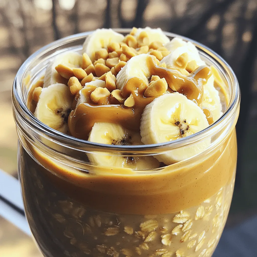 To make your Peanut Butter Banana Overnight Oats, gather these simple items: - 1 cup rolled oats - 2 cups almond milk (or any milk of your choice) - 2 ripe bananas, sliced - 1/2 cup creamy peanut butter - 2 tablespoons honey or maple syrup (optional) - 1 teaspoon vanilla extract - 1/2 teaspoon ground cinnamon - A pinch of salt - Chopped peanuts and extra banana slices for topping You can make these oats your own! Here are some swaps: - Oats: Quick oats or steel-cut oats can work too. - Milk: Use coconut milk, soy milk, or any nut milk. - Peanut Butter: Almond or cashew butter can add a new taste. - Sweetener: Agave syrup or stevia can replace honey or maple syrup. - Bananas: Applesauce or mashed avocado can add creaminess. Each serving of these oats packs a healthy punch. Here’s what you get: - Calories: About 450 - Protein: 15g - Fat: 18g - Carbohydrates: 60g - Fiber: 8g - Sugar: 15g This mix offers energy and keeps you full. The oats provide fiber, while bananas add potassium. Peanut butter gives protein and healthy fats. You can find the full recipe for these delightful oats above! Making peanut butter banana overnight oats is simple and fun. You need just a few steps. In less than ten minutes, you can have a healthy breakfast ready. It soaks overnight, making it easy for busy mornings. You will love the creamy texture and rich flavor. 1. Combine the Dry Ingredients: Start by putting 1 cup of rolled oats in a large bowl. This is the base of your oats. 2. Add the Milk: Pour in 2 cups of almond milk. You can use any milk you like, such as oat or soy milk. 3. Mix in Peanut Butter: Add 1/2 cup of creamy peanut butter. Stir until it is smooth. This step is key for flavor. 4. Sweeten as Desired: If you want your oats sweeter, add 2 tablespoons of honey or maple syrup. This is optional but adds a nice touch. 5. Flavor It Up: Mix in 1 teaspoon of vanilla extract, 1/2 teaspoon of ground cinnamon, and a pinch of salt. These ingredients boost the taste. 6. Fold in Bananas: Gently add half of the sliced bananas. This gives a nice banana flavor throughout. Save the other half for topping. 7. Divide and Store: Split the oat mixture into two jars or containers. Make sure they are airtight to keep them fresh. 8. Refrigerate Overnight: Place the jars in the fridge overnight. This soaking time is important for creamy oats. 9. Ready to Serve: The next morning, stir the oats to mix everything well. Top with the rest of the banana slices and some chopped peanuts. 10. Enjoy Cold or Warm: You can eat them cold or heat them in the microwave for about 30 seconds. To make your oats look nice, layer them in a clear jar. This shows off the banana slices and peanut butter swirls. Drizzle a bit of honey on top for extra sweetness. Enjoy your peanut butter banana overnight oats as a tasty breakfast or snack. They are healthy and satisfying! For the full recipe, check the recipe section above. To get the best texture in your Peanut Butter Banana Overnight Oats, use rolled oats. They soak well and stay chewy. If you want a creamier mix, add more almond milk or yogurt. Mixing in extra banana slices adds sweetness and a fresh flavor. A pinch of salt brings out the taste, making each bite better. You can make these oats a few days in advance. Store them in airtight containers in the fridge. They last up to five days. Just remember to layer in the banana slices right before serving. This keeps them fresh and bright. One mistake is not mixing the peanut butter well. You want it fully blended into the oats and milk. Another mistake is using too much liquid. This can make your oats too soggy. Stick to the recipe for best results. Lastly, don’t skip the toppings! Chopped peanuts add a nice crunch that makes your oats even better. For the full recipe, check out the Peanut Butter Banana Bliss Overnight Oats section. {{image_4}} You can change the flavors in your peanut butter banana overnight oats. Try adding cocoa powder for a chocolate twist. This gives your oats a rich taste. You could also add chia seeds for extra crunch and nutrition. They add a fun texture and boost fiber. If you want something fruity, toss in berries or diced apples. Each fruit gives a different flavor and keeps it exciting. Want dairy-free options? Use almond milk or oat milk instead of regular milk. These choices make the dish light and creamy. If you're vegan, skip honey and use maple syrup. This keeps your oats sweet without animal products. You can also swap peanut butter for almond or cashew butter. This change keeps the same creamy texture while adding new flavors. In summer, fresh strawberries or peaches work well. They add a juicy taste that brightens your meal. In fall, try adding pumpkin puree and spices like nutmeg. This gives a warm, cozy flavor perfect for the season. During winter, nuts like pecans or walnuts add crunch. They pair nicely with the oats and bananas. You can always mix it up with seasonal ingredients to keep breakfast fresh and fun. To keep your peanut butter banana overnight oats fresh, store them in airtight jars. This prevents air from getting in, which can spoil your oats. Make sure to place them in the fridge right after making them. They should stay good for your busy mornings. If you want to save some oats for later, freezing is a great option. Portion your oats into freezer-safe containers. Leave a bit of space at the top, as they will expand when frozen. You can thaw them overnight in the fridge or pop them in the microwave for a quick breakfast. In the fridge, your peanut butter banana overnight oats will stay fresh for about 3 to 5 days. If frozen, they can last for about 2 to 3 months. Just remember to check for any signs of spoilage before eating. Enjoy your oats while they are fresh for the best taste! You can find the full recipe linked above for more details. Overnight oats need to soak for at least 6 hours. This time allows the oats to absorb the liquid and soften. For best results, let them sit in the fridge overnight. You can also soak them for up to 24 hours if you like a softer texture. Yes, you can use any nut butter you prefer. Almond butter, cashew butter, or even sun butter work well. Each nut butter adds its own flavor. If you are allergic to nuts, try sunflower seed butter for a safe option. Oatmeal is very healthy. It is high in fiber, which helps digestion. It keeps you full longer, making it great for weight control. Oats also provide essential vitamins and minerals. They can help lower cholesterol levels and improve heart health. Plus, they are a good source of energy to start your day. For the full recipe, check out Peanut Butter Banana Bliss Overnight Oats 🥜. This blog post covered all you need to know about making overnight oats. We explored the key ingredients, where to find tasty substitutions, and their nutritional perks. I shared step-by-step instructions to guide your prep and serving. Useful tips helped you perfect texture and flavor while avoiding common mistakes. Variations let you tailor the dish to your taste and diet. Finally, storage tips ensure your oats stay fresh. Dive into overnight oats and enjoy a nutritious breakfast that fits your style.